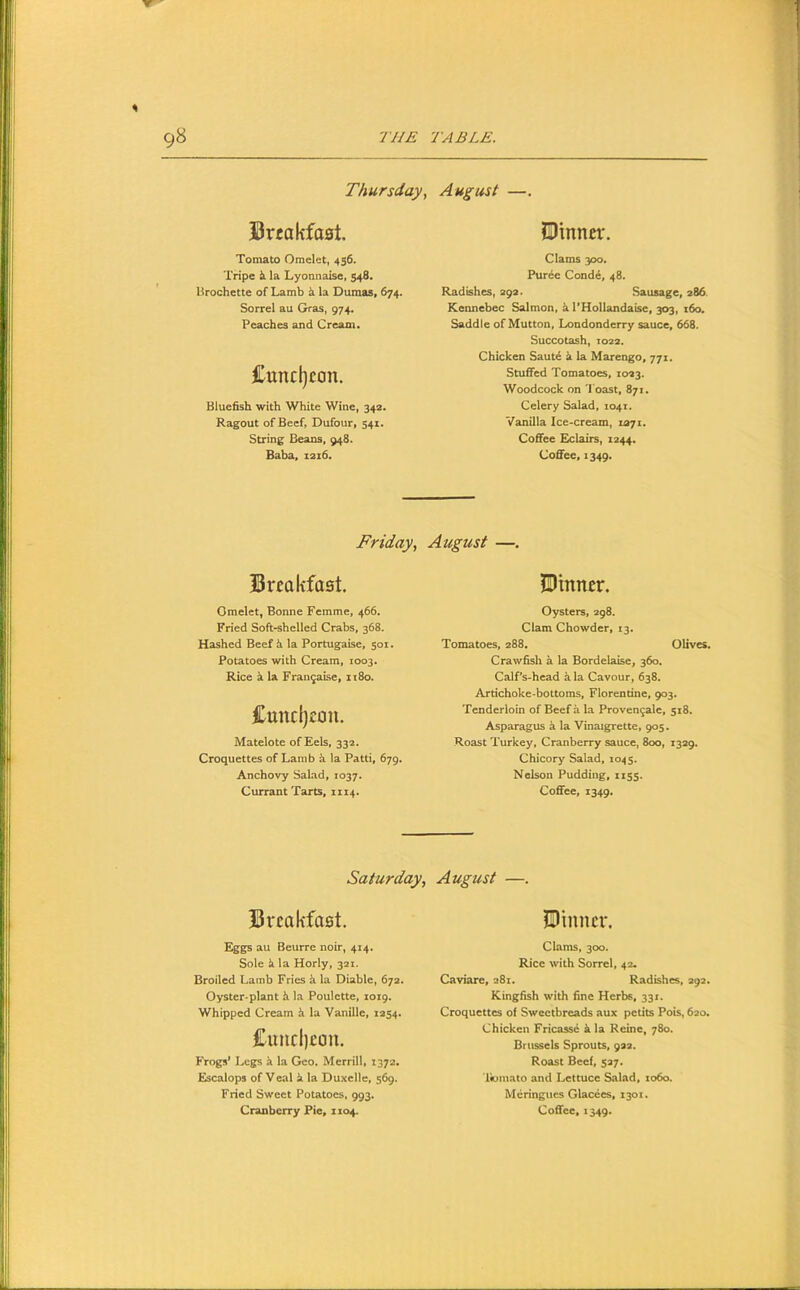 Thursday, August —. 33rtakfast. Dimm\ Tomato Omelet, 456. Tripe ^ la Lyonnaise, 548. Brochette of Lamb ^ la Dumas* 674. Sorrel au Gras, 974. Peaches and Cream. Cuncljcon. Bluefish with White Wine, 342. Ragout of Beef, Dufour, 541. String Beans, 94S. Baba, iai6. Clams 300. Puree Cond£, 48. Radishes, 292. Sausage, 286. Kennebec Salmon, h I’HolIandaise, 303, 160. Saddle of Mutton, Londonderry sauce, 668. Succotash, 1022. Chicken Saut6 k la Marengo, 771. Stuffed Tomatoes, 1023. Woodcock on Toast, 871. Celery Salad, 1041. Vanilla Ice-cream, layi. Coffee Eclairs, 1244. Coffee, 1349. Friday, August —. Breakfast. IDinner. Omelet, Bonne Femme, 466. Fried Soft-shelled Crabs, 368. Hashed Beef h. la Portugaise, 501. Potatoes with Cream, 1003. Rice k la FrangaLse, 1180. Cuncljeon. Matelote of Eels, 332. Croquettes of Lamb a la Patti, 679. Anchovy Salad, 1037. Currant Tarts, 1114. Oysters, 298. Clam Chowder, 13, Tomatoes, 288. Olives. Crawfish a la Bordelaise, 360. Calf's-head kla Cavour, 638. Artichoke-bottoms, Florentine, 903. Tenderloin of Beef a la Proven^ale, 518. Asparagus a la Vinaigrette, 905. Roast Turkey, Cranberry sauce, 800, 1329. Chicory Salad, 1045. Nelson Pudding, 1155. Coffee, 1349. Saturday, August —. Brcakfaet. IDinncr. Eggs au Beurre noir, 414. Sole ^ la Horly, 321. Broiled Lamb Fries k la Diablc, 672. Oyster-plant k la Poulctte, 1019. Whipped Cream k la Vanille, 1254. Cund)cou. Frogs’ Legs k la Geo. Merrill, 1372. Escalops of Veal k la Du.\elle, 569. Fried Sweet Potatoes, 993. Clams, 300. Rice with Sorrel, 42. Caviare, 281. Radishes, 292. Kingfish with fine Herbs, 331. Croquettes oi Sweetbreads aux petits Pois, 620. Chicken Fricass6 k la Reine, 780. Brussels Sprouts, 922. Roast Beef, 527. iioinato and Lettuce Salad, 1060. Meringues Glacees, 1301.