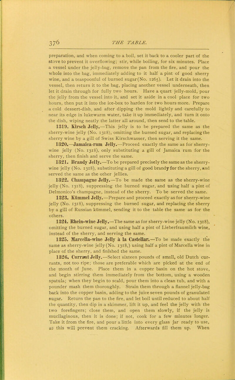 preparation, and when coming to a boil, set it back to a cooler part of the stove to prevent it overflowing; stir, while boiling, for six minutes. Place a vessel under the jelly-bag, remove the pan from the fire, and pour the whole into the bag, immediately adding to it half a pint of good sherry wine, and a teaspoonful of burned sugar(No. 1265). Let it drain into the vessel, then return it to the bag, placing another vessel underneath, then let it drain through for fully two hours. Have a quart jelly-mold, pour the jelly' from the vessel into it, and set it aside in a cool place for two hours, then put it into the ice-box to harden for two hours more. Prepare a cold dessert-dish, and after dipping the mold lightly and carefully to near its edge in lukewarm water, take it up immediately, and turn it onto the dish, wiping neatly the latter all around, then send to the table. 1319. Kirsch Jelly.—This jelly is to be prepared the same as the sherry-wine jelly (No. 1318), omitting the burned sugar, and replacingthe sherry wine by a gill of Swiss Kirschwasser, then serving it the same. 1320. —Jamaica-riuil Jelly.—Proceed exactly the same as for sherry- wine jelly (No. 1318), only substituting a gill of Jamaica rum for the sherry, then finish and serve the same. 1321. Braudy Jelly.—To be prepared precisely the same as the sherry'- wine jelly (No. 1318), substituting a gill of good brandy for the sherry, and served the same as the other jellies. 1322. Cliainpague Jelly.—To be made the same as the sherry-wine jelly (No. 1318), suppressing the burned sugar, and using half a pint of Delmonico’s champagne, instead of the sherry. To be served the same. 1323. Kiiminel Jelly.—Prepare and proceed exactly as for sherry-wine jelly (No. 1318), suppressing the burned sugar, and replacing the sherry by a gill of Russian kiimmel, sending it to the table the same as for the others. 1324. Rhein-wiiie Jelly.—The same as for sherry-wine jelly (No. 1318), omitting the burned sugar, and using half a pint of Lieberfraumilch wine, instead of the sherry, and serving the same. 1325. Marcella-wine Jelly il la Castellar.—To be made exactly the same as sherry-wine jelly (No. 1318,) using, half a pint of Marcella wine in place of the sherry, and finished the same. 1326. Curraiit Jelly.—Select sixteen pounds of small, old Dutch cur- rants, not too ripe; those are preferable which are picked at the end of the month of June. Place them in a copper basin on the hot stove, and begin stirring them immediately from the bottom, using a wooden spatula; when they begin to scald, pour them into a clean tub, and with a pounder mash them thoroughly. Strain them through a flannel jelly-bag back into the copper basin, adding to the juice seven pounds of granulated sugar. Return the pan to the fire, and let boil until reduced to about half the quantity, then dip in a skimmer, lift it up, and feel the jelly with the two forefingers; close them, and open them slowly, if the jelly is mucilaginous, then it is done; if not, cook for a few minutes longer. Take it from the fire, and pour a little into every glass jar ready to use, as this will prevent them cracking. Afterwards fill them up. When
