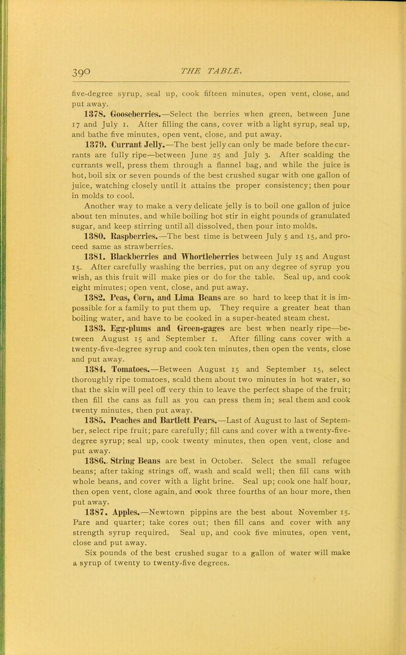 five-degree syrup, seal up, cook fifteen minutes, open vent, close, and put away. 1378. Gooseberries.—Select the berries when green, between June 17 and July i. After filling the cans, cover with a light syrup, seal up, and bathe five minutes, open vent, close, and put away. 1379. Currant Jelly.—The best jelly can only be made before the cur- rants are fully ripe—between June 25 and July 3. After scalding the currants well, press them through a flannel bag, and while the juice is hot, boil six or seven pounds of the best crushed sugar with one gallon of juice, watching closely until it attains the proper consistency; then pour in molds to cool. Another way to make a very delicate jelly is to boil one gallon of juice about ten minutes, and while boiling hot stir in eight pounds of granulated sugar, and keep stirring until all dissolved, then pour into molds. 1380. Raspberries.—The best time is between July 5 and 15, and pro- ceed same as strawberries. 1381. Blackberries and WliortlebeiTies between July 15 and August 15. After carefully washing the berries, put on any degree of syrup you wish, as this fruit will make pies or do for the table. Seal up, and cook eight minutes; open vent, close, and put away. 1382. Peas, Corn, and Lima Beaus are so hard to keep that it is im- possible for a family to put them up. They require a greater heat than boiling water, and have to be cooked in a super-heated steam chest. 1383. Egg-plums and Green-gages are best when nearly ripe—be- tween August 15 and September i. After filling cans cover with a twenty-five-degree syrup and cook ten minutes, then open the vents, close and put away. 1381. Tomatoes.—Between August 15 and September 15, select thoroughly ripe tomatoes, scald them about two minutes in hot water, so that the skin will peel off very thin to leave the perfect shape of the fruit; then fill the cans as full as you can press them in; seal them and cook twenty minutes, then put away. 1385. Peaches and Bartlett Pears.—Last of August to last of Septem- ber, select ripe fruit; pare carefully; fill cans and cover with a twenty-five- degree syrup; seal up, cook twenty minutes, then open vent, close and put away. 1386., String Beans are best in October. Select the small refugee beans; after taking strings off, wash and scald well; then fill cans with whole beans, and cover with a light brine. Seal up; cook one half hour, then open vent, close again, and oook three fourths of an hour more, then put away. 1387. Apples.—Newtown pippins are the best about November 15. Pare and quarter; take cores out; then fill cans and cover with any strength syrup required. Seal up, and cook five minutes, open vent, close and put away. Six pounds of the best crushed sugar to a gallon of water will make a syrup of twenty to twenty-five degrees.