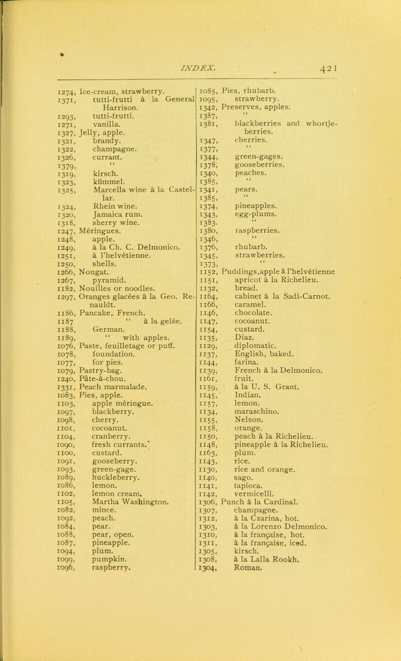 1274, Ice-cream, strawberry. 1371, tutti-frutti A la General Harrison. 1293, tutti-frutti. 1271, vanilla. 1327, Jelly, apple. 1321, brandy. 1322, champagne. 1326, currant. 1379. 1319, kirsch. 1323, kilmmel. 1325, Marcella wine a la Castel- lar. 1324, Rhein wine. 1320, Jamaica rum. 1318, sherry wine. 1247, Meringues. 1248, apple. 1249, a la Ch. C. Delmonico. 1251, a l’helv6tienne. 1250, shells. 1266, Nougat. 1267, pyramid. 1182, Nouilles or noodles. 1297, Oranges glac6es A la Geo. Re- nauldt. 1186, Pancake, French. 1187 “ A la gel6e. 1188, German. 1189, “ with apples. 1076, Paste, feuilletage or puff. 1078, foundation. 1077, for pies. 1079, Pastry-bag. 1240, Pate-A-chou. 1331, Peach marmalade. 1083, Pies, apple. 1103, apple meringue. 1097, blackberry. 1098, cherry, iior, cocoanut. 1104, cranberry. 1090, fresh currants.’ 1100, custard. 1091, gooseberry. 1093, green-gage. 1089, huckleberry. 1086, lemon. 1102, lemon cream, 1105, Martha Washington. 1082, mince. 1092, peach. 1084, pear. 1088, pear, open. 1087, pineapple. 1094, plum. 1099, pumpkin. 1096, raspberry. 1085, Pies, rhubarb. 1095, strawberry. 1342, Preserves, apples. 1387. 1381, blackberries and whortle- berries. 1347, cherries. 1377, 1344, green-gages. 1378, gooseberries. 1340, peaches. 1385. 1341, pears. 1385. I374i pineapples. 1343. egg-plums. 1383. 1380, raspberries. 1346. 1376, rhubarb. 1345, strawberries. 1373. 1152, Puddings,apple A l’helv6tienne 1151, apricot a la Richelieu. 1132, bread. 1164, cabinet A la Sadi-Camot. 1166, caramel. 1146, chocolate. 1147, cocoanut. 1154, custard. 1135, Diaz. 1129, diplomatic. 1137, English, baked. 1144, farina. 1139, French A la Delmonico. 1161, fruit. 1159, A la U. S. Grant. 1145, Indian. 1157, lemon. 1134, maraschino. 1155, Nelson. 1158, orange. 1150, peach A la Richelieu. 1148, pineapple A la Richelieu. 1163, plum. 1143, rice. 1130, rice and orange. 1140, sago. 1141, tapioca. 1142, vermicelli. 1306, Punch A la Cardinal. 1307, champagne. 1312, A la Czarina, hot. 1303, A la Lorenzo Delmonico. 1310, A la fran9aisc, hot. 1311, A la frangaise, iced. 1305, kirsch. 1308, A la Lai la Rookh. 1304, Roman.