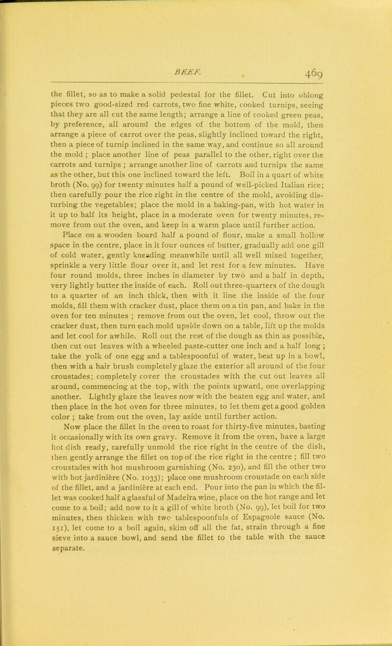 the fillet, so as to make a solid pedestal for the fillet. Cut into oblong pieces two good-sized red carrots, two fine white, cooked turnips, seeing that they are all cut the same length; arrange a line of cooked green peas, by preference, all around the edges of the bottom of the mold, then arrange a piece of carrot over the peas, slightly inclined toward the right, then a piece of turnip inclined in the same way, and continue so all around the mold ; place another line of peas parallel to the other, right over the carrots and turnips ; arrange another line of carrots and turnips the same as the other, but this one inclined toward the left. Boil in a quart of white broth (No. gg) for twenty minutes half a pound of well-picked Italian rice; then carefully pour the rice right in the centre of the mold, avoiding dis- turbing the vegetables; place the mold in a baking-pan, with hot water in it up to half its height, place in a moderate oven for twenty minutes, re- move from out the oven, and keep in a warm place until further action. Place on a wooden board half a pound of flour, make a small hollow space in the centre, place in it four ounces of butter, gradually add one gill of cold water, gently kneading meanwhile until all well mixed together, sprinkle a very little flour over it, and let rest for a few minutes. Have four round molds, three inches in diameter by two and a half in depth, very lightly butter the inside of each. Roll out three-quarters of the dough to a quarter of an inch thick, then with it line the inside of the four molds, fill them with cracker dust, place them on a tin pan, and bake in the oven for ten minutes ; remove from out the oven, let cool, throw out the cracker dust, then turn each mold upside down on a table, lift up the molds and let cool for awhile. Roll out the rest of the dough as thin as possible, then cut out leaves with a wheeled paste-cutter one inch and a half long ; take the yolk of one egg and a tablespoonful of water, beat up in a bowl, then with a hair brush completely glaze the exterior all around of the four croustades; completely cover the croustades with the cut out leaves all around, commencing at the top, with the points upward, one overlapping another. Lightly glaze the leaves now with the beaten egg and water, and then place in the hot oven for three minutes, to let them get a good golden color ; take from out the oven, lay aside until further action. Now place the fillet in the oven to roast for thirty-five minutes, basting it occasionally with its own gravy. Remove it from the oven, have a large hot dish ready, carefully unmold the rice right in the centre of the dish, then gently arrange the fillet on top of the rice right in the centre ; fill two croustades with hot mushroom garnishing (No. 230), and fill the other two with hot jardiniere (No. 1033); place one mushroom croustade on each side of the fillet, and a jardiniere at each end. Pour into the pan in which the fil- let was cooked half aglassful of Madeira wine, place on the hot range and let come to a boil; add now to it a gill of white broth (No. gg), let boil for two minutes, then thicken with two tablespoonfuls of Espagnole sauce (No. 151), let come to a boil again, skim off all the fat, strain through a fine sieve into a sauce bowl, and send the fillet to the table with the sauce separate.