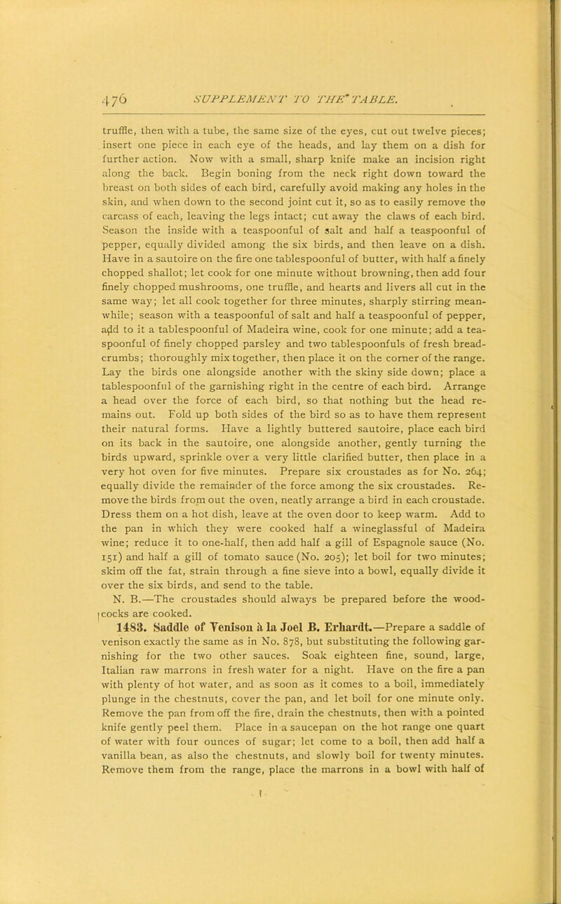 truffle, then with a tube, the same size of the eyes, cut out twelve pieces; insert one piece in each eye of the heads, and lay them on a dish for further action. Now with a small, sharp knife make an incision right along the back. Begin boning from the neck right down toward the breast on both sides of each bird, carefully avoid making any holes in the skin, and when down to the second joint cut it, so as to easily remove the carcass of each, leaving the legs intact; cut away the claws of each bird. Season the inside with a teaspoonful of salt and half a teaspoonful of pepper, equally divided among the six birds, and then leave on a dish. Have in a sautoire on the fire one tablespoonful of butter, with half a finely chopped shallot; let cook for one minute without browning, then add four finely chopped mushrooms, one truffle, and hearts and livers all cut in the same way; let all cook together for three minutes, sharply stirring mean- while; season with a teaspoonful of salt and half a teaspoonful of pepper, a^d to it a tablespoonful of Madeira wine, cook for one minute; add a tea- spoonful of finely chopped parsley and two tablespoonfuls of fresh bread- crumbs; thoroughly mix together, then place it on the corner of the range. Lay the birds one alongside another with the skiny side down; place a tablespoonfnl of the garnishing right in the centre of each bird. Arrange a head over the force of each bird, so that nothing but the head re- mains out. Fold up both sides of the bird so as to have them represent their natural forms. Have a lightly buttered sautoire, place each bird on its back in the sautoire, one alongside another, gently turning the birds upward, sprinkle over a very little clarified butter, then place in a very hot oven for five minutes. Prepare six croustades as for No. 264; equally divide the remainder of the force among the six croustades. Re- move the birds from out the oven, neatly arrange a bird in each croustade. Dress them on a hot dish, leave at the oven door to keep warm. Add to the pan in which they were cooked half a wineglassful of Madeira wine; reduce it to one-half, then add half a gill of Espagnole sauce (No. 151) and half a gill of tomato sauce (No. 205); let boil for two minutes; skim off the fat, strain through a fine sieve into a bowl, equally divide it over the six birds, and send to the table. N. B.—The croustades should always be prepared before the wood- I cocks are cooked. 1483. Saddle of Yenisou il la Joel B. Erhardt.—Prepare a saddle of venison exactly the same as in No. S78, but substituting the following gar- nishing for the two other sauces. Soak eighteen fine, sound, large, Italian raw marrons in fresh water for a night. Have on the fire a pan with plenty of hot water, and as soon as it comes to a boil, immediately plunge in the chestnuts, cover the pan, and let boil for one minute only. Remove the pan from off the fire, drain the chestnuts, then with a pointed knife gently peel them. Place in a saucepan on the hot range one quart of water with four ounces of sugar; let come to a boil, then add half a f, vanilla bean, as also the chestnuts, and slowly boil for twenty minutes. | Remove them from the range, place the marrons in a bowl with half of i ' < >