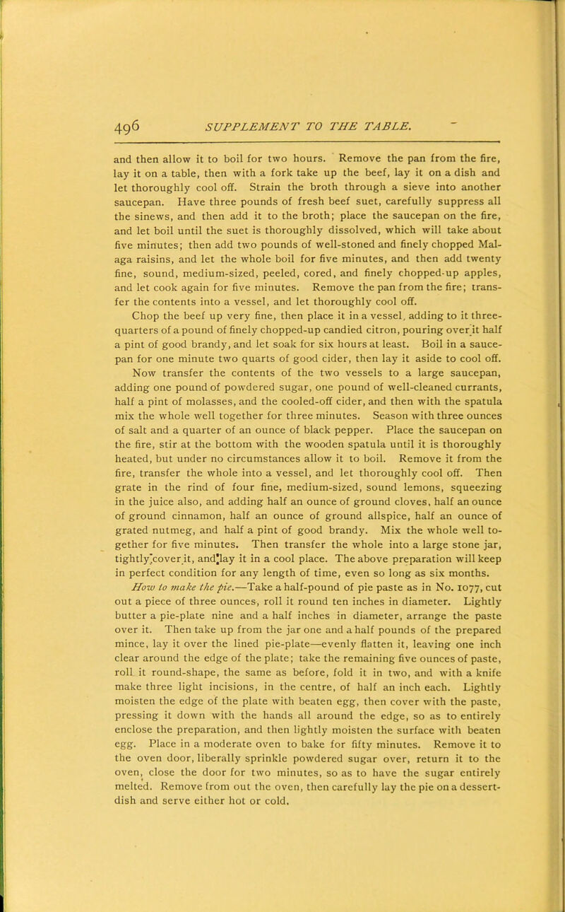 and then allow it to boil for two hours. Remove the pan from the fire, lay it on a table, then with a fork take up the beef, lay it on a dish and let thoroughly cool off. Strain the broth through a sieve into another saucepan. Have three pounds of fresh beef suet, carefully suppress all the sinews, and then add it to the broth; place the saucepan on the fire, and let boil until the suet is thoroughly dissolved, which will take about five minutes; then add two pounds of well-stoned and finely chopped Mal- aga raisins, and let the whole boil for five minutes, and then add twenty fine, sound, medium-sized, peeled, cored, and finely chopped-up apples, and let cook again for five minutes. Remove the pan from the fire; trans- fer the contents into a vessel, and let thoroughly cool off. Chop the beef up very fine, then place it in a vessel, adding to it three- quarters of a pound of finely chopped-up candied citron, pouring over it half a pint of good brandy, and let soak for six hours at least. Boil in a sauce- pan for one minute two quarts of good cider, then lay it aside to cool off. Now transfer the contents of the two vessels to a large saucepan, adding one pound of powdered sugar, one pound of well-cleaned currants, half a pint of molasses, and the cooled-off cider, and then with the spatula mix the whole well together for three minutes. Season with three ounces of salt and a quarter of an ounce of black pepper. Place the saucepan on the fire, stir at the bottom with the wooden spatula until it is thoroughly heated, but under no circumstances allow it to boil. Remove it from the fire, transfer the whole into a vessel, and let thoroughly cool off. Then grate in the rind of four fine, medium-sized, sound lemons, squeezing in the juice also, and adding half an ounce of ground cloves, half an ounce of ground cinnamon, half an ounce of ground allspice, half an ounce of grated nutmeg, and half a pint of good brandy. Mix the whole well to- gether for five minutes. Then transfer the whole into a large stone jar, tightly'cover it, and]lay it in a cool place. The above preparation will keep in perfect condition for any length of time, even so long as six months. How io make the pie.—Take a half-pound of pie paste as in No. 1077, cut out a piece of three ounces, roll it round ten inches in diameter. Lightly butter a pie-plate nine and a half inches in diameter, arrange the paste over it. Then take up from the jar one and a half pounds of the prepared mince, lay it over the lined pie-plate—evenly flatten it, leaving one inch clear around the edge of the plate; take the remaining five ounces of paste, roll it round-shape, the same as before, fold it in two, and with a knife make three light incisions, in the centre, of half an inch each. Lightly moisten the edge of the plate with beaten egg, then cover with the paste, pressing it down with the hands all around the edge, so as to entirely enclose the preparation, and then lightly moisten the surface with beaten egg. Place in a moderate oven to bake for fifty minutes. Remove it to the oven door, liberally sprinkle powdered sugar over, return it to the oven, close the door for two minutes, so as to have the sugar entirely melted. Remove from out the oven, then carefully lay the pie on a dessert- dish and serve either hot or cold.