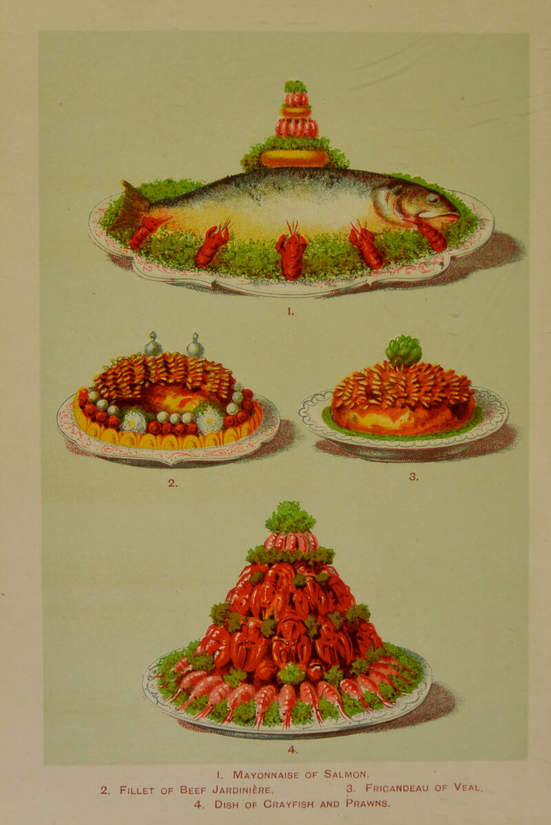 I. Mayonnaise of Salmon. 2. Fillet of Beef Jardiniere. 3. Fricandeau of Veal. 4. Dish of Crayfish and Prawns.
