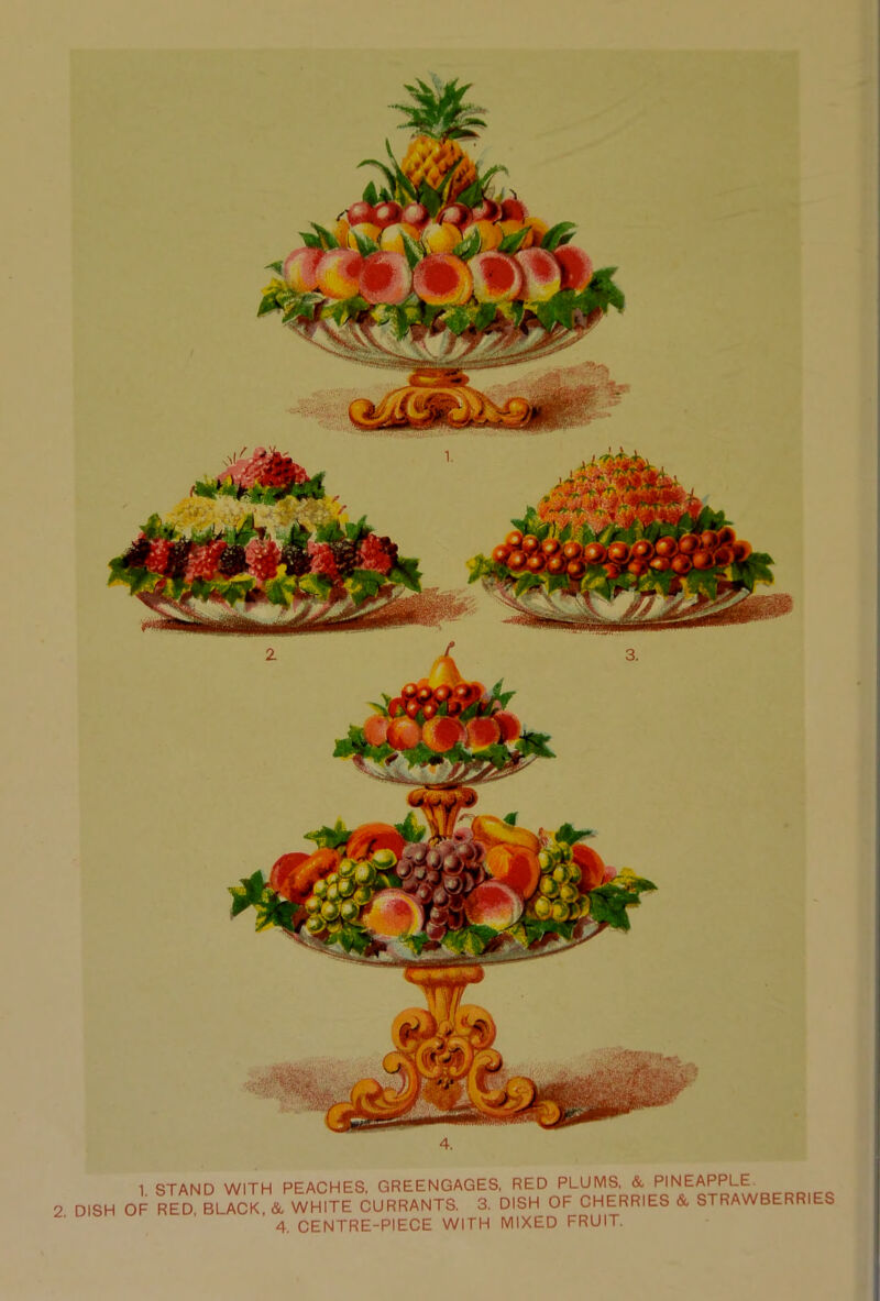 1 STAND WITH PEACHES, GREENGAGES, RED PLUMS. & PINEAPPLE 2 DISH OF RED, BLACK, & WHITE CURRANTS. 3. DISH OF CHERRIES & STRAWBERRIES 4. CENTRE-PIECE WITH MIXED FRUIT.