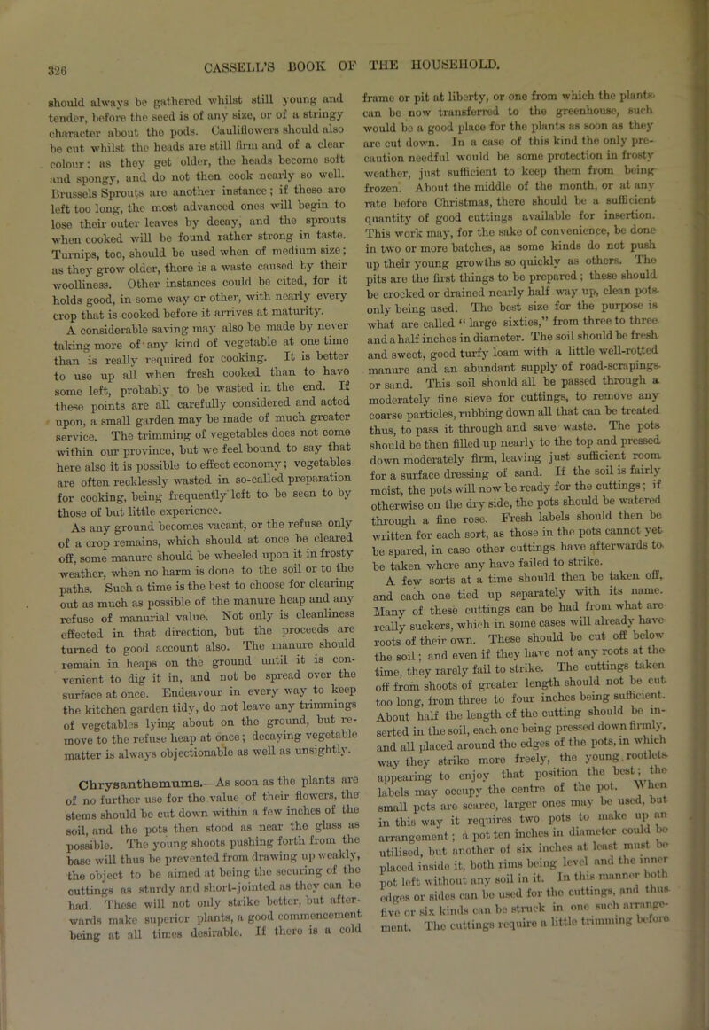 should always bo gathered whilst still young and tender, before the seed is of any size, or of a stringy character about tho pods. Cauliflowers should also be cut whilst the heads are still firm and of a clcai colour; as they get older, the heads become soft and spongy, and do not then cook nearly so well. Brussels Sprouts aro another instance; if thcso aro left too long, the most advanced ones will begin to lose thoir outer leaves by decay, and the sprouts when cooked will be found rather strong in taste. Turnips, too, should be used when of medium size; as they grow older, there is a waste caused ty their woolli'ness. Other instances could be cited, for it holds good, in some way or other, with nearly every crop that is cooked before it arrives at maturity. A considerable saving may also be made by ne\ er taking more of‘any kind of vegetable at one timo than is really required for cooking. It is better to use up all when fresh cooked than to have some left, probably to be wasted in the end. If these points are all carefully considered and acted upon, a small garden may be made of much greater service. The trimming of vegetables does not come within our province, but we feel bound to say that here also it is possible to effect economy; vegetables are often recklessly wasted in so-called preparation for cooking, being frequently' left to be seen to by those of but little experience. As any ground becomes vacant, or the refuse only of a crop remains, wrhich should at once be cleared off, some manure should be wheeled upon it in frosty weather, when no harm is done to the soil or to the paths. Such a time is the best to choose for clearing out as much as possible of the manure heap and any refuse of manurial value. Not only is cleanliness effected in that direction, but the proceeds are turned to good account also. The manure should remain in heaps on the ground until it is con- venient to dig it in, and not bo spread over the surface at once. Endeavour in every way to keep the kitchen garden tidy, do not leave any trimmings of vegetables lying about on tho ground, but re- move to the refuse heap at once; decaying vegetable matter is always objectionable as well as unsightlj . Chrysanthemums.—As soon as tho plants are of no further use for the value of their flowors, the stems should be cut down within a few inches of the soil, and the pots then stood as near the glass as possible. The young shoots pushing forth from the base will thus be prevented from drawing up weakly, the object to be aimed at being tho seeming of the cuttings as sturdy and short-jointed as they can bo had. These will not only strike bettor, but after- wards make superior plants, a good commencement being at all times desirable. If there is a cold frame or pit at liberty, or one from which the plants- can be now transferred to the greenhouse, such would bo a good place for the plants as soon as they aro cut down. In a case of this kind tho only pre- caution needful would be some protection in frosty weather, just sufficient to keep them from being frozen. About the middle of the month, or at any rate before Christmas, there should be a sufficient quantity of good cuttings available for insertion. This work may, for tho sake of convenience, be done in two or more batches, as some kinds do not push up their young growths so quickly as others. I he pits are the first things to be prepared ; these should be crocked or drained nearly half way up, clean pots- only being used. Tho best size for the purpose is what are called “ large sixties,” from three to three and a half inches in diameter. The soil should be fresh and sweet, good turfy loam with a little well-rotted manure and an abundant supply of road-scrapings or sand. This soil should all be passed through a moderately fine sieve for cuttings, to remove any coarse particles, rubbing down all that can be treated thus, to pass it through and save waste. The pots should be then filled up nearly to the top and pressed down moderately firm, leaving just sufficient room for a surface dressing of sand. If the soil is fairly moist, the pots will now be ready for the cuttings; if otherwise on the dry side, the pots should be watered through a fine rose. Fresh labels should then be written for each sort, as those in the pots cannot yet be spared, in case other cuttings have afterwards to. be taken where any have failed to strike. A few sorts at a time should then be taken off. and each one tied up separately with its name. Many of these cuttings can be had from what are really suckers, which in some cases will already have roots of their own. These should be cut off below the soil; and even if they have not any roots at the time, they rarely fail to strike. The cuttings token off from shoots of greater length should not be cut too long, from three to four inches being sufficient. About half the length of the cutting should be in- serted in the soil, each one being pressed down firmly, and all placed around the edges of the pots, in which way they strike more freely, the young rootlcte appearing to enjoy that position tho best; the labels may occupy the centre of the pot. V* hen small pots aro scarce, larger ones may be used, but in this way it requires two pots to make up an arrangement; a pot ten inches in diameter could be utilised, but another of Bix inches at least must be placed inside it, both rims being level and tho inner pot left without any soil in it. In this manner both edges or sides can be used for the cuttings, and thus- five or six kinds can bo struck in one such arrange- ment. The cuttings require a little trimming before