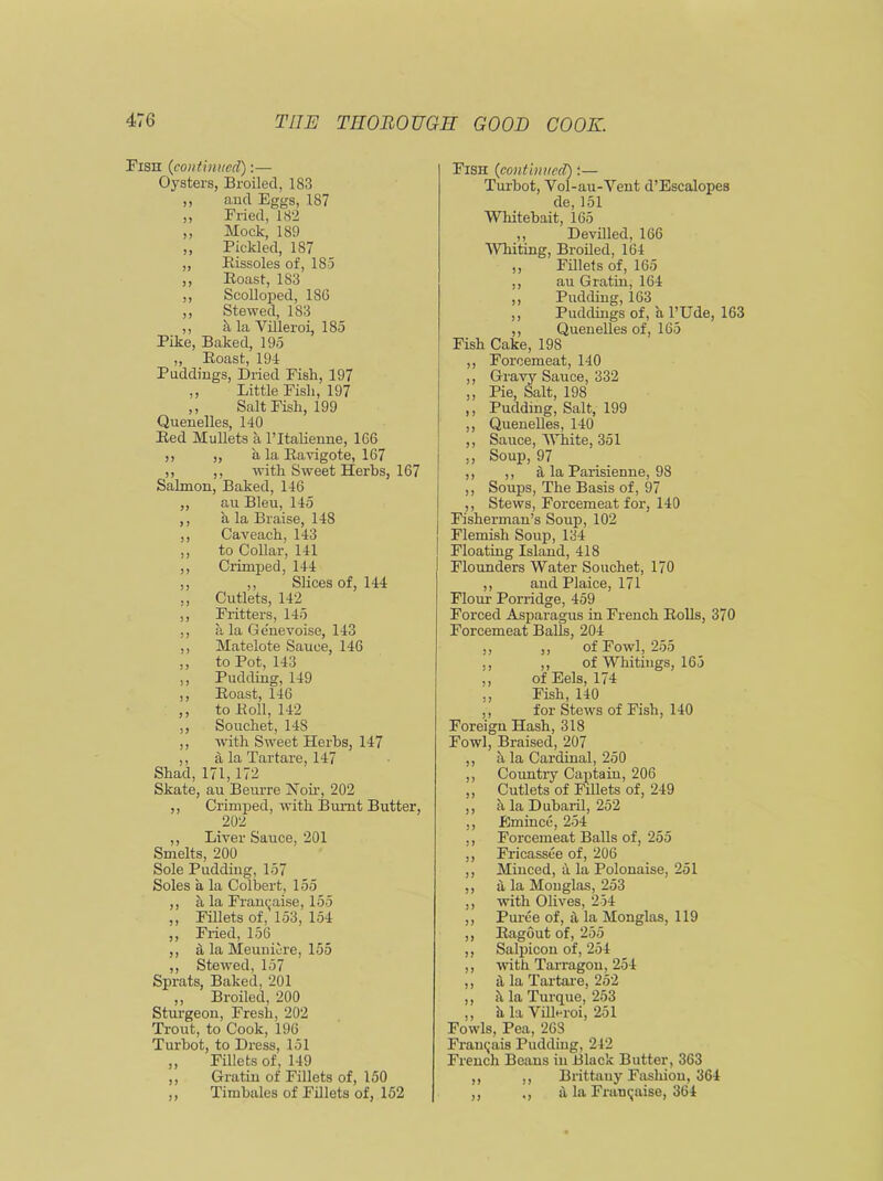 Fisn (continued):— Oysters, Broiled, 183 ,, and Eggs, 187 ,, Fried, 182 ,, Mock, 189 „ Pickled, 1S7 „ Rissoles of, 185 ,, Roast, 183 ,, Scolloped, 186 ,, Stewed, 183 ,, a la Villeroi, 185 Pike, Baked, 195 ,, Roast, 194 Puddings, Dried Fish, 197 ,, Little Fish, 197 ,, Salt Fish, 199 Quenelles, 140 Red Mullets a l’ltalienne, 166 ,, „ h, la Ravigote, 167 ,, ,, with Sweet Herbs, 167 Salmon, Baked, 146 ,, au Bleu, 145 ,, a la Braise, 148 ,, Caveach, 143 ,, to Collar, 141 ,, Crimped, 144 ,, ,, Slices of, 144 ,, Cutlets, 142 ,, Fritters, 145 ,, a la Ge'nevoise, 143 ,, Matelote Sauce, 146 ,, to Pot, 143 ,, Pudding, 149 ,, Roast, 146 ,, to Roll, 142 ,, Souchet, 14S ,, with Sweet Herbs, 147 ,, a la Tar tare, 147 Shad, 171,172 Skate, au Beurre Non-, 202 ,, Crimped, with Burnt Butter, 202 ,, Liver Sauce, 201 Smelts, 200 Sole Pudding, 157 Soles a la Colbert, 155 ,, a la Franchise, 155 ,, Fillets of, 153, 154 ,, Fried, 156 ,, a la Meunicre, 155 ,, Stewed, 157 Sprats, Baked, 201 ,, Broiled, 200 Sturgeon, Fresh, 202 Trout, to Cook, 196 Turbot, to Dress, 151 ,, Fillets of, 149 ,, Gratin of Fillets of, 150 ,, Timbales of Fillets of, 152 Fish (continued) :— Turbot, Vol-au-Vent d’Escalopes de, 151 Whitebait, 165 ,, Devilled, 166 Whiting, Broiled, 164 ,, Fillets of, 165 ,, au Gratin, 164 ,, Pudding, 163 ,, Puddings of, a l’Ude, 163 ,, Quenelles of, 165 Fish Cake, 198 ,, Forcemeat, 140 ,, Gravy Sauce, 332 ,, Pie, Salt, 198 ,, Pudding, Salt, 199 ,, Quenelles, 140 ,, Sauce, White, 351 ,, Soup, 97 ,, ,, a la Parisienne, 98 ,, Soups, The Basis of, 97 ,, Stews, Forcemeat for, 140 Fisherman’s Soup, 102 Flemish Soup, 134 Floating Island, 418 Flounders Water Souchet, 170 ,, and Plaice, 171 Flour Porridge, 459 Forced Asparagus in French Rolls, 370 Forcemeat Balls, 204 ,, ,, of Fowl, 255 ,, ,, of Whitings, 165 ,, of Eels, 174 ,, Fish, 140 ,, for Stews of Fish, 140 Foreign Hash, 318 Fowl, Braised, 207 ,, a la Cardinal, 250 ,, Country Captain, 206 ,, Cutlets of Fillets of, 249 ,, h la Dubaril, 252 ,, Emincu, 254 ,, Forcemeat Balls of, 255 ,, Fricassee of, 206 ,, Minced, a la Polonaise, 251 ,, 5, la Monglas, 253 ,, with Olives, 254 ,, Puree of, 5- la Monglas, 119 ,, Ragout of, 255 ,, Salpicon of, 254 ,, with Tarragon, 254 ,, a la Tartare, 252 ,, h la Turque, 253 ,, ii la Villeroi, 251 Fowls, Pea, 268 Franc;ais Pudding, 242 French Beans in Black Butter, 363 ,, ,, Brittany Fashion, 364 ,, ., a la Franchise, 364