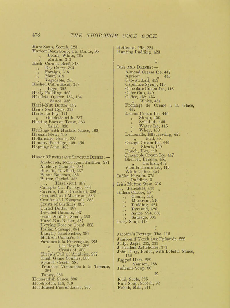 Hare Soup, Scotch, 123 Haricot Bean Soup, a la Conde, 95 ,, Beans, White, 365 ,, Mutton, 313 Hash, Comed-Beef, 318 „ Dry Curry, 324 ,, Foreign, 318 ,, Meat, 318 ,, Vegetable, 241 Hashed Calf’s Head, 317 .» Eggs, 392 Hasty Pudding, 465 Hatelets, Oyster, 183, 184 ,, Sauce, 335 Hazel-Nut Butter, 387 Hen’s Nest Eggs, 393 Herbs, to Fry, 141 „ _ Omelette with, 237 Herring Boes on Toast, 383 ,, Salad, 380 Herrings with Mustard Sauce, 169 Hessian Stew, 315 Hollandaise Sauce, 335 Hominy Porridge, 459, 460 Hopping John, 465 Hoes d’ CE uyees and S avouey Dishes :— Anchovies, Norwegian Fashion, 381 Anchovy Canapes, 381 Biscuits, Devilled, 387 Bonne Bouches, 385 Butter, Curled, 387 ,, Hazel-Nut, 387 Canapes a la Turbigo, 383 Caviare, Little Crusts of, 386 Croquettes of Macaroni, 386 Croutons a l’Espagnole, 385 Crusts of Sardines, 383 Curled Butter, 387 Devilled Biscuits, 387 Game Souffles, Small, 388 Hazel-Nut Butter, 387 Herring Boes on Toast, 383 Italian Sausage, 384 Langtry Sandwiches, 387 Madison Canapes, 44 Sardines li la Provcncale, 382 ,, a la Boyale, 382 ,, Crusts of, 383 Sheep’s Tail ii l’Anglaise, 297 Small Game Souffles, 388 Spanish Crusts, 385 Tranches Viennoises a la Tomate, 384 Tunny, 382 Horseradish Sauce, 336 Hotchpotch, 116, 319 Hot Eaiscd Pies of Larks, 265 Hottentot Pie, 224 Hunting Pudding, 423 I Ices and Deinks:— Almond Cream Ice, 447 Apricot ,, „ 448 Cafe au Lait, 453 Capillaire Syrup, 449 Chocolate Cream Ice, 448 Cider Cup, 449 Coffee, 452, 453 ,, White, 454 Fromage de Creme a la Glace, 447 Lemon Cream Ice, 446 ,, Shrub, 450 ,, Syllabub, 450 ,, Water Ice, 446 ,, Whey, 450 Lemonade, Effervescing, 451 ,, Still, 451 OraDge Cream Ice, 446 ,, Shrub, 450 Punch, Hot, 449 Pineapple Cream Ice, 447 Sherbet, Persian, 451 ,, Turkish, 452 Vanilla Cream Ice, 445 White Coffee, 454 Indian Fagadu, 375 ,, Pudding, 9 Irish Mutton Stew, 316 ,, Pancakes, 433 a Italian Cheese, 457 ,, Cream, 414 ,, Macaroni, 240 ,, Pudding, 424 ,, Pyramid, 426 ,, Sauce, 294, 336 ,-, Sausage, 384 Ivory Soup, 118 J Jacobin’s Pottage, The, 115 Jambon d’Yorck aux Epinards, 222 Jelly, Aspic, 232, 233 Jerusalem Artichokes, 373 John Dory, Boiled, with Lobster Sauce, 152 Jugged Hare, 289 ,, Venison, 288 Julienne Soup, 80 K Kail, Scots, 235 Kale Soup, Scotch, 92 Kebob, Milk, 311