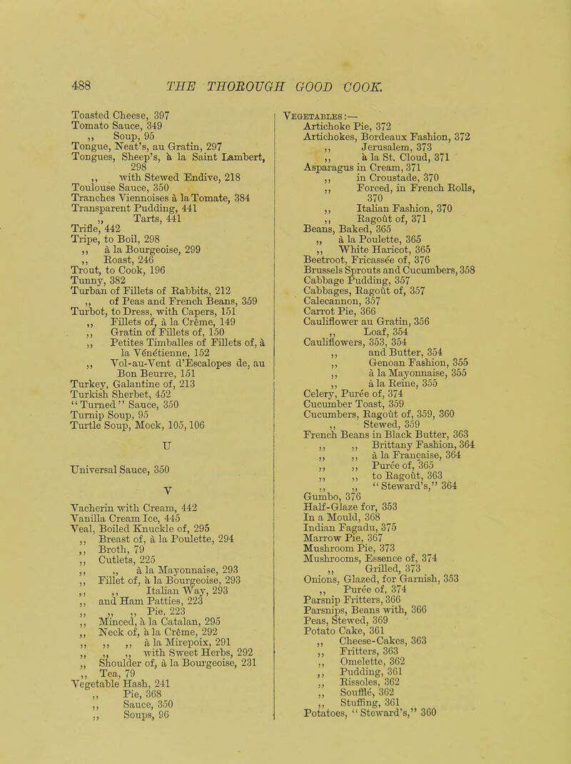 Toasted Cheese, 397 Tomato Sauce, 349 ,, Soup, 95 Tongue, Neat’s, au Gratin, 297 Tongues, Sheep’s, ii la Saint Lambert, 298 ,, with Stewed Endive, 218 Toulouse Sauce, 350 Tranches Viennoises ii laTomate, 384 Transparent Pudding, 441 ,, Tarts, 441 Trifle, 442 Tripe, to Boil, 298 ,, ii la Bourgeoise, 299 ,, Boast, 246 Trout, to Cook, 196 Tunny, 382 Turban of Fillets of Babbits, 212 ,, of Peas and French Beans, 359 Turbot, to Dress, with Capers, 151 ,, Fillets of, a la Creme, 149 ,, Gratin of Fillets of, 150 ,, Petites Timballes of Fillets of, a la Vdndtiennc, 152 ,, Vol-au-Vent d’Escalopes de, au Bon Beurre, 151 Turkey, Galantine of, 213 Turkish Sherbet, 452 “Turned” Sauce, 350 Turnip Soup, 95 Turtle Soup, Mock, 105,106 IT Universal Sauce, 350 V Vacherin with Cream, 442 Vanilla Cream Ice, 445 Veal, Boiled Knuckle of, 295 ,, Breast of, a la Poulette, 294 ,, Broth, 79 ,, Cutlets, 225 ,, ,, a la Mayonnaise, 293 ,, Fillet of, h la Bourgeoise, 293 ,, ,, Italian Way, 293 ,, and Ham Patties, 223 ,, „ „ Pie, 223 ,, Minced, a la Catalan, 295 ,, Neck of, hla Crfime, 292 ,, ,, ,, a la Mirepoix, 291 „ ,, „ with Sweet Herbs, 292 „ Shoulder of, a la Bourgeoise, 231 ,, Tea, 79 Vegetable Hash, 241 ,, Pie, 368 ,, Sauce, 350 ,, Soups, 96 Vegetables :— Artichoke Pie, 372 Artichokes, Bordeaux Fashion, 372 ,, Jerusalem, 373 ,, a la St. Cloud, 371 Asparagus in Cream, 371 ,, in Croustade, 370 ,, Forced, in French Bolls, 370 ,, Italian Fashion, 370 ,, Bagout of, 371 Beans, Baked, 365 ,, ii la Poulette, 365 ,, White Haricot, 365 Beetroot, Fricassee of, 376 Brussels Sprouts and Cucumbers, 358 Cabbage Pudding, 357 Cabbages, Bagout of, 357 Calecannon, 357 Carrot Pie, 366 Cauliflower au Gratin, 356 ,, Loaf, 354 Cauliflowers, 353, 354 ,, and Butter, 354 ,, Genoan Fashion, 355 ,, a la Mayonnaise, 355 ,, alaBeine, 355 Celery, Puree of, 374 Cucumber Toast, 359 Cucumbers, Bagoiit. of, 359, 360 ,, Stewed, 359 French Beans in Black Butter, 363 ,, ,, Brittany Fashion, 364 ,, ,, a la Franeaise, 364 ,, ,, Puree of, 365 ,, ,, to Bagoiit, 363 ,, „ “ Steward’s,” 364 Gumbo, 376 Half-Glaze for, 353 In a Mould, 368 Indian Fagadu, 375 Marrow Pie, 367 Mushroom Pie, 373 Mushrooms, Essence of, 374 ,, Grilled, 373 Onions, Glazed, for Garnish, 353 ,, Puree of, 374 Parsnip Fritters, 366 Parsnips, Beans with, 366 Peas, Stewed, 369 Potato Cake, 361 ,, Cheese-Cakes, 363 ,, Fritters, 363 ,, Omelette, 362 ,, Pudding, 361 ,, Bissoles, 362 „ Souffle, 362 ,, Stuffing, 361 Potatoes, “Steward’s,” 360