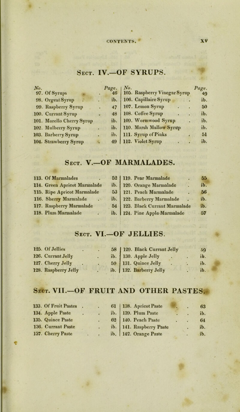 Sect. IV.—OF SYRUPS. No. Page. No. Page. 97. Of Syrups 46 105. Raspberry Vinegar Syrup 49 98. Orgeat Syrup ib. 106. Capillaire Syrup ib. 99. Raspberry Syrup 47 107. Lemon Syrup 50 100. Currant Syrup 48 108. Coffee Syrup ib. 101. Morello Cherry Syrup ib. 109. Wormwood Syrup ib. 102. Mulberry Syrup ib. 110. Marsli Mallow Syrilp ib. 103. Barberry Syrup ib. 111. Syrup of Pinks 51 104. Strawberry Syrup 49 112. Violet Syrup ib. Sect. V.—OF MARMALADES. 113. Of Marmalades 52 119. Pear Marmalade 55 114. Green Apricot Marmalade ib. 120. Orange Marmalade ib. 115. Ripe Apricot Marmalade 53 121. Peach Marmalade 56 116. Sherry Marmalade ib. 122. Barberry Marmalade ib. 117. Raspberry Marmalade 54 123. Black Currant Marmalade ib. 118. Plum Marmalade ib. 124. Pine Apple Marmalade 57 Sect. VI.—OF JELLIES. 125. Of Jellies 58 129. Black Currant Jelly 59 126. Currant Jelly ib. 130. Apple Jelly ib. 127. Cherry Jelly 59 131. Quince Jelly ib. 128. Raspberry Jelly ib. 132. Barberry Jelly ib. Sect. VII.—OF FRUIT AND OTHER PASTES. 133. Of Fruit Pastes . 61 138. Apricot Paste m. 63 134. Apple Paste ib. 139. Plum Paste ib. 135. Quince Paste 62 140. Peach Paste 64 136. Currant Paste . ib. 141. Raspberry Paste ib.