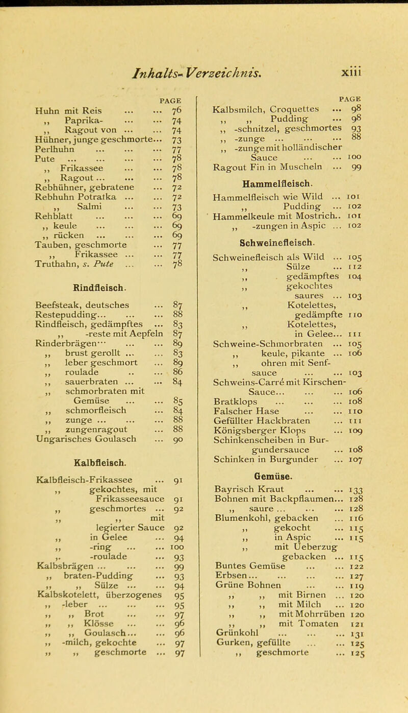 Huhn mit Reis ,, Paprika- ,, Ragout von ... Hiihner, junge geschmorte Perlhuhn Pute ... ,, Frikassee ,, Ragout... Rebhiihner, gebratene Rebhuhn Potratka ... ,, Salmi Rehblatt ,, keule ,, riicken Tauben, geschmorte ,, Frikassee ... Truthahn, s-. Pute Rindfleisch. PAGE 76 74 74 73 77 78 78 78 72 72 73 69 69 69 77 77 78 Beefsteak, deutsches ... 87 Restepudding... 88 Rindfleisch, gedampftes ... 83 ,, -reste mit Aepfeln 87 Rinderbragen' ... ... 89 ,, brust gerollt ... ... 83 ,, leber geschmort ... 89 ,, roulade .. ... 86 ,, sauerbraten ... ... 84 ,, schmorbraten mit Gemiise ... ... 85 ,, schmorfleisch ... 84 ,, zunge ... 88 ,, zungenragout ... 88 Ungarisches Goulasch ... 90 Kalbfleisch. Kalbfleisch-Frikassee ... 91 ,, gekochtes, mit Frikasseesauce 91 ,, geschmortes ... 92 „ ,, mit legierter Sauce 92 ,, in Gelee ... 94 ,, -ring ... ... 100 ,. -roulade ... 93 Kalbsbragen ... 99 ,, braten-Pudding ... 93 M i> Sulze 94 Kalbskotelett, iiberzogenes 95 ,, -leber 95 ,, „ Brot 97 ,, ,, Klosse ... ... 96 ,, ,, Goulasch... ... 96 ,, -milch, gekochte ... 97 ,, „ geschmorte ... 97 P.AGE Kalbsmilch, Croquettes ... 98 ,, „ Pudding ... 98 ,, -schnitzel, geschmortes 93 ,, -zunge ... ... ••• 88 ,, -zunge mit hollandischer Sauce ... ... 100 Ragout Fin in Muscheln ... 99 Hammelfieisch. Hammelfleisch wie Wild ... loi ,, Pudding ... 102 Hammelkeule mit Mostrich.. loi ,, -zungen in Aspic ... 102 Schweinefleisch. Schweinefleisch als Wild ... 105 ,, Sulze ... ti2 ,, . gedampftes 104 ,, gekochtes saures ... 103 ,, Kotelettes, gedampfte no ,, Kotelettes, in Gelee... in Schweine-Schmorbraten ... 105 ,, keule, pikante ... 106 ,, ohren mit Senf- sauce ... ... 103 Schweins-Carr^ mit Kirschen- Sauce... ... ... 106 Bratklops ... ... ... 108 Falscher Hase ... ... no Gefiillter Hackbraten ... in Konigsberger Klops ... 109 Schinkenscheiben in Bur- gundersauce ... 108 Schinken in Burgunder ... 107 Gemuse. Bayrisch Kraut ... ... 133 Bohnen mit Backpflaumen... 128 ,, saure... ... ... 128 Blumenkohl, gebacken ... 116 „ gekocht ... 115 ,, in Aspic ... 115 ,, mit Ueberzug gebacken ... 115 Buntes Gemuse ... ... 122 Erbsen 127 Griine Bohnen ... ... 119 ,, ,, mit Birnen ... 120 ,, ,, mit Milch ... 120 ,, ,, mitMohrriiben 120 ,, ,, mit Tomaten 121 Griinkohl ... ... ... 131 Gurken, gefiillte 125 ,, geschmorte ... 125