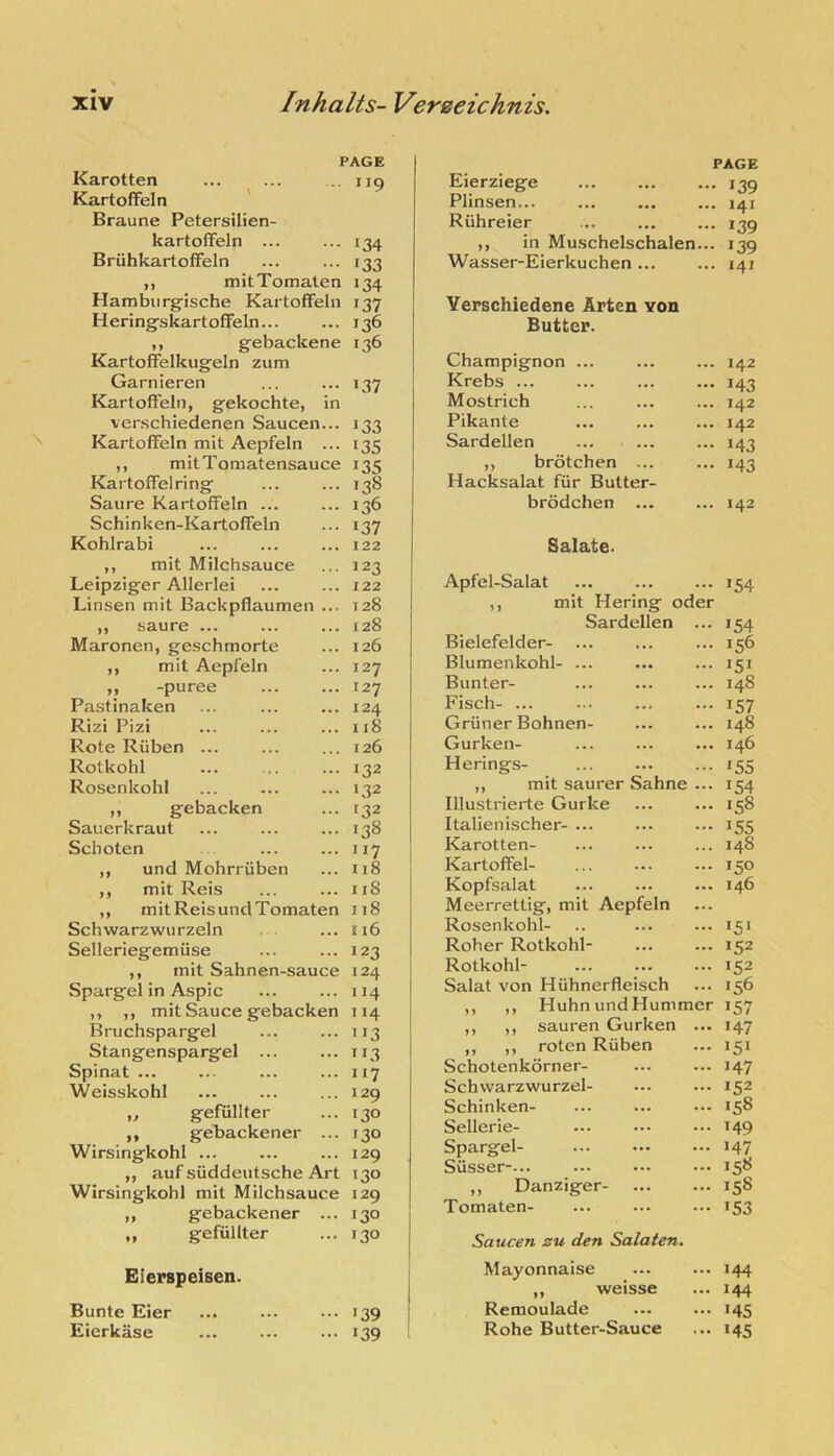 PAGE Karotten .119 Kartoffeln ' Braune Petersilien- kartoffeln ... ... 134 BriihkartofFeln ... ... 133 ,, mitTomaten 134 Hamblirgische Kartoffeln 137 Heringskartoffeln... ... 136 ,, gebackene 136 Kartoffelkugeln zum Garnieren ... ... 137 Kartoffeln, gekochte, in ver.schiedenen Saucen... 133 Kartoffeln mit Aepfeln ... 135 ,, mitToniatensauce 135 Kartoffelring ... ... 138 Saure Kartoffeln ... ... 136 Schinken-Kartoffeln ... 137 Kohlrabi ... ... ... 122 ,, mit Milchsauce ... 123 Leipziger Allerlei ... ... 122 Linsen mit Backpflaumen ... 128 ,, saure ... ... ... 128 Maronen, geschmorte ... 126 ,, mit Aepfeln ... 127 ,, -puree ... ... 127 Pastinaken ... ... ... 124 Rizi Pizi ... ... ... 118 Rote Riiben ... ... ... 126 Rotkohl ... ... ... 132 Rosenkohl ... ... ... 132 ,, gebacken ... 132 Sauerkraut ... ... ... 138 Scboten ... ... 117 ,, und Mohrriiben ... 118 ,, mit Reis ... ... 118 ,, mitReisundTomaten 118 Schwarzwurzeln , • ... 116 Selleriegemiise ... ... 123 ,, mit Sahnen-sauce 124 Spargel in Aspic ... ... 114 ,, ,, mit Sauce gebacken 114 Bruchspargel ... ... 113 Stangenspargel 113 Spinat ... ... ... ... 117 Weisskohl ... ... ... 129 ,, gefiillter ... 130 ,, gebackener ... 130 Wirsingkohl ... ... ... 129 ,, auf siiddeutsche Art 130 Wirsingkohl mit Milchsauce 129 ,, gebackener ... 130 ,, gefiillter ... 130 PAGE Eierziege 139 Plinsen... ... ... ... 141 Riihreier ... ... ... 139 ,, in Muschelschalen... 139 Wasser-Eierkuchen ... ... 141 Verschiedene Arten von Butter. Champignon ... ... 142 Krebs ... ... 143 Mostrich ... 142 Pikante ... 142 Sardellen ... 143 ,, brdtchen ... ... 143 Hacksalat fiir Butter- brodchen ... ... 142 Eierspeisen. Bunte Eier Eicrkase ■39 •39 Salate. Apfel-Salat 154 ,, mit Hering oder Sardellen ... 154 Bielefelder- ... ... ... 156 Blumenkohl- ... ... ... 151 Bunter- ... ... ... 148 Fisch- ... ... 157 Griiner Bohnen- ... ... 148 Gurken- ... ... ... 146 Herings- 155 „ mit saurer Sahne ... 154 Illustrierte Gurke ... ... 158 Italienischer- ... ... ... 155 Karotten- ... ... ... 148 Kartoffel- ... ... ... 150 Kopfsalat 146 Meerrettig, mit Aepfeln Rosenkohl- .. ... ... 151 Roher Rotkohl- ... ... 152 Rotkohl- ... ... ... 152 Salat von Hiihnerfleisch ... 156 ,, ,, Huhn und Hummer 157 ,, ,, sauren Gurken ... 147 ,, ,, rotcn Riiben ... 151 Schotenkorner- 147 Schvvarzwurzel- ... ... 152 Schinken- ... ... ... 158 Sellerie- ... •■. ••• 149 Spargel- 147 Siisser- 158 ,, Danziger 158 Tomaten 153 Saucen zu den Salaten. Mayonnaise 144 ,, weisse ... 144 Remoulade 145 Rohe Butter-Sauce ... 145