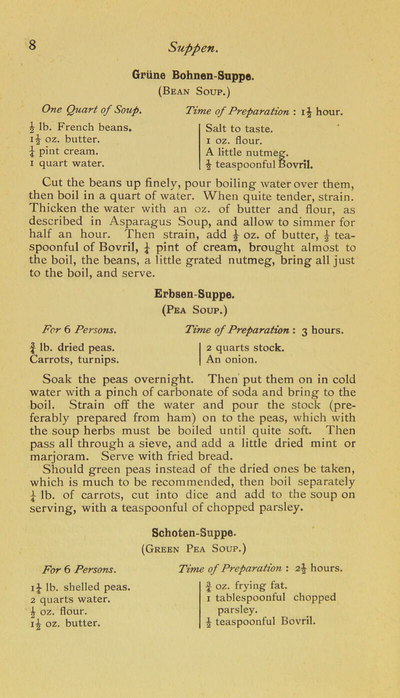 Griine Bohnen-Snppe. (Bean Soup.) One Quart of Soup. Time of Preparation : hour. ^ lb. French beans. Salt to taste. I oz. flour. A little nutmeg. ^ teaspoonful Bovril. oz. butter, pint cream. I quart water. Cut the beans up finely, pour boiling water over them, then boil in a quart of water. When quite tender, strain. Thicken the water with an oz. of butter and flour, as described in Asparagus Soup, and allow to simmer for half an hour. Then strain, add ^ oz. of butter, ^ tea- spoonful of Bovril, ^ pint of cream, brought almost to the boil, the beans, a little grated nutmeg, bring all just to the boil, and serve. Soak the peas overnight. Then' put them on in cold water with a pinch of carbonate of soda and bring to the boil. Strain off the water and pour the stock (pre- ferably prepared from ham) on to the peas, which with the soup herbs must be boiled until quite soft. Then pass all through a sieve, and add a little dried mint or marjoram. Serve with fried bread. Should green peas instead of the dried ones be taken, which is much to be recommended, then boil separately ^ lb. of carrots, cut into dice and add to the soup on serving, with a teaspoonful of chopped parsley. Erbsen-Suppe. (Pea Soup.) Por 6 Persons. f lb. dried peas. Carrots, turnips. Time of Preparation : 3 hours. 2 quarts stock. An onion. Schoten-Suppe. (Green Pea Soup.) For 6 Persons. Time of Preparation : 2^ hours. lb. shelled peas. 2 quarts water. ^ oz. flour, oz. butter. f oz. frying fat. I tablespoonful chopped parsley. ^ teaspoonful Bovril.