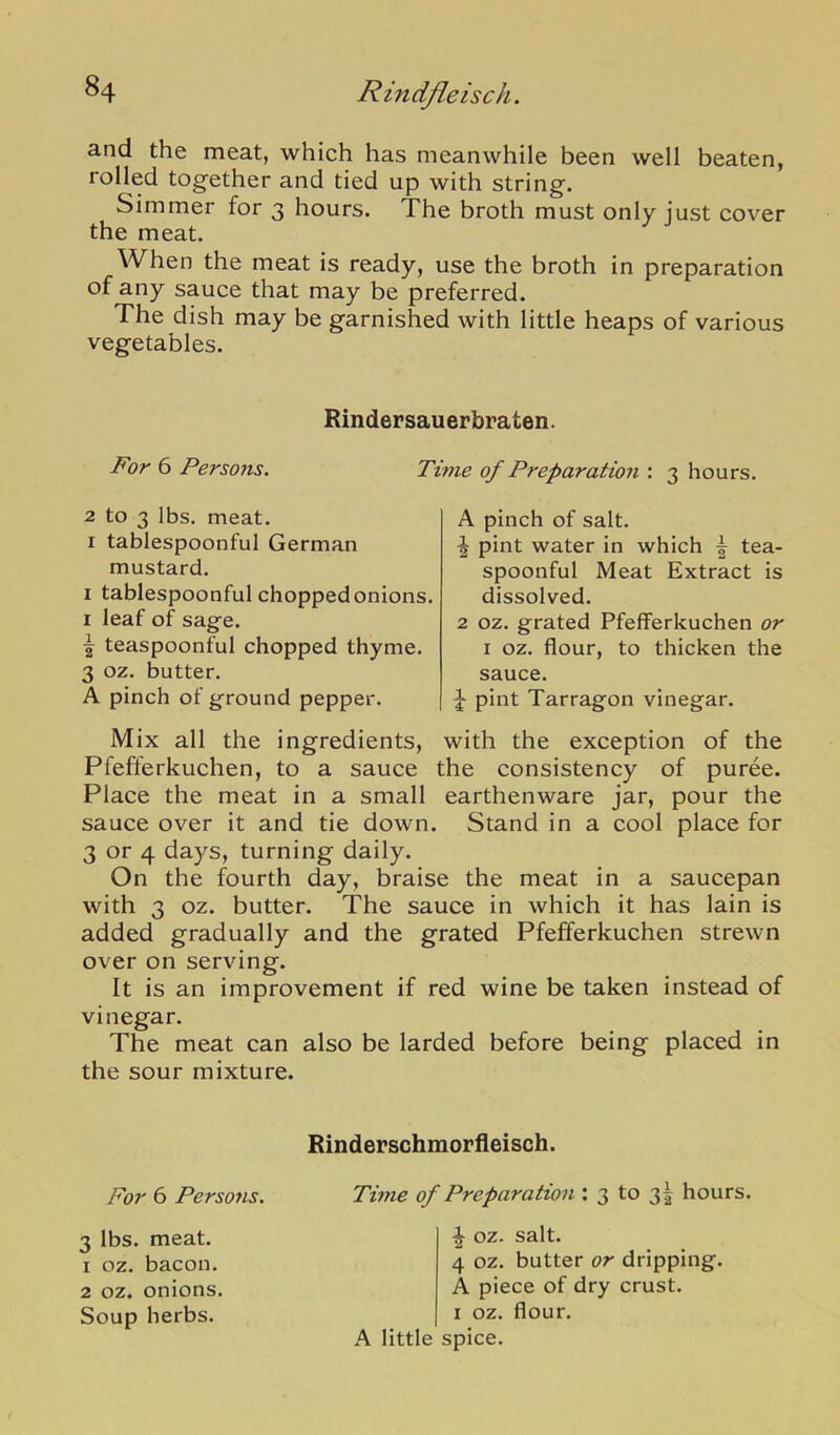 and the meat, which has meanwhile been well beaten, rolled together and tied up with string. Simmer for 3 hours. The broth must only just cover the meat. When the meat is ready, use the broth in preparation of any sauce that may be preferred. The dish may be garnished with little heaps of various vegetables. Rindersauerbraten. For 6 Persons. Time of Preparation : 3 hours. 2 to 3 lbs. meat. I tablespoonful German mustard. I tablespoonful chopped onions. I leaf of sage. 4 teaspoonful chopped thyme. 3 oz. butter. A pinch of ground pepper. A pinch of salt. ^ pint water in which ^ tea- spoonful Meat Extract is dissolved. 2 oz. grated Pfefferkuchen or I oz. flour, to thicken the sauce. pint Tarragon vinegar. Mix all the ingredients, with the exception of the Pfefferkuchen, to a sauce the consistency of puree. Place the meat in a small earthenware jar, pour the sauce over it and tie down. Stand in a cool place for 3 or 4 days, turning daily. On the fourth day, braise the meat in a saucepan with 3 oz. butter. The sauce in which it has lain is added gradually and the grated Pfefferkuchen strewn over on serving. It is an improvement if red wine be taken instead of vinegar. The meat can also be larded before being placed in the sour mixture. Rinderschmorfleisch. For 6 Persons. Thne of Preparation : 3 to 3I hours. 3 lbs. meat. 1 oz. bacon. 2 oz. onions. Soup herbs. ^ oz. salt. 4 oz. butter or dripping. A piece of dry crust. I oz. flour. A little spice.