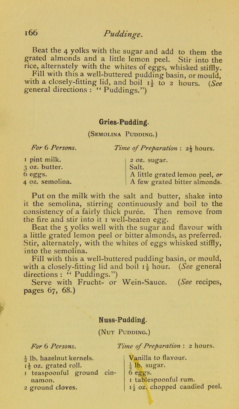 Beat the 4 yolks with the sugar and add to them the grated almonds and a little lemon peel. Stir into the rice, alternately with the whites of eggs, whisked stiffly. Fill with this a well-buttered pudding basin, or mould, with a closely-fitting lid, and boil i|- to 2 hours. {See general directions : “ Puddings.”) Gries-Pudding. (Semolina Pudding.) For 6 Persons. Time of Preparatio7i : 2\ hours. I pint milk. 3 oz. butter. 6 eggs. 4 oz. semolina. 2 oz. sugar. Salt. A little grated lemon peel, or A few grated bitter almonds. Put on the milk with the salt and butter, shake into it the semolina, stirring continuously and boil to the consistency of a fairly thick puree. Then remove from the fire and stir into it i well-beaten egg. Beat the 5 yolks well with the sugar and flavour with a little grated lemon peel or bitter almonds, as preferred. Stir, alternately, with the whites of eggs whisked stiffly, into the semolina. Fill with this a well-buttered pudding basin, or mould, with a closely-fitting lid and boil I5 hour. {See general directions : “ Puddings.”) Serve with Frucht- or Wein-Sauce. {See recipes, pages 67, 68.) Nuss-Pudding. (Nut Pudding.) For 6 Persons. Time of Preparation : 2 hours. ^ lb. hazelnut kernels, i^ oz. grated roll. 1 teaspoonful ground cin- namon. 2 ground cloves. Vanilla to flavour. I lb. sugar. 6 eggs. I tablespoonful rum. oz. chopped candied peel.