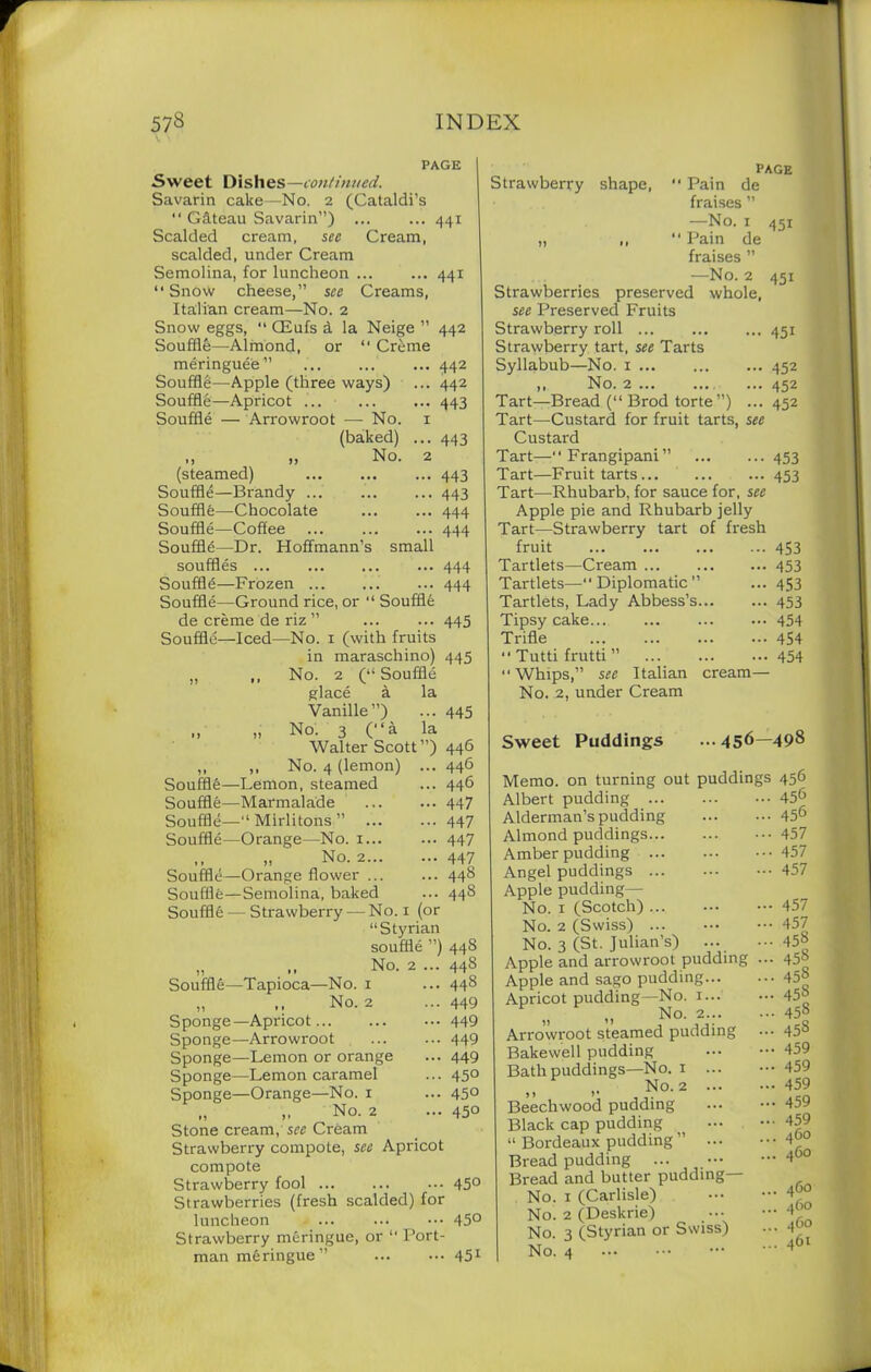 PAGE Sweet Dishes—continued. Savarin cake—No. 2 (Cataldi’s “ Gateau Savarin”) 441 Scalded cream, sec Cream, scalded, under Cream Semolina, for luncheon ... ... 441 “ Snow cheese,” see Creams, Italian cream—No. 2 Snow eggs, “ CEufs a la Neige ” 442 Souffle—Almond, or “ Creme mdringuee” ... ... ... 442 Souffle—Apple (three ways) ... 442 Souffle—Apricot ... 443 Souffle — Arrowroot — No. 1 (baked) ... 443 (steamed) Souffle—Brandy ... Souffle—Chocolate Souffle—Coffee Souffld—Dr. Hoffmann’s small souffles ... Souffle—Frozen Souffle—Ground rice, or “ Souffle 443 443 444 444 444 444 de creme de riz ” ... ... 445 Souffle—Iced—No. 1 (with fruits in maraschino) 445 No. 2 (“ Souffle glace a la Vanille”) ... 445 No. 3 (“a la Walter Scott”) 446 No. 4 (lemon) ... 446 Souffle—Lemon, steamed ... 446 Souffle—Marmalade ... ... 447 Souffle—“ Mirlitons ” ... ... 447 Souffle—Orange—No. 1... ... 447 ,, „ No. 2 447 Souffle—Orange flower 448 Souffle—Semolina, baked ... 448 Souffle — Strawberry — No. 1 (or “Styrian souffle ”) 448 „ ,, No. 2 ... 448 Souffle—Tapioca—No. 1 ... 448 „ ,, No. 2 ...449 Sponge—Apricot 449 Sponge—Arrowroot ... ... 449 Sponge—Lemon or orange ... 449 Sponge—Lemon caramel ... 450 Sponge—Orange—No. 1 ... 45° „ „ No. 2 ... 45° » »» »» » >• Stone cream, see Cream Strawberry compote, see Apricot compote Strawberry fool ... ... ••• 45° Strawberries (fresh scalded) for luncheon ... ... ••• 45° Strawberry meringue, or “ Port- man meringue” 451 PAGE Strawberry shape,  Pain de fraises ” —No. 1 451 „ ,, “ Pain de fraises ” —No. 2 451 Strawberries preserved whole, see Preserved Fruits Strawberry roll 451 Strawberry tart, see Tarts Syllabub—No. 1 452 ,, No. 2 ... 452 Tart—Bread (“ Brod torte ”) ...452 Tart—Custard for fruit tarts, see Custard Tart—“Frangipani” 453 Tart—Fruit tarts 453 Tart—Rhubarb, for sauce for, see Apple pie and Rhubarb jelly Tart—Strawberry tart of fresh fruit - 453 Tartlets—Cream ... - 453 Tartlets— Diplomatic ” Tartlets, Lady Abbess’s... - 453 - 453 Tipsy cake... — 454 Trifle ... ... 454 “ Tutti frutti ” • •• 454 “Whips,” see Italian cream— No. 2, under Cream Sweet Puddings ...456—498 Memo, on turning out puddings Albert pudding Alderman’s pudding Almond puddings Amber pudding Angel puddings Apple pudding— No. 1 (Scotch) ... No. 2 (Swiss) No. 3 (St. Julian’s) ... Apple and arrowroot pudding ... Apple and sago pudding Apricot pudding—No. , ,, No. 2 Arrowroot steamed pudding Bakewell pudding Bath puddings—No. 1 ... ,, No. 2 Beechwood pudding Black cap pudding ^ “ Bordeaux pudding ” Bread pudding Bread and butter pudding— No. 1 (Carlisle) No. 2 (Deskrie) No. 3 (Styrian or Swiss) No. 4 456 456 456 457 457 457 457 457 458 458 458 45S 458 458 459 459 459 459 459 460 460 460 460 460 461