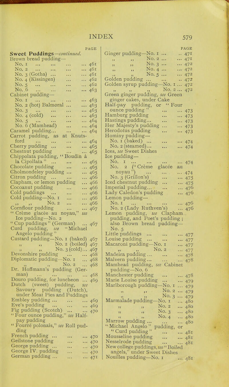 PAGE at Knuts- Sweet Puddings —continued. Brown bread pudding— No. i No. 2 No. 3 (Gotha) No. 4 (Kissingen) No. 5 No. 6 Cabinet pudding— No. i No. 2 (hot) Balmoral ... No. 3 No. 4 (cold) No. 5 No. 6 (Mamhead) Caramel pudding... Carrot pudding, as ford Cherry pudding ... Chestnut pudding Chippolata pudding, “Boudin la Cipollata ” ... Chocolate pudding Cholmondeley pudding ... Citron pudding ... Clapham, or lemon pudding Cocoanut pudding Cold puddings Cold pudding—No. i ,, ,, No. 2 ... Cornflour pudding “ Creme glacee au noyau “ Ice pudding—No. 2 “ Cup puddings ” (German) Curd pudding, see “Michael Angelo pudding ” Custard pudding—No. i (baked) „ ,, No. 2 (boiled) 467 ,, „ No. 3 (cold)... 467 Devonshire pudding ... ... 468 Diplomatic pudding—No. 1 ... 468 ,, ,, No. 2 ... 468 Dr. Hoffmann’s pudding (Ger- man) Douro pudding, for luncheon ... Dutch (sweet) pudding, see Savoury pudding (Dutch), under Meat Pies and Puddings Embley pudding ... Eve’s pudding Fig pudding (Scotch) “ Four ounce pudding,” see Half- pay pudding “ Fourre polonais,” see Roll pud- ding French pudding 470 Geilstone pudding 470 George pudding 470 George IV. pudding 470 German pudding ... 471 461 461 461 462 462 463 463 463 463 463 464 464 464 464 465 465 465 465 465 466 466 466 466 466 466 467 see 467 467 468 469 469 469 470 Ginger pudding—No. 1 ,, ,, No. 2 ,, ,, No. 3 ,, „ No. 4 ,, „ No. 5 Golden pudding ... Golden syrup pudding— PAGE 47i 47i 472 472 ■ 472 472 -No. 1 ... 472 ,, „ „ No. 2... 472 Green ginger pudding, see Green ginger cakes, under Cake Half-pay pudding, or “ Four ounce pudding ” 473 Hamburg pudding 473 Hastings pudding 473 Her Majesty’s pudding ... ... 473 Herodotus pudding ... ... 473 Hominy pudding— No. 1 (baked) 474 No. 2 (steamed) ... 474 Ices, see Sweet Dishes Ice pudding— No. 1 ... ... ... ... 474 No. 2 (“ Creme glacee au noyau”) ... ... ... 474 No. 3 (Grillon’s) ... ... 475 Iced chestnut pudding 475 Imperial pudding... ... ... 476 Lady Caledon’s pudding ... 476 Lemon pudding— No. 1 ... ... 476 No. 2 (Lady Ruthven’s) ... 476 Lemon pudding, see Clapham pudding, and Poet’s pudding ; also Brown bread pudding— No. 5 Little puddings ... 477 Louise pudding ... ... ... 477 Macaroni pudding—No. 1 ... 477 „ ,, No. 2 ... 477 Madeira pudding 478 Malvern pudding... ... ... 47S Mamhead pudding, see Cabinet pudding—'No. 6 Manchester pudding ... ... 478 Marie Louise pudding ... ... 479 Marlborough pudding—No. 1 ... 479 „ ,, No. 2 ... 479 » » No. 3 ... 479 Marmalade pudding—No. 1 ... 480 j) )» No. 2 ... 480 „ No. 3 ...480 >! No. 4 ... 480 Marrow pudding 480 “ Michael Angelo ” pudding, or “ Curd pudding ” 481 Mousseline pudding 481 Nesselrode pudding 481 New college puddings, see “ Boiled angels,” under Sweet Dishes Nouilles pudding—No. 1 ... 4S1