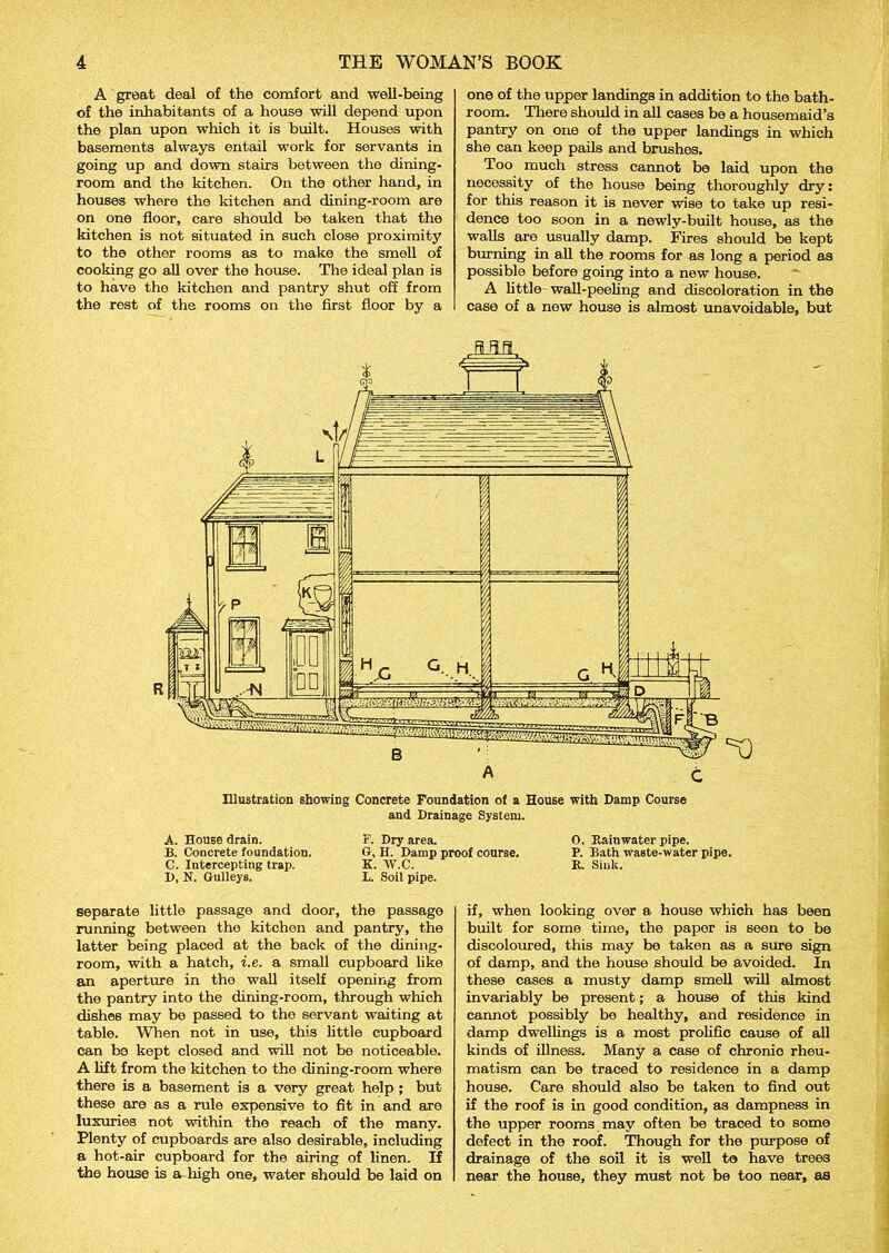 A great deal of the comfort and well-being of the inhabitants of a house will depend upon the plan upon which it is built. Houses with basements always entail work for servants in going up and down stairs between the dining- room and the kitchen. On the other hand, in houses where the kitchen and dining-room are on one floor, care should be taken that the kitchen is not situated in such close proximity to the other rooms as to make the smell of cooking go all over the house. The ideal plan is to have the kitchen and pantry shut off from the rest of the rooms on the first floor by a one of the upper landings in addition to the bath- room. There should in all cases be a housemaid’s pantry on one of the upper landings in which she can keep pails and brushes. Too much stress cannot be laid upon the necessity of the house being thoroughly dry: for this reason it is never wise to take up resi- dence too soon in a newly-built house, as the walls are usually damp. Fires should be kept burning in all the rooms for as long a period as possible before going into a new house. A little wall-peeling and discoloration in the case of a new house is almost unavoidable, but Illustration showmg Concrete Foundation of a House with Damp Course and Drainage System. A. House drain. B. Concrete foundation. C. Intercepting trap. D. N. Gulleys. F. Dry area. G, H. Damp proof course. K. W.C. L. Soil pipe. O. Rainwater pipe. P. Bath waste-water pipe. R. Sink. separate little passage and door, the passage running between the kitchen and pantry, the latter being placed at the back of the dining- room, with a hatch, i.e. a small cupboard like an aperture in the wall itself opening from the pantry into the dining-room, through which dishes may be passed to the servant waiting at table. When not in use, this little cupboard can be kept closed and will not be noticeable. A lift from the kitchen to the dining-room where there is a basement is a very great help ; but these are as a rule expensive to fit in and are luxuries not within the reach of the many. Plenty of cupboards are also desirable, including a hot-air cupboard for the airing of linen. If the house is a-high one, water should be laid on if, when looking over a house which has been built for some time, the paper is seen to be discoloured, this may be taken as a sure sign of damp, and the house should be avoided. In these cases a musty damp smell will almost invariably be present; a house of this kind cannot possibly be healthy, and residence in damp dwellings is a most prolific cause of all kinds of illness. Many a case of chronio rheu- matism can be traced to residence in a damp house. Care should also be taken to find out if the roof is in good condition, as dampness in the upper rooms may often be traced to some defect in the roof. Though for the purpose of drainage of the soil it is well to have trees near the house, they must not be too near, as