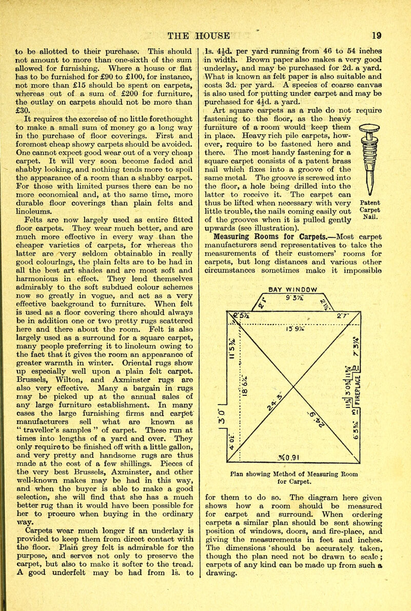 to be allotted to their purchase. This should not amount to more than one-sixth of the sum allowed for furnishing. Where a house or flat has to be furnished for £90 to £100, for instance, not more than £15 should be spent on carpets, whereas out of a sum of £200 for furniture, the outlay on carpets should not be more than £30. It requires the exercise of no little forethought to make a small sum of money go a long way in the purchase of floor coverings. First and foremost cheap showy carpets should be avoided. One cannot expect good wear out of a very cheap carpet. It will very soon become faded and shabby looking, and nothing tends more to spoil the appearance of a room than a shabby carpet. For those with limited purses there can be no more economical and, at the same time, more durable floor coverings than plain felts and linoleums. Felts are now largely used as entire fitted floor carpets. They wear much better, and are much more effective in every way than the cheaper varieties of carpets, for whereas the latter are very seldom obtainable in really good colourings, the plain felts are to bo had in all the best art shades and are most soft and harmonious in effect. They lend themselves admirably to the soft subdued colour schemes now so greatly in vogue, and act as a very effective background to furniture. When felt is used as a floor covering there should always be in addition one or two pretty rugs scattered here and there about the room. Felt is also largely used as a surround for a square carpet, many people preferring it to linoleum owing to the fact that it gives the room an appearance of greater warmth in winter. Oriental rugs show up especially well upon a plain felt carpet. Brussels, Wilton, and Axminster rugs are also very effective. Many a bargain in rugs may be picked up at the annual sales of any large furniture establishment. In many cases the large furnishing firms and carpet manufacturers sell what are known as “ traveller’s samples ” of carpet. These run at times into lengths of a yard and over. They only require to be finished off with a little gallon, and very pretty and handsome rugs are thus made at the cost of a few shillings. Pieces of the very best Brussels, Axminster, and other well-known makes may be had in this way, and when the buyer is able to make a good selection, she will find that she has a much better rug than it would have been possible for her to procure when buying in the ordinary way. Carpets wear much longer if an underlay is provided to keep them from direct contact with the floor. Plain grey felt is admirable for the purpose, and serves not only to preserve the carpet, but also to make it softer to the tread. A good underfelt may be had from Is. to Is. 4Ad. per yard running from 46 to 54 inches in width. Brown paper also makes a very good underlay, and may be purchased for 2d. a yard. What is known as felt paper is also suitable and costs 3d. per yard. A species of coarse canvas is also used for putting under carpet and may be purchased for 4|d. a yard. Art square oarpets as a rule do not require fastening to the floor, as the heavy furniture of a room would keep them in place. Heavy rich pile carpets, how- 'jfJT ever, require to be fastened here and tes* there. The most handy fastening for a fsg square carpet consists of a patent brass fejj nail which fixes into a groove of the O same metal. The groove is screwed into j 'ij the floor, a hole being drilled into the \j latter to receive it. The carpet can » thus be lifted when neoessary with very Patent little trouble, the nails coming easily out Carpet of the grooves when it is pulled gently Nai1' upwards (see illustration). Measuring Rooms for Carpets.—Most carpet manufacturers send representatives to take the measurements of their customers’ rooms for carpets, but long distances and various other circumstances sometimes make it impossible BAY WINDOW Plan showing Method of Measuring Room for Carpet. for them to do so. The diagram here given shows how a room should be measured for carpet and surround. When ordering carpets a similar plan should be sent showing position of windows, doors, and fire-place, and giving the measurements in feet and inches. The dimensions ’should be accurately taken, though the plan need not be drawn to scale; carpets of any kind can be made up from such a drawing.