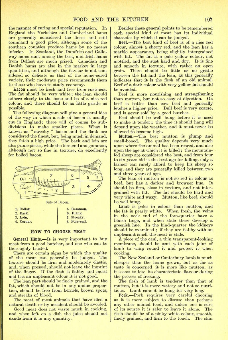 the manner of curing and special reputation. In England the Yorkshire and Cumberland hams are generally considered the finest and still command a good price, although some of the southern counties produce hams by no means inferior. In Scotland, the Dumfries and Gallo- way hams rank among the best, and Irish hams from Belfast are much prized. Canadian and Danish hams are also in the market in large quantities, and although the flavour is not con- sidered so delicate as that of the home-cured variety, their moderate price recommends them to those who have to study economy. Bacon must be fresh and free from rustiness. The fat should be very white; the lean should adhere closely to the bone and be of a nice red colour, and there should be as little gristle as possible. The following diagram will give a general idea of the way in which a side of bacon is usually cut in England; there will of course be sub- divisions to make smaller pieces. What is known as “ streaky ” bacon and the flank are considered the finest, but, being much in demand, they fetch a high price. The back and loin are also prime pieces, while the fore-end and gammon, although not so fine in texture, do excellently for boiled bacon. 1. Collar. 2. Back. 3. Loin. 4. Corner. 5. Gammon. 6. Flank. 7. Streaky. 8. Fore-end. HOW TO CHOOSE MEAT General Hints.—It is very important to buy meat from a good butcher, and one who can be thoroughly trusted. There are certain signs by which the quality of the meat can generally be judged. The texture should be firm and moderately olastic, and, when pressed, should not leave the imprint of the finger. If the flesh is flabby and moist and has an unpleasant odour it is not good. The lean part should be finely grained, and the fat, which should not be in any undue propor- tion, should be free from kernels, brown spots, and streaks of blood. The meat of most animals that have died a natural death or by accident should be avoided. Good meat does not waste much in cooking, and when left on a dish the juice should not exude from it in any quantity. Besides these general points to be remembered each special kind of meat has its individual character by which it can be judged. Beef.—The best kind of beef is of a nice red colour, almost a cherry red, and the lean has a marble appearance, being slightly intergrained with fat. The fat is a pale yellow colour, not mottled, and the suet hard and dry. It is fine and smooth in texture, with rather an open grain. There should be little or no gristle between the fat and the lean, as this generally indicates that it is the flesh of an old animal. Beef of a dark colour with very yellow fat should be avoided. Beef is more nourishing and strengthening than mutton, but not so easy of digestion. Ox beef is better than cow beef and generally fetches a higher price. Bull beef is very coarse, and is never sold by a good butcher. Beef should be well hung before it is used to make it tender; the time it should hang will depend upon the weather, and it must never be allowed to become high. Mutton.—The best mutton is plump and small-boned. The quality depends very much upon where the animal has been reared, and also upon the age at which it is killed ; the mountain- fed sheep are considered the best, and from four to six years old is the best age for killing, only a farmer can rarely afford to keep his sheep so long, and they are generally killed between two and three years of age. The lean of mutton is not so red in colour as beef, but has a darker and browner hue. It should be firm, close in texture, and not inter- grained with fat. The fat should be hard and very white and waxy. Mutton, like beef, should be well hung. Lamb is paler in colour than mutton, and the fat is pearly white. When fresh, the veins in the neck end of the fore-quarter have a bluish tinge, and when stale these develop a greenish hue. In the hind-quarter the kidneys should be examined ; if they are flabby with an unpleasant smell the meat is stale. A piece of the caul, a thin transparent-looking membrane, should be sent with each joint of lamb to wrap round it and protect it when cooking. The New Zealand or Canterbury lamb is much cheaper than the home grown, but as far as taste is concerned it is more like mutton, as it seems to lose its characteristic flavour during the process of freezing. The flesh of lamb is tenderer than that of mutton, but it is more watery and not so nutri- tious. Lamb cannot be hung for very long. Pork.—Pork requires very careful choosing as it is more subject to disease than perhaps any other animal food, and unless one is sure of its source it is safer to leave it alone. The flesh should be of a pinky white colour, smooth, finely grained, and firm to the touch. The skin
