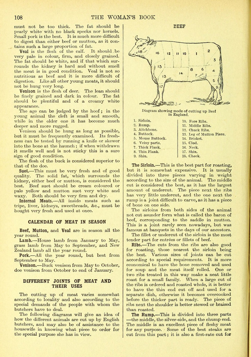 must not be too thick. The fat should be pearly white with no black specks nor kernels. Small pork is the best. It is much more difficult to digest than either beef or mutton, as it con- tains such a large proportion of fat. Veal is the flesh of the calf. It should.be very pale in colour, firm, and closely grained. The fat should be white, and if that which sur- rounds the kidney is hard and without smell the meat is in good condition. Veal is not so nutritious as beef and it is more difficult of digestion. Like all other young moats, it should not be hung very long. Venison is the flesh of deer. The lean should be finely grained and dark in colour. The fat should be plentiful and of a creamy white appearance. The age can be judged by the hoof; in the young animal the cleft is small and smooth, while in the older one it has become much deeper and more rugged. Venison should be hung as long as possible, but it must be frequently examined. Its fresh- ness can be tested by running a knife or skewer into the bone at the haunch ; if when withdrawn it smells well and is not sticky this is a sure sign of good condition. The flesh of the buck is considered superior to that of the doe. Suet.—This must be very fresh and of good quality. The solid fat, which sin-rounds the kidney, either beef or mutton, is considered the best. Beef suet should be cream coloured or pale yellow and mutton suet very white and waxy. Both should be very firm and dry. Internal Meats.—All inside meats such as tripe, liver, kidneys, sweetbreads, &c., must be bought very fresh and used at once. CALENDAR OF MEAT IN SEASON Beef, Mutton, and Veal are in season all the year round. Lamb.—House lamb from January to May, grass lamb from May to September, and New Zealand lamb all the year round. Pork.—All the year round, but best from September to May. Venison.—Buck venison from May to October, doe venison from October to end of January. DIFFERENT JOINTS OF MEAT AND THEIR USES The cutting up of meat varies somewhat according to locality and also according to the special demands of the people with whom the butchers have to deal. The following diagrams will give an idea of how the different animals are cut up by English butchers, and may also be of assistance to the housewife in knowing what piece to order for the special purpose she has in view. BEEF 1. Sirloin. 2. Rump. 3. Aitchbone. 4. Buttock. 5. Mouse Buttock. 6. Veiny part3. 7. Thick Flank. 8. Thin Flank. 9. Shin. 10. Fore Ribs. 11. Middle Ribs. 12. Chuck Ribs. 13. Leg of Mutton Piece. 14. Brisket. 15. Clod. 16. Neck. 17. Shin. 18. Cheek. The Sirloin.—This is the best part for roasting, but it is somewhat expensive. It is usually divided into three pieces varying in weight according to the size of the animal. The middle cut is considered the bost, as it has the largest amount of undercut. The piece next the ribs has very little undercut, and the one next the rump is a joint difficult to carve, as it has a piece of bone on one side. The sirloins from both sides of the animal not cut asunder form what is called the baron of beef, corresponding to the saddle in mutton. This is a joint rarely seen nowadays, but was famous at banquets in the days of our ancestors. The fillet or undercut of the sirloin is the most tender part for entrees or fillets of beef. Ribs.—The cuts from the ribs are also good for roasting, those nearest the sirloin being the best. Various sizes of joints can be cut according to special requirements. It is more economical to have the bone removed and used for soup and the meat itself rolled. One or two ribs treated in this way make a neat little roast for a small family. When a large cut of the ribs is ordered and roasted whole, it is better to have the thin end cut off and used for a separate dish, otherwise it becomes overcooked before the thicker part is ready. The piece of ribs next the shoulder is better stewed or braised than roasted. The Rump.—This is divided into three parts —the middle, the silver-side, and the chump end. The middle is an excellent piece of fleshy meat for any purpose. Some of the best steaks are cut from this part; it is also a first-rate cut for