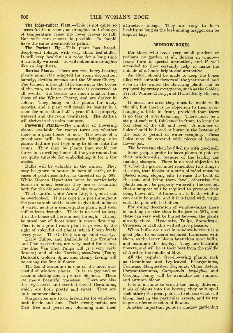 The India-rubber Plant.—This is not quite so successful in a room, as draughts and changes of temperature cause the lower leaves to fall. But with care success is possible. It should have the same treatment as palms. The Parlour Fig.—This plant has broad, deeply-cut foliage, with very thick leaf-stalks. It will keep healthy in a room for a long time if carefully watered. It will not endure draughts like an Aspidistra. Berried Plants.—There are two berry-bearing plants admirably adapted for room decoration, namely, Ardisia crenata and the Winter Cherry. The former, although little known, is the better of the two, so far as endurance is concerned at all events. Its berries are much smaller than those of the Winter Cherry, and are darker in colour. They hang on the plants for many months, and a plant will retain its beauty in a room for more than half a year if it is properly watered and the room ventilated. The Ardisia will thrive in the palm compost. Flowering Plants.—The number of flowering plants available for rooms turns on whether there is a glass-house or not. The owner of a greenhouse will be constantly bringing nice plants that are just beginning to bloom into the rooms. They may be plants that would not thrive in a dwelhng-house all the year round, but are quite suitable for embellishing it for a few weeks. Bulbs will be valuable in the winter. They may be grown in water, in pots of earth, or in vases of peat-moss litter, as directed on p. 589. White Roman Hyacinths must be particularly borne in mind, because they are so beautiful both for the dinner-table and the window. The beautiful white Arum Lily, too, must not be overlooked. If it is kept in a pot throughout the year care should be taken to give it abundance of water, as it is a semi-aquatic plant, and soon suffers from drought. There is no need to keep it in the house all the summer through. It may be stood out of doors when it ceases flowering. That it is a grand room plant is proved by the sight of splendid old plants which bloom freely every year. The Godfrey is a splendid variety. Early Tulips, and Daffodils of the Trumpet and Chalice sections, are very useful for rooms. The Due Van Thol Tulips will give very early flowers; and of the Narcissi, obvallaris (Tenby Daffodil), Golden Spur, and Henry Irving will be among the first in flower. The Zonal Geranium is one of the most suc- cessful of window plants. It is so gay and so accommodating and a profuse bloomer. There are many beautiful varieties. There are also the ivy-leaved and scented-leaved Geraniums, which are both pretty and sweet. They are quite summer plants. Marguerites are stock favourites for windows, both inside and out. Their strong points are their free and persistent blooming and their attractive foliage. They are easy to keep healthy so long as the leaf-mining maggot can be kept at bay. WINDOW-BOXES For those who have very small gardens or perhaps no garden at all, flowers in window- boxes form a special attraction, and if well attended to they certainly help to make the outside of a house bright and attractive. An effort should be made to keep the boxes filled with suitable flowers all the year round, and even in the winter the flowering plants can be replaced by pretty evergreens, such as the Golden Privet, Winter Cherry, and Dwarf Holly Bushes, &c. If boxes are used they must be made to fit the sill, but there is no objection to their over- hanging a little in front, provided that there is no fear of over-balancing. There must be a strip at each end, thickened in front, to keep the box clear of the sill, and level. A number of holes should be bored or burnt in the bottom of the box to permit of water escaping. These holes may be covered with pieces of broken flower-pot. The boxes can then be filled up with good soil. Some people prefer to have plants in pots on their window-sills, because of the facility for making changes. There is no real objection to this, but the grower must remember two things : the first, that blocks or a strip of wood must be placed along sloping sills to raise the front of the pots and bring them level, otherwise the plants cannot be properly watered ; the second, that a support will be required to prevent their being blown off. A framework to fit the window can easily be made, and if it is faced with virgin cork the pots will be hidden. For spring decoration of window-boxes there is nothing prettier than bulbs (see p. 587), and these can very well be buried between the plants already there. Hyacinths, Tulips, Snowdrops, Crocuses, or Daffodils will all give pleasure. When bulbs are used in window-boxes it is a good plan to associate coloured Primroses with them, as the latter bloom later than most bulbs, and maintain the display. They are beautiful flowers, and will be at their best from the middle of April to the middle of May. All the popular, free-flowering plants, such as Geraniums and Ivy-leaved Pelargoniums, Fuchsias, Marguerites, Begonias, China Asters, Chrysanthemums, Campanula isophylla, and Creeping Jenny will be available for summer and autumn bloom. It is a mistake to crowd too many different kinds of plants into the boxes ; they only spoil each other ; the great point is to choose what will bloom best in the particular aspect, and to try to get a nice succession of flowers. Another important point in window gardening