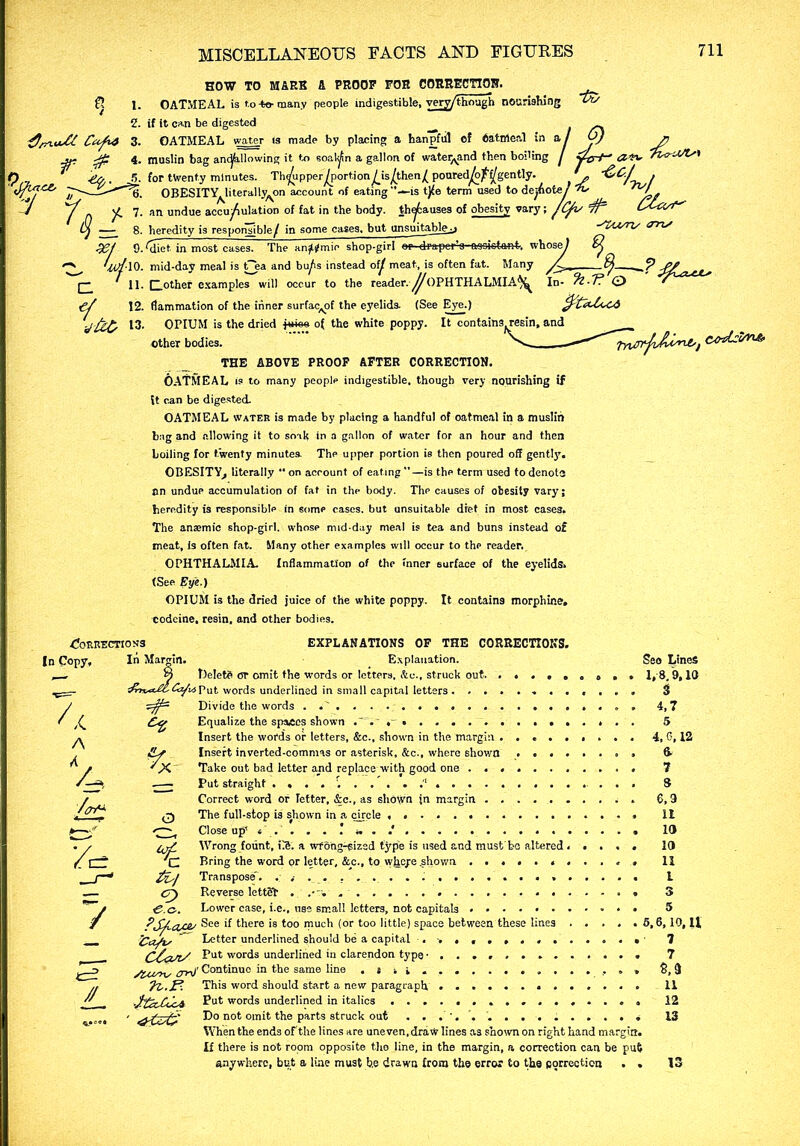 HOW TO MARK A PROOF FOR CORRECTION. 0 I. OATMEAL is to 4©- many people indigestible, very/though nourishing <*> 2. if it can be digested ; 3. OATMEAL water is made by placing a hanpfiil of Oatmeal in a j) J> « 4, muslin bag andfellowing it to soal^m a gallon of water^and then boiling j -f-* at^ VTscrMs' , -Co,. S. for twenty minutes. Th^ipper^port.ion^is/then/ poured^^gently. . -&C./ . OBESITY^literally^on account of eating-’—is t)fe term used to demote/ ^ / ,0 * 7. an undue accumulation of fat in the body, th^fcauses of obesity vary; ^ L&zsf' uj — 8. heredity is responsible/ in some cases, but unsuitable^ -/Zu/rz/ <rns 0. ^diet- in most cases. The anomie shop-girl ep drapcr-s-a-scictarst-. whose^ ^ '■'» mid-day meal is tj:a and bu^is instead meat, is often fat. Many „ ,,„ p* 11. Qother examples will occur to the reader. ^OPHTHALMIA ^ In- ‘fa-'F? © ' ^ Cf 12. flammation of the inner surfac^of the eyelids (See Eye.) ^f tTaXt^Oi ■J'hC 13> OPIUM is the dried -jawo of the white poppy. It contains resin, and ^ other bodies. £j/nf,s THE ABOVE PROOF AFTER CORRECTION. OATMEAL is to many people indigestible, though very nourishing if It can be digested. OATMEAL water is made by placing a handful of oatmeal in a muslin bag and allowing it to soak in a gallon of water for an hour and then boiling for twenty minutes The upper portion is then poured off gently. OBESITY^ literally “ on account of eating —is the term used to denote an undue accumulation of fat in the body. The causes of obesity vary; heredity is responsible in some cases, but unsuitable diet in most cases. The anaemic shop-girl, whose mid-day meal is tea and buns instead of meat, is often fat. Many other examples will occur to the reader. OPHTHALMIA. Inflammation of the inner surface of the eyelids. (See Eye.) OPIUM is the dried juice of the white poppy. It contains morphine, codeine, resin, and other bodies. CoRRECTtoss EXPLANATIONS OF THE CORRECTIONS. In Copy, In Margin. Explanation. See Lines , , v> Delete or omit the words or letters, Ac., struck out. ......... 1, 8. 9,10 ___— put words underlined in small capital letters 3 J Divide the words 4,7 f Equalize the spaces shown . 5 ^ Insert the words or letters, &c., shown in the margin 4, 0,12 SLf Insert inverted-commas or asterisk, &c., where shown 6- ” / '.X Take out bad letter and replace with good one ........... 7 /U-a .—■ Put straight . . . . . . . . 8 / Correct word or Tetter, &c., as shown in margin 6,9 /^T 0 The full-stop is shown in a circle 11 It—.‘f '—- Close up’ . ’ . ‘ . . . ’ .. . .* 10 • / LoF- Wrong fount, ilS. a wfbng-eizsd type is used and must’ be altered < .... 10 / i—~ 'C Bring the word or letter, &c., to whepe .shown. ........... II fc-J Transpose*. 1 Reverse letteb . 3 /C.c.. Lower case, i.e., use small letters, not capitals 5 FSfi.cuz' See if tllere is too much (or too little) space between these lines .... .5,6,10,11  Letter underlined should be a capital . . ..... .. ..... 7 Coasts' wor(^s underlined in clarendon type 7 2 s&tiw ffnf Continue in the same line , i i ; . , , S, 3 .. 7z.P. This word should start a new paragraph 11 ’j' _ -/frr'rr-f Pot words underlined in italics ................ 12 Do not omit the parts struck out ............... 13 When the ends of the lines are uneven, draw lines as shown on right hand margin. If there is not room opposite tho line, in the margin, a correction can be put anywhere, but a line must b.e drawn from the error to the correction . . 13