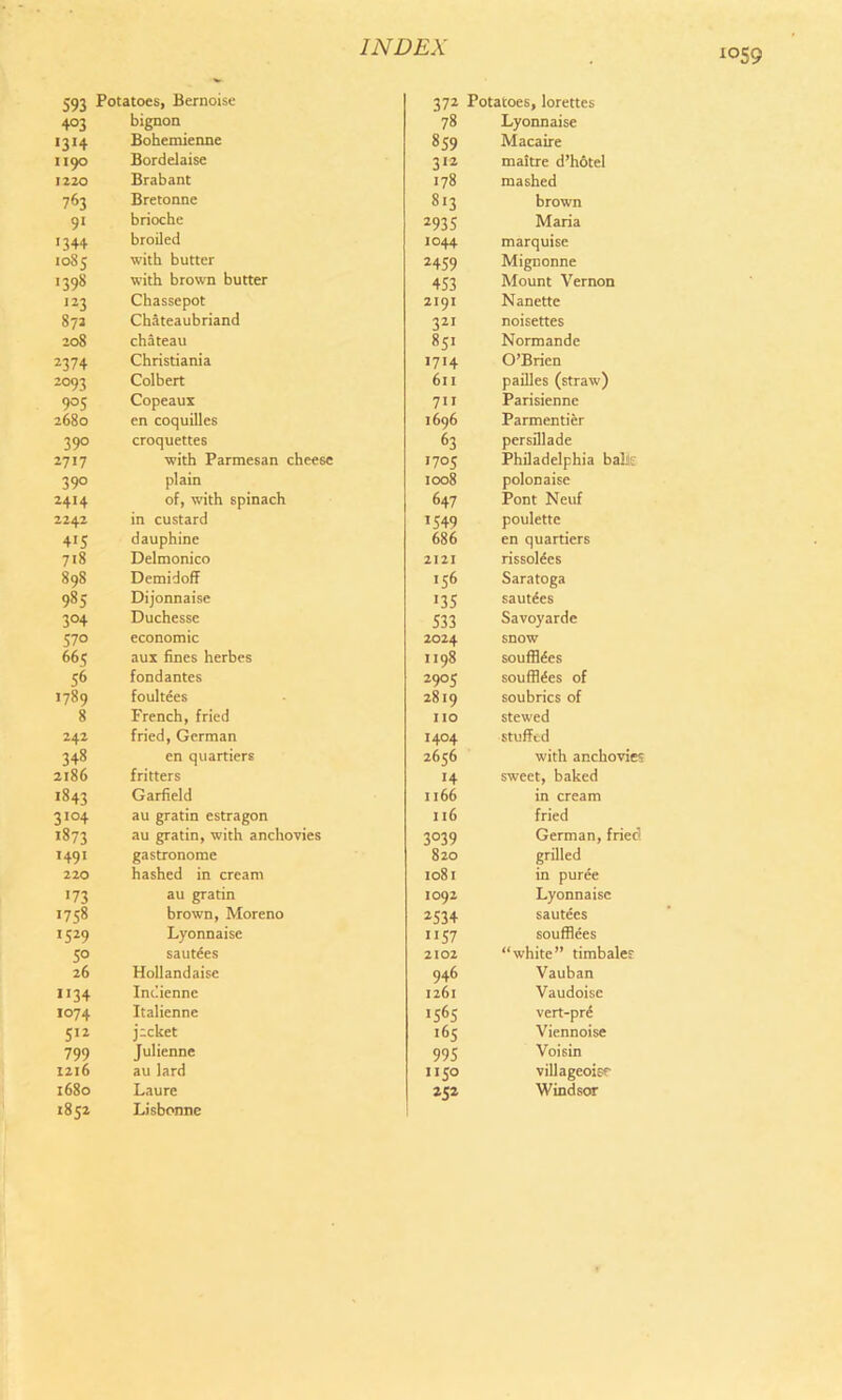 i0S9 593 Potatoes, Bernoise 372 Potatoes, lorettes 403 bignon 78 Lyonnaise i3*4 Bohemienne 859 Macaire 1190 Bordelaise 312 maitre d’hotel 1220 Brabant 178 mashed 763 Bretonne 8'3 brown 91 brioche 2935 Maria '344 broiled 1044 marquise 10S5 with butter 2459 Mignonne 1398 with brown butter 453 Mount Vernon 123 Chassepot 2191 Nanette 872 Chateaubriand 321 noisettes 208 chateau 851 Normande 2374 Christiania >7'4 O’Brien 2093 Colbert 611 pailles (straw) 905 Copeaux 711 Parisienne 2680 en coquilles 1696 Parmentier 39° croquettes 63 persillade 2717 with Parmesan cheese 1705 Philadelphia bals' 39° plain 1008 polonaise 2414 of, with spinach 647 Pont Neuf 2242 in custard '549 poulette 4'5 dauphine 686 en quartiers 7'8 Delmonico 2121 rissolees 898 Demidoff '56 Saratoga 985 Dijonnaise '35 sautees 3°4 Duchesse 533 Savoyarde 570 economic 2024 snow 66c aux fines herbes 1198 souffldes 56 fondantes 2905 souffldes of 1789 foultees 2819 soubrics of 8 French, fried no stewed 242 fried, German 1404 stuffed 348 en quartiers 2656 with anchovies 2186 fritters 14 sweet, baked 1843 Garfield 1166 in cream 3'°4 au gratin estragon 116 fried 1873 au gratin, with anchovies 3039 German, fried 1491 gastronome 820 grilled 220 hashed in cream 1081 in puree '73 au gratin 1092 Lyonnaise 1758 brown, Moreno 2534 sautees 1529 Lyonnaise 57 soufflees 5° sautees 2102 “white” timbales 26 Hollandaise 946 Vauban 1134 Inciennc 1261 Vaudoise 1074 Italienne 1565 vert-pre 512 jacket 165 Viennoise 799 Julienne 995 Voisin 1216 au lard I I 50 villageoise 1680 Laure 252 Windsor 1852 Lisbonne