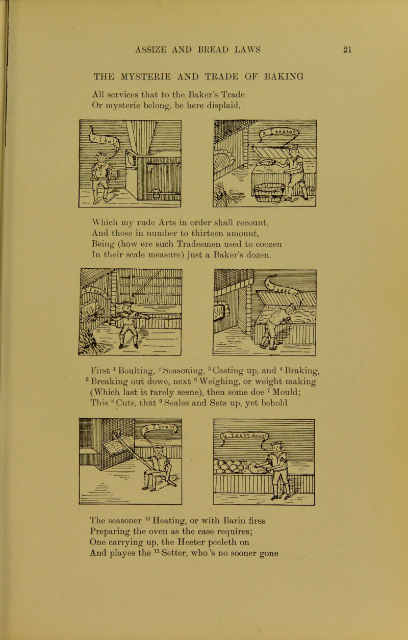 THE MYSTERIE AND TRADE OF BAKING All services that to the Baker’s Trade Or inysterie belong, be here displaid, Which rny rude Arts in order shall recount, And those in number to thirteen amount, Being (how ere such Tradesmen used to coozen Tn their scale measure) just a Baker’s dozen. First 1 Boulting, - Seasoning, 3 Casting up, and 4 Braking, 5 Breaking out dowe, next G Weighing, or weight making (Which last is rarely seene), then some doe 7 Mould; This 8 Cuts, that 9 Seales and Sets up, yet behold The seasoner 10 Heating, or with Barin fires Preparing the oven as the case requires; One carrying up, the Heeter peeleth on And playes the 11 Setter, who’s no sooner gone