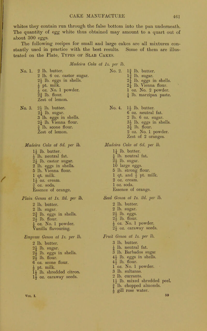 whites they contain run through the false bottom into the pan underneath. The quantity of egg white thus obtained may amount to a quart out of about 300 eggs. The following recipes for small and large cakes are all mixtures con- stantly used in practice with the best results. Some of them are illus- trated on the Plate, Types of Slab Cakes. Madeira Cake at Is. per lb. No. 1. 2 lb. butter. 2 lb. 6 oz. castor sugar. 2f lb. eggs in shells. f pt. milk. | oz. No. 1 powder. 2f lb. flour. Zest of lemon. No. 3. 2f lb. butter. 2f lb. sugar. 3 lb. eggs in shells. 2f lb. Vienna flour. | lb. scone flour. Zest of lemon. Madeira Calx at 8d. per lb. If lb. butter, f lb. neutral fat. 2f lb. castor sugar. 2 lb. eggs in shells. 5 lb. Vienna flour. 1 qt. milk. If oz. cream, f oz. soda. Essence of orange. Plain Genoa at Is. 2d. per lb. 2 lb. butter. 2 lb. sugar. 2f lb. eggs in shells. 2f lb. flour. \ oz. No. 1 powder. Vanilla flavouring. Empress Genoa at Is. per lb. 2 lb. butter. 2f lb. sugar. 2f lb. eggs in shells. 2f lb. flour. 6 oz. scone flour, f pt. milk. If lb. shredded citron. If oz. caraway seeds. No. 2. If lb. butter. If lb. sugar. 2f lb. eggs in shells. 2f lb. Vienna flour. 1 oz. No. 2 powder, f lb. marzipan paste. No. 4. If lb. butter. 6 oz. neutral fat. 2 lb. 6 oz. sugar. 3f lb. eggs in shells. 3f lb. flour. 2 oz. No. 1 powder. Zest of 2 oranges. Madeira Cake at 6d. per lb. If lb. butter, f lb. neutral fat. 2f lb. sugar. 10 large eggs. 5 lb. strong flour. 1 qt. and 1 pt. milk. 2 oz. cream. 1 oz. soda. Essence of orange. Seed Genoa at Is. 2d. per lb. 2 lb. butter. 2 lb. sugar. 2f lb. eggs. 2f lb. flour. f oz. No. 1 powder. 2f oz. caraway seeds. Fruit Genoa at Is. per lb. 3 lb. butter. f lb. neutral fat. 3 lb. Barbados sugai 4f lb. eggs in shells. 4f lb. flour. 1 oz. No. 1 powder. 3 lb. sultanas. 2 lb. currants. If lb. mixed shredded peel, f lb. chopped almonds, f gill rose water. VOL. i. 59