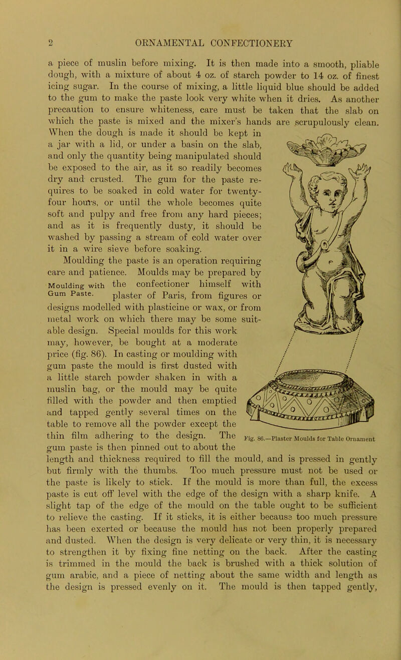 a piece of muslin before mixing. It is then made into a smooth, pliable dough, with a mixture of about 4 oz. of starch powder to 14 oz. of finest icing sugar. In the course of mixing, a little liquid blue should be added to the gum to make the paste look very white when it dries. As another precaution to ensure whiteness, care must be taken that the slab on which the paste is mixed and the mixer’s hands are scrupulously clean. When the dough is made it should be kept in a jar with a lid, or under a basin on the slab, and only the quantity being manipulated should be exposed to the air, as it so readily becomes dry and crusted. The gum for the paste re- quires to be soaked in cold water for twenty- four hours, or until the whole becomes quite soft and pulpy and free from any hard pieces; and as it is frequently dusty, it should be washed by passing a stream of cold water over it in a wire sieve before soaking. Moulding the paste is an operation requiring care and patience. Moulds may be prepared by Moulding with the confectioner himself with Gum Paste. plaster of Paris, from figures or designs modelled with plasticine or wax, or from metal work on which there may be some suit- able design. Special moulds for this work may, however, be bought at a moderate price (fig. 86). In casting or moulding with gum paste the mould is first dusted with a little starch powder shaken in with a muslin bag, or the mould may be quite filled with the powder and then emptied and tapped gently several times on the table to remove all the powder except the thin film adhering to the design. The gum paste is then pinned out to about the length and thickness required to fill the mould, and is pressed in gently but firmly with the thumbs. Too much pressure must not be used or the paste is likely to stick. If the mould is more than full, the excess paste is cut off level with the edge of the design with a sharp knife. A slight tap of the edge of the mould on the table ought to be sufficient to relieve the casting. If it sticks, it is either because too much pressure has been exerted or because the mould has not been properly prepared and dusted. When the design is very delicate or very thin, it is necessary to strengthen it by fixing fine netting on the back. After the casting is trimmed in the mould the back is brushed with a thick solution of gum arabic, and a piece of netting about the same width and length as the design is pressed evenly on it. The mould is then tapped gently, Fig. 86.—Plaster Moulds for Table Ornament