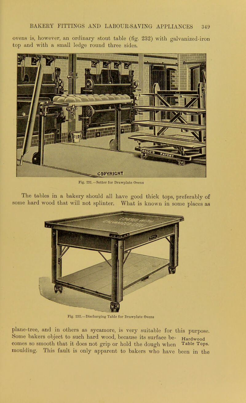 ovens is, however, an ordinary stout table (fig. 232) with galvanized-iron top and with a small ledge round three sides. Fig. 231.—Setter for Drnwplate Ovens The tables in a bakery should all have good thick tops, preferably of some hard wood that will not splinter. What is known in some places as Fig. 232.—Discharging Table for Drawplate Ovens plane-tree, and in others as sycamore, is very suitable for this purpose. Some bakers object to such hard wood, because its surface be- Hardwood comes so smooth that it does not grip or hold the dough when Table Tops, moulding. This fault is only apparent to bakers who have been in the