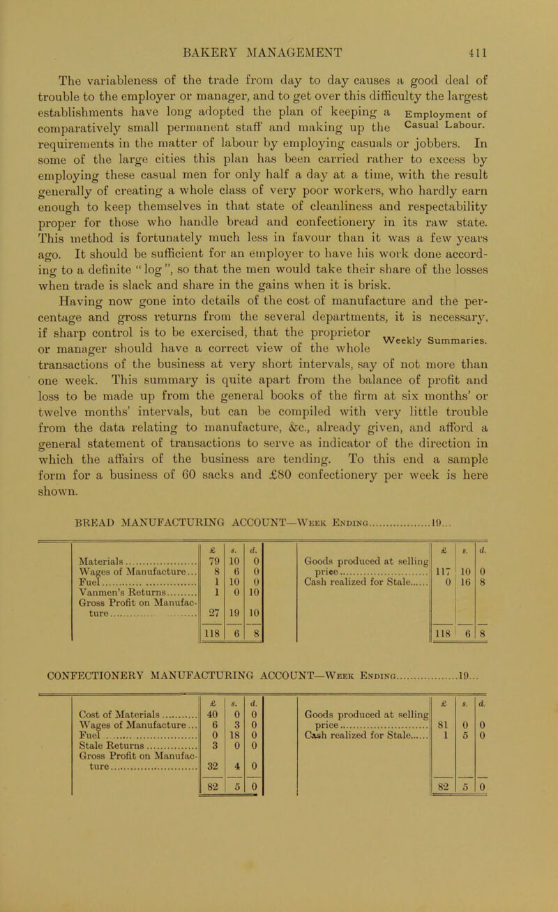 The variableness of the trade from day to day causes a good deal of trouble to the employer or manager, and to get over this difficulty the largest establishments have long adopted the plan of keeping a Employment of comparatively small permanent staff and making up the Casual Labour, requirements in the matter of labour by employing casuals or jobbers. In some of the large cities this plan has been carried rather to excess by employing these casual men for only half a day at a time, with the result generally of creating a whole class of very poor workers, who hardly earn enough to keep themselves in that state of cleanliness and respectability proper for those who handle bread and confectionery in its raw state. This method is fortunately much less in favour than it was a few years ago. It should be sufficient for an employer to have his work done accord- ing to a definite “ log ”, so that the men would take their share of the losses when trade is slack and share in the gains when it is brisk. Having now gone into details of the cost of manufacture and the per- centage and gi'oss returns from the several departments, it is necessary, if sharp control is to be exercised, that the proprietor „ 1 Weeklv Summaries or manager should have a correct view of the whole transactions of the business at very short intervals, say of not more than one week. This summary is quite apart from the balance of profit and loss to be made up from the general books of the firm at six months’ or twelve months’ intervals, but can be compiled with very little trouble from the data relating to manufacture, &c., already given, and afford a general statement of transactions to serve as indicator of the direction in which the affairs of the business are tending. To this end a sample form for a business of 60 sacks and £80 confectionery per week is here shown. BREAD MANUFACTURING ACCOUNT—Week Ending I!) £ 8. d. £ | 8. d. Materials 79 10 0 Goods produced at selling Wages of Manufacture... 8 o 0 price 117: io 0 Fuel 1 10 0 Cash realized for Stale 0 16 8 Vanmen’s Returns 1 0 10 1 Gross Profit on Manufac- ture 27 19 10 118 6 8 118 : 6 8 CONFECTIONERY MANUFACTURING ACCOUNT—Week Ending 19... £ s. d. £ S. d. Cost of Materials 40 0 0 Goods produced at selling Wages of Manufacture... 6 3 0 price 81 0 0 Fuel 0 18 0 Cash realized for Stale l 5 0 Stale Returns 3 0 0 Gross Profit on Manufac- ture 32 4 0 82 5 0 82 5 0