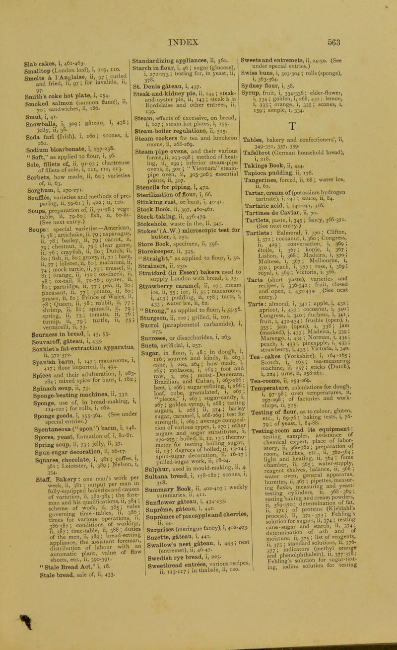 Slab calces, i, 461-463- Smalltop (London loaf), i, 109, no. Smelts fi l’Anglaise, ii, 97 ; curled and fried, ii, 97 ; for invalids, 11, 97- , x . Smith’s coke hot plate, 1, 154. Smoked salmon (saumon fum6), 11, 70; sandwiches, ii, 186. Smut, i, 41. Snowballs, i, 309; gateau, i, 438, jelly, ii, 38. Soda farl (Irish), i, 160; scones, 1, 160. Sodium bicarbonate, i, 237-238. “ Soft, as applied to flour, i, 56- Sole, fillets of, ii, 91-93 i chartreuse of fillets of sole, 1, in, n2> 113. Sorbets, how made, ii, 62; varieties of, ii, 63. Sorghum, i, 270-271. Souffles, varieties and. methods of pre- paring, ii, 59-61 i >, 422 > '*> i26- Soups, preparation of, ii, 7I-7? i '’e§e‘ table, ii, 79-80; fish, 11, 80-81. (See next entry.) Soups: special varieties—American, ii, 78 ; artichoke, ii, 79 ; asparagus, ii, 78; barley, ii, 79 ‘> carrot, 11, 79; chestnut, ii, 79 ; clear game, ii 76 ; crayfish, ii, 80; Dutch, 11, 80 ; fish, ii, 80; gravy, ii, 71; hare, ii, 77 ; lobster, ii, 80; macaroni, 11, 74 ; mock turtle, ii, 75 ; mussel, 11, 81; orange, ii, 172; ox-cheek, 11, 78; ox-tail, ii, 72-76; oyster, 11, 81 ; partridge, ii, 77 ; pea, 11, 80 ; pheasant, ii, 77; potato, 11, 80, prawn, ii, 81; Prince of Wales, ii, 78 ; Queen, ii, 78 ; rabbit, 11, 77 shrimp, ii, 81; spinach, 11, 79, spring, ii, 731 tomato, 11, 70, turnip, ii, 79, turtle, 11, 75, vermicelli, ii, 73- Sourness in bread, i, 43, 55. Souvaroff, gateau, i, 435. Soxhlet's fat-extraction apparatus, ii, 37i-372- Spanish barm, i, 147; macaroons, 1, 417; flour imported, 11, 494- . Spices and their adulteration, i, 283- 284 ; mixed spice for buns, 1. 182 ; Spinach soup, ii, 79. Sponge-beating machines, ii, 332. Sponge, use of, in bread-making, i, 114-122 ; for rolls, i, 162. Sponge goods, i, 355-364- (See under special entries.) Spontaneous (“ spon ”) barm, i, 146. Spores, yeast, formation of, i, 80-81. Spring soup, ii, 73; jelly, ii, 37- Spun-sugar decoration, ii, 16-17. Squares, chocolate, i, 381; coffee, i, 381; Leicester, i, 389 ; Nelson, 1, 354- Staff, Bakery: one man’s work per week, ii, 381 ; output per man in fully-equipped bakeries and causes of variation, ii, 382-384; the fore- man and his qualifications, 11, 384 , scheme of work, ii, 385 ; rules governing time-tables, 11, 3 ..- times for various operations, 11, 286-787 ; conditions of working, ii, 387 ; time-table, ii, 388 ; duties of the men, ii, 389; bread-setting appliance, the assistant foreman iV.. l«iV\nnr With 31 distribution of labour with an automatic plant, value of flow sheets, etc., ii, 39°'39T- “Stale Bread Act,” i, 18. Stale bread, sale of, ii, 433- Standardizing appliances, ii, 360. Starch in flour, i, 46 ; sugar (glucose), i, 272-273 ; testing for, in yeast, ii, 378- St. Denis gateau, i, 437. Steak-and-kidney pie, ii, 144; steak - and-oyster pie, ii, 143; steak a la Bordelaise and other entries, ii, 139- Steam, effects of excessive, on bread, i, 107 ; steam hot plates, i, 155. Steam-boiler regulations, ii, 515. Steam cookers for tea and luncheon rooms, ii, 268-269. Steam-pipe ovens, and their various forms, ii, 293-298 ; method of heat- ing, ii, 299 ; inferior steam-pipe ovens, ii, 302 ; “ Viennara” steam- pipe oven, ii, 305-306; essential points, ii, 307. Stencils for piping, i, 472. Sterilization of flour, i, 66. Stinking rust, or bunt, i, 40-41. Stock Book, ii, 397, 460-461. Stock-taking, ii, 476-479. Stokehole, waste in the, ii, 345. Stokes’ (A.W.) microscopic test for butter, i, 251. Store Book, specimen, ii, 396. Storekeeper, ii, 395. “ Straight,” as applied to flour, i, 52. Strainers, ii, 230. Stratford (in Essex) bakers used to supply London with bread, i, 13. Strawberry caramel, ii, 27; cream ice, ii, 55 ; ice, ii, 55 i macaroons, i, 413; pudding, ii, 178; tarts, 1, 433 ; water ice, ii, 62. “ Strong,’’ as applied to flour, i, 55-56. Sturgeon, ii, 100; grilled, ii, 101. Sucrol (paraphenetol carbamide), i, 275. Sucroses, or disaccharides, i, 263. Suets, artificial, i, 257. Sugar, in flour, i, 48; in dough, i, 116; sources and kinds, 11, 263 , cane, i, 229, 264; how made, 1, 265 ; molasses, 1, 265 ; foot and raw, i, 265 ; moist - Demerara, Brazilian, and Cuban, _J, 26JJ-266, beet, i, 266; sugar-refining, 1, 266 ; loaf, cube, granulated, 1, '-67. - “pieces,” i, 267; sugar-candy, 1, 267 ; golden syrup, i, 268 ; testing sugars, i, 268; ii, 374 1 barley sugar, caramel, i, 268-269 ; test lor strength, i, 269; average composi- tion of various types, i, 270; other sugars and sugar substitutes, 1, 270-275 ; boiled, ii, 12, 13 ; thermo- meter for testing boiling sugar,^ ii, 13; degrees of boiled, 11, 13**4, spun-sugar decoration, ii, 16-17 i pulled-sugar work, ii, 18-24. Sulphur, used in mould-making, 11, 4- Sultana bread, i, 178-182; scones, i, 318. Summary Book, 11, 402-403 ; weekly summaries, ii, 411- Sunflower gfiteau, i, 434-435- Supreme, gfiteau, i, 44*- Suprfimes of pineapple and cherries, ii. 44- Surprises (meringue fancy), 1,402-403. Suzette, gfiteau, i, 441- Swallow’s nest gfiteau, 1, 443 1 nest (entremet), ii, 46-47- Swedish rye bread, i, 223. Sweetbread entrees, various recipes, ii, 113-117} timbale, ii> I2°* Sweets and entremets, ii, 24-50. (See under special entries.) Swiss buns, i, 303-304 ; rolls (sponge), i, 363-364. Sydney flour, i, 58. Syrup, fruit, i, 334-336; elder-flower, i. 334 i golden, i, 268, 451; lemon, i, 335; orange, i, 335; scones, i, 159; simple, i, 334. T Tables, bakery and confectioners’, ii, 349-351, 357, 359- Tafelbrot (German household bread), i, 218. Takings Book, ii, 444. Tapioca pudding, ii, 176. Tangerines, forced, ii, 68 ; water ice, ii, 61. Tartar, cream of (potassium hydrogen tartrate), i, 241 ; sauce, ii, 84. Tartaric acid, i, 240-241, 316. Tartines de Caviar, ii, 70. Tartlets, paste, i, 345 ; fancy, 366-371. (See next entry.) Tartlets: Balmoral, i, 370; Clifton, i, 371; cocoanut, i, 360; Congress, ii, 429; conversation, i, 369; 6toile, i, 367; kopje, i, 367; Lisbon, i, 368; Madeira, 1, 370; Maltese, i, 367; Melbourne, 1, 370; peach, i, 377', *°se> ■> 369! royal, i, 369 ; Victoria, 1, 366. Tarts (short paste), varieties and recipes, i, 336-342; fruit, closed and open, i, 432-434. .(See next entry.) Tarts; almond, i, 341; apple,;, 432; apricot, i, 433; cocoanut, 1, 340; Congress, i, 340; duchess, i, 341; fruit, i, 432-434', frushie (open), 1, 355; jam (open), 1, 338; jam (masked), i, 433 ’, Madeira, 1, 339; Marengo, i, 434; Norman, 1, 434; peach, i, 433 ’, pineapple, 1, 433 J strawberry, i, 433 ; Victoria, 1, 340. Tea-cakes (Yorkshire), i, 164-165; Scotch, i, 165; tea-measuring machine, ii, 257 ; sticks (Dutch), i, 224 ; urns, ii, 258-261. Tea-rooms, ii, 253-269. Temperature, calculations for dough, i, 97-98; oven temperatures, 11, 297-298; of factories and work- shops, ii, 515- Testing of flour, as to colour, gluten, etc., i, 69-76 ; baking tests, 1, 76- 79 ; of yeast, i, 84-88. Testing-room and its equipment: testing samples, assistance of chemical expert, place of labor- atory, ii, 360-362 I preparation of room, benches, etc., 11, 362-364, light and heating, ii, 364 1 fu™e chamber, ii, 365; water-supply, reagent shelves, balance, 11, 366 , water oven, general apparatus, burettes, ii, 367 I pipettes, measur- ing flasks, measuring and yeast- testing cylinders, ii, 368-369; testing baking and cream powders, ii 260-370; determination of fat, •]’ 379,3; of proteins (Kjeldahfs process), ii, 372-373 ‘, Fehlings solution for sugars, 11, 374 ^ testing cane-sugar and starch, 11, 374 * determination of ash and of moisture, ii, 375 1 list of reagents, ii 375 1 standard solutions, 11, 376- 377 ; indicators (methyl orange and phenolphthalein), 11, 377*378» Fehling's solution for sugar-test- ing, iodine solution for testing