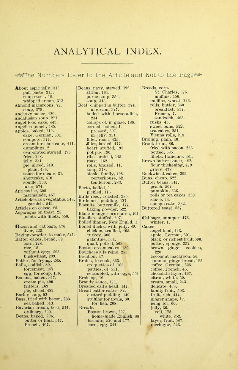 ANALYTICAL INDEX. ■s^lThe numbers Refer to the Article and Hot to the Page!^- About aspic jelly, 316. puff paste, 315. soup stock, 18. whipped cream, 313. Almond macaroons, 72. soup, 379. Anchovy sauce, 420. Andalusian soup, 271. Angel food cake, 443. Angelica punch, 485. Apples, baked, 219. cake, German, 501. compote, 377. cream for shortcake, 411. dumplings, 2. evaporated stewed, 195. fried, 298. jelly, 331. pie, sliced, 240. plain, 496. sauce for meats, 31. shortcake, 410. souffle, 353. tarts, 574. Apricot ice, 395. marmalade, 457. Artichokes as a vegetable, 548. garnish, 549. Articles en caisse, 85. Asparagus on toast, 25. points with fillets, 550. Bacon and cabbage, 476. liver, 223. Baking-powder, to make, 521. Batter-cakes, bread, 82. corn, 228. rice, 15. without eggs, 508. buckwheat, 299. Batter, for frying, 285. Balls, codfish, 80. forcemeat, 157. egg, for soup, 156. Banana, baked, 347. cream pie, 490. fritters, 169. pie, sliced, 489. Barley soup, 92. Bass, fried with bacon, 233. sea baked, 543. Bavarian cream, best, 514. ordinary, 290. Beans, baked, 296. butter or lima, 547. French, 407. Beans, navy, stewed, 196. string, 164. puree soup, 356. soup, 318. Beef, chipped in butter, 374. in cream, 327. boiled with horseradish, 234. collops of, in glaze, 186. corned, boiled, 1. pressed, 597. in jelly, 351. fillet, roast, 425. -fillet, larded, 477. heart, stuffed, 195. pot pie, 190. ribs, oraised, 145. roast, 162. rolls, braised, 11. soup, 348. steak, family, 498. porterhouse, 62. tenderloin, 283. Beets, boiled, 1. pickled, 116. Birds reed, roasted, 385. Birds nest pudding, 127. Biscuits, buttermilk, 177. baking powder, 522. Blanc-mange, corn starch, 104 Bluefish, stuffed, 207. Boiled dinner, New Engl’d, 1. Boned ducks, with jelly, 89. chicken, truffled, 465. turkey, 306. galantine, 564. quail, potted, 568. Boston cream cakes, 130. Bouchees a la reine, 255. Bouillon, 47. Brains, to cook, 363. croquettes of, 165. patties, of, 551. scrambled, with eggs, 551 Braising, 10. Brandy sauce, 171. Breaded calf’s head, 147. Bread batter cakes, 82. custard pudding, 140. stuffing for fowls, 30. for fish, 208. Breads. Boston brown, 297. home-made English, 88 biscuits, 520 and 177. corn, egg, 344. Breads, corn. St. Charles, 376. muffins, 456. muffins, wheat, 226. rolls, butter, 330. breakfast, 537. French, 7. sandwich, 463. rusks, 45. sweet buns, 522. tea cakes, 251. Vienna rolls, 218. Broiling, plain, 40. Brook trout, 86. fried with bacon, 233. potted, 595. fillets, Italienne, 381. Brown butter sauce, 482. flour thickening, 479. gravy, 478. Buckwheat cakes, 299. Buns, cheap, 522. Butter beans, 547. peach, 502. pumpkin, 326. rolls or tea cakes, 330. sauce, 44. sponge cake, 332. Buttered toast, 557. Cabbage, summer, 476. winter, 1. Cakes. angel food, 443. apple, German, 501. black, or richest fruit, 590. butter, sponge, 332. brown, ginger cookies, 220. cocoanut macaroon, 56. common gingerbread, 185 coffee, German, 525. coffee, French, 45. chocolate layer, 467. citron, white, 59. cream, small, 243. delicate, 468. family fruit, 503. fruit, rich, 444. ginger snaps, 17. icing for, 60. jelly, 36. roll, 175. white, 252. layer, fruit, 587. meringue, 523.