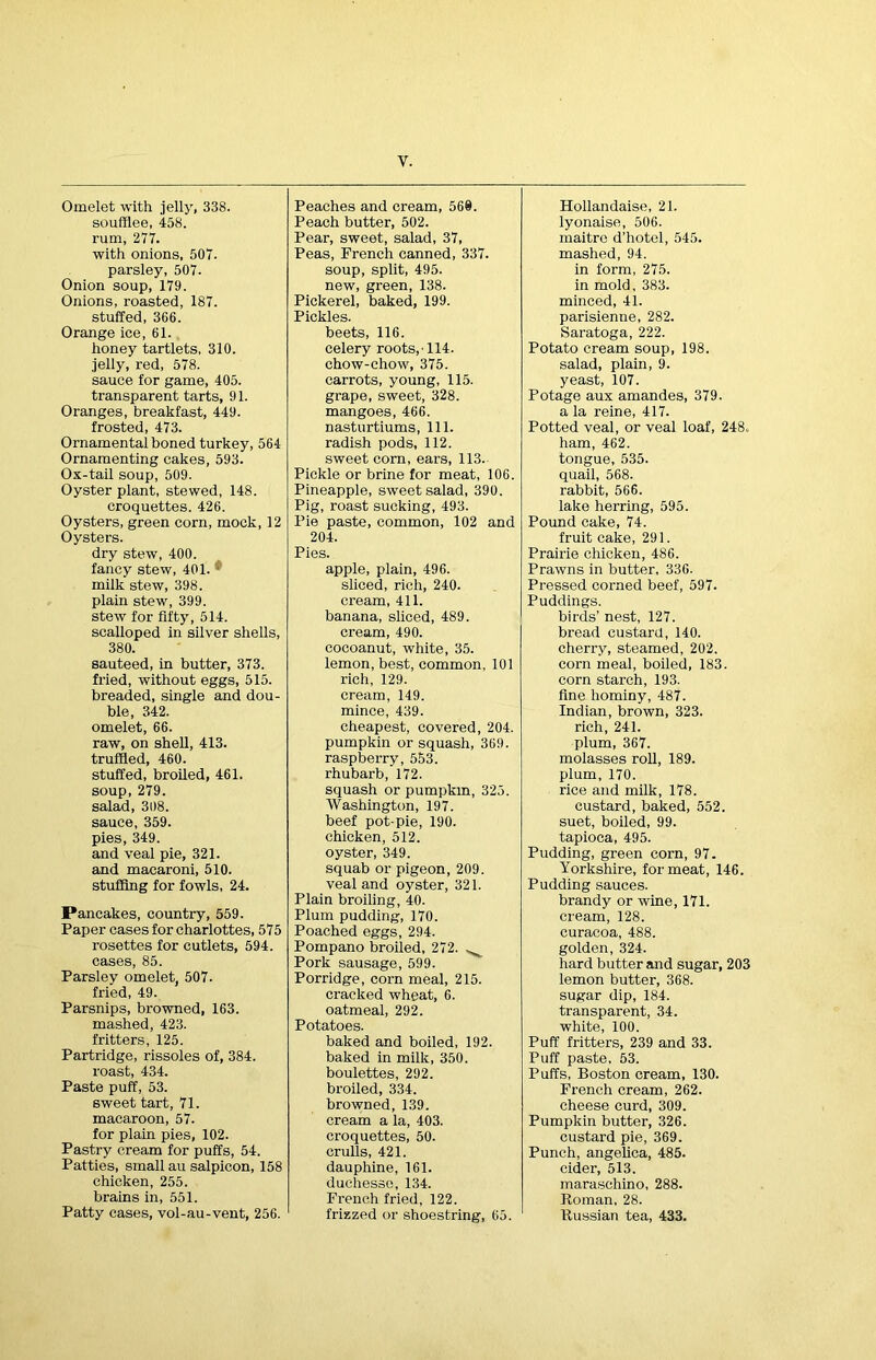 y. Omelet with jelly, 338. soufflee, 458. rum, 277. with onions, 507. parsley, 507. Onion soup, 179. Onions, roasted, 187. stuffed, 366. Orange ice, 61. honey tartlets, 310. jelly, red, 578. sauce for game, 405. transparent tarts, 91. Oranges, breakfast, 449. frosted, 473. Ornamental boned turkey, 564 Ornamenting cakes, 593. Ox-tail soup, 509. Oyster plant, stewed, 148. croquettes. 426. Oysters, green corn, mock, 12 Oysters. dry stew, 400. fancy stew, 401. ■ milk stew, 398. plain stew, 399. stew for fifty, 514. scalloped in silver shells, 380. sauteed, in butter, 373. fried, without eggs, 515. breaded, single and dou- ble, 342. omelet, 66. raw, on shell, 413. truffled, 460. stuffed, broiled, 461. soup, 279. salad, 308. sauce, 359. pies, 349. and veal pie, 321. and macaroni, 510. stuffing for fowls, 24. Pancakes, country, 559. Paper cases for charlottes, 575 rosettes for cutlets, 594. cases, 85. Parsley omelet, 507. fried, 49. Parsnips, browned, 163. mashed, 423. fritters, 125. Partridge, rissoles of, 384. roast, 434. Paste puff, 53. sweet tart, 71. macaroon, 57. for plain pies, 102. Pastry cream for puffs, 54. Patties, small au salpicon, 158 chicken, 255. brains in, 551. Patty cases, vol-au-vent, 256. Peaches and cream, 568. Peach butter, 502. Pear, sweet, salad, 37, Peas, French canned, 337. soup, split, 495. new, green, 138. Pickerel, baked, 199. Pickles. beets, 116. celery roots, 114. chow-chow, 375. carrots, young, 115. grape, sweet, 328. mangoes, 466. nasturtiums, 111. radish pods, 112. sweet corn, ears, 113. Pickle or brine for meat, 106. Pineapple, sweet salad, 390. Pig, roast sucking, 493. Pie paste, common, 102 and 204. Pies. apple, plain, 496. sliced, rich, 240. cream, 411. banana, sliced, 489. cream, 490. cocoanut, white, 35. lemon, best, common, 101 rich, 129. cream, 149. mince, 439. cheapest, covered, 204. pumpkin or squash, 369. raspberry, 553. rhubarb, 172. squash or pumpkin, 325. Washington, 197. beef pot-pie, 190. chicken, 512. oyster, 349. squab or pigeon, 209. veal and oyster, 321. Plain broiling, 40. Plum pudding, 170. Poached eggs, 294. Pompano broiled, 272. - Pork sausage, 599. Porridge, corn meal, 215. cracked wheat, 6. oatmeal, 292. Potatoes. baked and boiled, 192. baked in milk, 350. boulettes, 292. broiled, 334. browned, 139. cream a la, 403. croquettes, 50. crulls, 421. dauphine, 161. duchesso, 134. French fried, 122. frizzed or shoestring, 65. Hollandaise, 21. lyonaise, 506. maitre d’hotel, 545. mashed, 94. in form, 275. in mold, 383. minced, 41. parisienne, 282. Saratoga, 222. Potato cream soup, 198. salad, plain, 9. yeast, 107. Potage aux amandes, 379. a la reine, 417. Potted veal, or veal loaf, 248. ham, 462. tongue, 535. quail, 568. rabbit, 566. lake herring, 595. Pound cake, 74. fruit cake, 291. Prairie chicken, 486. Prawns in butter, 336. Pressed corned beef, 597. Puddings. birds’ nest, 127. bread custard, 140. cherry, steamed, 202. corn meal, boiled, 183. corn starch, 193. fine hominy, 487. Indian, brown, 323. rich, 241. plum, 367. molasses roll, 189. plum, 170. rice and milk, 178. custard, baked, 552. suet, boiled, 99. tapioca, 495. Pudding, green corn, 97. Yorkshire, for meat, 146. Pudding sauces. brandy or wine, 171. cream, 128. curacoa, 488. golden, 324. hard butter and sugar, 203 lemon butter, 368. sugar dip, 184. transparent, 34. white, 100. Puff fritters, 239 and 33. Puff paste, 53. Puffs, Boston cream, 130. French cream, 262. cheese curd, 309. Pumpkin butter, 326. custard pie, 369. Punch, angelica, 485. cider, 513. maraschino, 288. Roman, 28. Russian tea, 433.