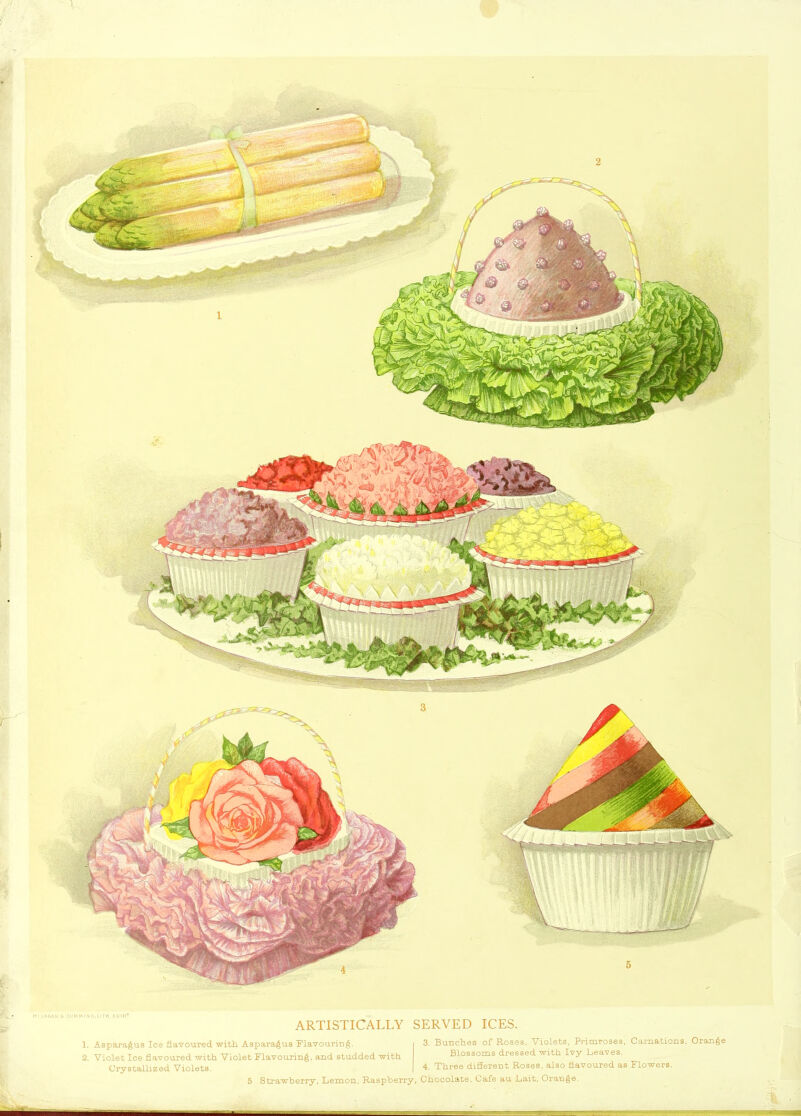 ARTISTICALLY SERVED ICES. 1. Asparagus Ice flavoured, with Asparagus Flavouring. 2. Violet Ice flavoured with Violet Flavouring, and studded with Crystallized Violets. 5 Strawberry, Lemon, Raspberry, 3. Bunches of Roses, Violets, Primroses, Carnations, Orange Blossoms dressed with Ivy Leaves. 4. Three different Roses, also flavoured as Flowers. Chocolate, Cafe au Lait, Orange. ■ — -