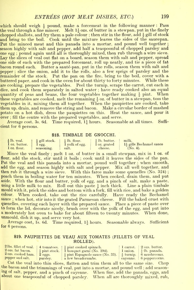 which should weigh \ pound, make a forcemeat in the following manner : Pass the veal through a fine mincer. Melt li ozs. of butter in a stewpan, put in the finely chopped shallots, and fry them a pale colour ; then stir in the flour, add | gill of stock and bring to the boil. Cook until the mixture leaves the sides of the saucepan. Put the minced meat and this panada into a mortar, and pound well together ; season highly with salt and pepper, add half a teaspoonful of chopped parsley and one egg ; pound again until all is thoroughly mixed, then rub through a wire sieve. Lay the slices of veal out flat on a board, season them with salt and pepper, spread one side of each with the prepared forcemeat, roll up neatly, and tie a piece of fat bacon round each. Butter a saute-pan, put in the rolls, season them with salt and pepper ; slice the onion, add it to the rolls, also a few sprigs of parsley and the remainder of the stock. Put the pan on the fire, bring to the boil, cover with a buttered paper, and cook in the oven for about thirty to forty minutes. While these are cooking, prepare the vegetables. Peel the turnip, scrape the carrot, cut each in dice, and cook them separately in salted water ; have ready cooked also an equal quantity of peas and beans, the four vegetables together making | pint. When these vegetables are cooked, melt the remaining \ oz. of butter in a stewpan, toss the vegetables in it, mixing them all together. When the paupiettes are cooked, take them up, drain, and remove the string and bacon. Make a circular border of mashed potato on a hot dish, dress the paupiettes on this. Heat the sauce, and pour it over ; fill the centre with the prepared vegetables, and serve. Average cost, 3s. Gd. Time required, lj hours. Seasonable at all times. Suffi- cient for 6 persons. 818. TIMBALE DE GNOCCHI. J lb. veal. i gill stock. \ lb. flour. J lb. butter. 1 milk. I oz. butter. 1 egg. 1 yolk of egg. 1 1 oz. grated 1J gills Bechamel sauce 1 oz. flour. seasoning. salt. | cheese. (No. 4). Mince the veal finely ; nielt 1 oz. of butter in a small stewpan, mix in 1 oz. of flour, add the stock, stir until it boils ; cook until it leaves the sides of the pan. Put the veal and this panada into a mortar, pound well together ; when smooth, add the egg, and season highly with salt and pepper. Mix all well together, and then rub it through a wire sieve. With this farce make some quenelles (No. 324) ; poach them in boiling water for ten minutes. When cooked, drain them, and put aside. With the flour and butter, yolk of egg, and a pinch of salt, make a paste, using a little milk to mix. Roll out this paste J inch thick. Line a plain timbale mould with it, prick the sides and bottom with a fork, fill with rice, and bake a golden colour. When cooked, take out the rice carefully. Have ready the Bechamel sauce ; when hot, stir into it the grated Parmesan cheese. Fill the baked crust with quenelles, covering each layer with the prepared sauce. Place a piece of paste over to form the lid, decorate nicely, brush over with the yolk of the egg, and put into a moderately hot oven to bake for about fifteen to twenty minutes. When done, unmould, dish it up, and serve very hot. Average cost, Is. 6d. Time required, 1| hours. Seasonable always. Sufficient for 6 persons. 819. PAUPIETTES DE VEAU AUX TOMATES (FILLETS OF VEAL ROLLED). 2 lbs. fillet of veal. 2 ozs. fat bacon. 2 ozs. cooked ham. pepper and salt. 4 tomatoes. ^ pint cooked spinach. 1 carrot. £ pint stock. 1 bouquet garni (No. 194). 1 onion. 2 eggs. ^ pint Espagnole sauce (No. 33). J turnip. parsley. a few breadcrumbs. cayenne. 2 ozs. butter, plb. panada. 6 mushrooms. 6 peppercorns. Cut the veal into thin slices, flatten and trim them all to the same size. Chop the bacon and the trimmings of veal, put into a mortar, and pound well; add season- ing of salt, pepper, and a pinch of cayenne. When fine, add the panada, eggs, and about one teaspoonful of chopped parsley. When all are thoroughly mixed, rub,