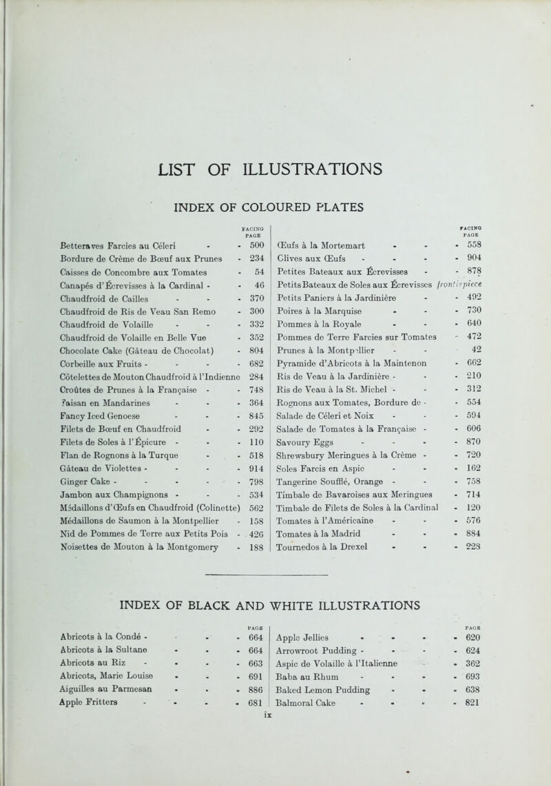 LIST OF ILLUSTRATIONS INDEX OF COLOURED PLATES FACING PAGE Betters ves Farcies au Celeri - - 500 Bordure de Creme de Boeuf aux Primes - 234 Caisses de Concombre aux Tomates - 54 Canapes d’ficrevisses a la Cardinal • - 46 Chaudfroid de Cailles - - - 370 Chaudfroid de Ris de Veau San Remo - 300 Chaudfroid de Volaille - - - 332 Chaudfroid de Volaille en Belle Vue • 352 Chocolate Cake (Gateau de Chocolat) - 804 Corbeille aux Fruits - - - - 682 Cotelettes de Mouton Chaudfroid a I’lndienno 284 Croutes de Prunes a la Fran9aise - - 748 ?aisan en Mandarines ... 364 Fancy Iced Genoese - - ■ 845 Filets do Boeuf en Chaudfroid - - 292 Filets de Soles a r fipicure - • - 110 Flan de Rognons a la Turque - - 518 Gateau de Violettes .... 914 Ginger Cake ..... 793 Jambon aux Champignons ... 534 MMaillons d’CEufs en Chaudfroid (Colinette) 562 Medallions de Saumon a la Montpellier - 158 Nid de Pommes de Terre aux Petits Pois - 426 Noisettes de Mouton k la Montgomery - 188 FACINO PAGE Glufs a la Mortemart . . • 558 Clives aux CEufs ... - 904 Petites Bateaux aux ficrevisses - - 878 PetitsBateaux de Soles aux Fcrevisses Iron!ispiece Petits Paniers a la Jardiniere - - 492 Poires a la Marquise ... 730 Pommes a la Royale ... 640 Pommes de Terre Farcies sur Tomates - 472 Prunes a la Montpillier - - 42 Pyramide d’Abricots a la Main tenon • 662 Ris de Veau a la Jardiniere - - - 210 Ris de Veau a la St. Michel - - - 312 Rognons aux Tomates, Bordure de - - 554 Salade de Celeri et Noix - - - 594 Salade de Tomates a la Fran9aise - - 606 Savoury Eggs - - - - 870 Shrewsbury Meringues a la Creme - - 720 Soles Farcis en Aspic - • - 162 Tangerine Souffle, Orange - - -758 Timbale de Bavaroises aux Meringues - 714 Timbale de Filets de Soles a la Cardinal - 120 Tomates a I’Americaine • - - 576 Tomates a la Madrid ... 884 Toumedos a la Drexel ... 223 INDEX OF BLACK AND PAGE Abricots a la Cond4 • - 664 Abricots a la Sultane • 664 Abricots au Riz - 663 Abricots, Marie Louise - 691 Aiguilles au Parmesan - 886 Apple Fritters . 681 WHITE ILLUSTRATIONS PAGE Apple Jellies • - - 620 Arrowroot Pudding - - - - 624 Aspic de Volaille a ITtalieime . 362 Baba au Rhum • - . 693 Baked Lemon Pudding - - . 638 Balmoral Cake . . - 821