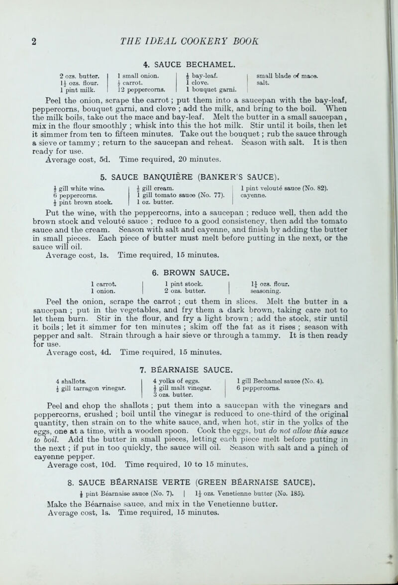 2 0Z8. butter. ozs. flour. 1 pint milk. 4. SAUCE BECHAMEL. 1 small onion. ^ carrot. 12 peppercorns. ^ bay-leaf. 1 clove. 1 bouquet garni. small blade o( mace, salt. Peel the onion, scrape the carrot; put them into a saucepan with the bay-leaf, peppercorns, bouquet garni, and clove ; add the milk, and bring to the boil. When the milk boils, take out the mace and bay-leaf. Melt the butter in a small saucepan, mix in the flour smoothly ; whisk into this the hot milk. Stir until it boils, then let it simmer from ten to fifteen minutes. Take out the bouquet; rub the sauce through a sieve or tammy ; return to the saucepan and reheat. Season with salt. It is then ready for use. Average cost, 5d. Time required, 20 minutes. 5. SAUCE BANQUIERE (BANKER’S SAUCE). ^ gill white wine. 6 peppercorns. ^ pint brown stock. I gill cream. 1 pint veloute sauce (No. 82). 1 gill tomato sauce (No. 77). I cayenne. 1 oz. butter. I Put the wine, with the peppercorns, into a saucepan ; reduce well, then add the brown stock and veloute sauce ; reduce to a good consistency, then add the tomato sauce and the cream. Season with salt and cayenne, and finish by adding the butter in small pieces. Each piece of butter must melt before putting in the next, or the sauce will oil. Average cost. Is. Time required, 15 minutes. 6. BROWN SAUCE. 1 carrot. I 1 pint stock. I IJ ozs. flour. 1 onion. | 2 ozs. butter. | seasoning. Peel the onion, scrape the carrot; cut them in slices. Melt the butter in a saucepan ; put in the vegetables, and fry them a dark brown, taking care not to let them burn. Stir in the flour, and fry a light brown ; add the stock, stir until it boils; let it simmer for ten minutes ; skim off the fat as it rises ; season with pepper and salt. Strain through a hair sieve or through a tammy. It is then ready for use. Average cost, 4d. Time required, 15 minutes. 7. BEARNAISE SAUCE, 4 shallots. i gill tarragon vinegar. 4 yolks of eggs. 1 gill Bechamel sauce (No. 4). I gill malt vinegar. 6 peppercorns. 3 ozs. butter. Peel and chop the shallots ; put them into a saucepan with the vinegars and peppercorns, crushed ; boil until the vinegar is reduced to one-third of the original quantity, then strain on to the white sauce, and, when hot, stir in the yolks of the eggs, one at a time, with a wooden spoon. Cook the eggs, but do not allow this sauce toooil. Add the butter in small pieces, letting each piece melt before putting in the next ; if put in too quickly, the sauce will oil. Season with salt and a pinch of cayenne pepper. Average cost, lOd. Time required, 10 to 15 minutes. 8. SAUCE b£ARNAISE VERTE (GREEN BEARNAISE SAUCE). J pint Bearnaise sauce (No. 7). | 1^ ozs. Veuetienne butter (No. 185). Make the Bearnaise sauce, and mix in the Venetienne butter.