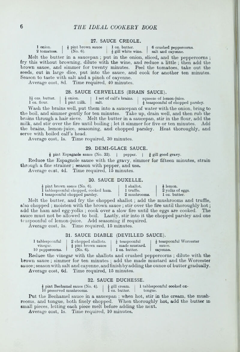 27. SAUCE CREOLE. 1 onion. I ^ pint brown sauce 1 1 oz. butter. I 6 crushed peppercorns. 2 tomatoes. | (No. 6). | ^ gill white wine. | salt and cayMine. Melt the butter in a saucepan ; put in the onion, shced, and the peppercorns ; fry this without browTiing, dilute with the wine, and reduce a httle ; then add the brown sauce, and simmer for twenty minutes. Peel the tomatoes, take out the seeds, cut in large dice, put into the sauce, and cook for another ten minutes. Season to taste with salt and a pinch of cayenne. Average cost, 8d. Time required, 40 minutes. 28. SAUCE CERVELLES (BRAIN SAUCE). ozs. butter. | ^ onion. I 1 set of calf’s brains. I squeeze of lemon-juice. 1 oz. flour. 1 1 pint milk. | salt. | ^ teaspoonful of chopped parsley. Wash the brains well, put them into a saucepan of water with the onion, bring to the boil, and simmer gently for ten minutes. Take up, drain well, and then rub the brains through a hair sieve. Melt the butter in a saucepan, stir in the flour, add the milk, and stir over the fire until boiling ; let it simmer for five or ten minutes. Add the brains, lemon-juice, seasoning, and chopped parsley. Heat thoroughly, and serve with boiled calf’s head. Average cost. Is. Time required, 30 minutes. 29. DEMI-GLACE SAUCE. J pint Espagnole sauce (No. 33). | pepper. | J gill good gravy. Reduce the Espagnole sauce with the gravy, simmer for fifteen minutes, strain through a fine strainer ; season with pepper, and use. Average cost, 4d. Time required, 15 minutes. 30. SAUCE DUXELLE. J pint brown sauce (No. 6). 1 tablespoonful chopped, cooked ham. 1 teaspoonful chopped parsley. 1 shallot. 1 truffle. 2 mushrooms. J lemon. 2 yolks of eggs. 1 oz. butter. Melt the butter, and fry the chopped shallot ; add the mushrooms and truffle, also chopped ; moisten with the browm sauce ; stir over the fire until thoroughly hot; add the ham and egg-yolks ; cook over a slow fire until the eggs are cooked. The sauce must not be allowed to boil. Lastly, stir into it the chopped parsley and one tcaspoonful of lemon-juice. Add seasoning if required. Average cost. Is. Time required, 15 minutes. 31. SAUCE DIABLE (DEVILLED SAUCE). 1 tablespoonful vinegar. 10 peppercorns. 2 chopped shallots. J pint brown sauce (No. 6). ^ teaspoonful made mustard. 1 oz. butter. ^ teaspoonful Worcester sauce, cayenne. Reduce the vinegar with the shallots and crushed peppercorns ; dilute with the brown sauce ; simmer for ten minutes ; add the made mustard and the Worcester sauce; season with salt and cayenne, and finish by adding the ounce of butter gradually. Average cost, 6d. Time required, 15 minutes. 32. SAUCE DUCHESSE. I pint Bechamel sauce (No. 4). I J giU cream. I 1 tablespoonful oooked ox- 10 preserved mushrooms. I 1 oz. butter. I tongue. Put the Bechamel sauce in a saucepan ; when hot, stir in the cream, the mush- rooms, and tongue, both finely chopped. When thoroughly hot, add the butter m small pieces, letting each piece melt before adding the next.