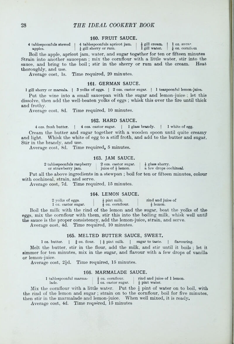 160. FRUIT SAUCE. 4 tablespoonfuls stewed I 4 tablespoonfuls apricot jam. I J gill cream. I 1 oz. su'ir.'i-. apples. I J gill sherry or rum. 1 1 gill water. | J oz. comliom Boil the apple, apricot jam, water, and sugar together for ten or fifteen minutes Strain into another saucepan ; mix the cornflour trith a little water, stir into the sauce, and bring to the boil; stir in the sherry or rum and the cream. Heat thoroughly, and use. Average cost. Is. Time required, 20 minutes. 161. GERMAN SAUCE. 1 gill sherry or marsala. | 3 yolks of eggs. | 2 ozs. castor sugar. | 1 teaspoonful lemon-jnice. Put the wine into a small saucepan with the sugar and lemon-juice ; let this dissolve, then add the well-beaten yolks of eggs ; whisk this over the fire until thick and frothy. Average cost, 8d. Time required, 10 minutes. 162. HARD SAUCE. 4 ozs. fresh butter. | 4 ozs. castor sugar. | 1 glass brandy. | 1 white of egg. Cream the butter and sugar together with a wooden spoon until quite creamy and light. Whisk the white of egg to a stiff froth, and add to the butter and sugar. Stir in the brandy, and use. Average cost, 8d. Time required, 5 minutes. 163. JAM SAUCE. 2 tablespoonfuls raspberry i 2 ozs. castor sugar, j or strawberry jam. | juice of \ lemon. Put all the above ingredients in a stewpan ; boil for with cochineal, strain, and serve. Average cost, 7d. Time required, 15 minutes. 164. LEMON SAUCE. 2 yolks of eggs. I ^ pint milk. I rind and juice of 1 oz. castor sugar. 1 \ oz. cornflour. | ^ lemon. Boil the milk with the rind of the lemon and the sugar, beat the yolks of the eggs, mix the cornflour with them, stir this into the boiling milk, whisk well until the sauce is the proper consistency, add the lemon-juice, strain, and serve. Average cost, 4d. Time required, 10 minutes. 165. MELTED BUTTER SAUCE, SWEET. 1 oz. butter. | | oz. flour. | | pint milk. | sugar to taste. | flavouring. Melt the butter, stir in the flour, add the milk, and stir until it boils ; let it simmer for ten minutes, mix in the sugar, and flavour with a few drops of vaniUa or lemon-juice. Average cost, 2jd. Time required, 15 minutes. 166. MARMALADE SAUCE. 1 tablespoonful marma- I J oz. cornflour. I rind and juice of 1 lemon, lade. I 1 oz. castor sugar. | ^ pint water. Mix the cornflour with a little water. Put the | pint of water on to boil, with the rind of the lemon and sugar ; strain on to the cornflour, boil for five minutes, then stir in the marmalade and lemon-juice. When well mixed, it is ready. Average cost, 4d. Time required, 15 minutes ^ glass sherry, a few drops cochineal. ten or fifteen minutes, colour