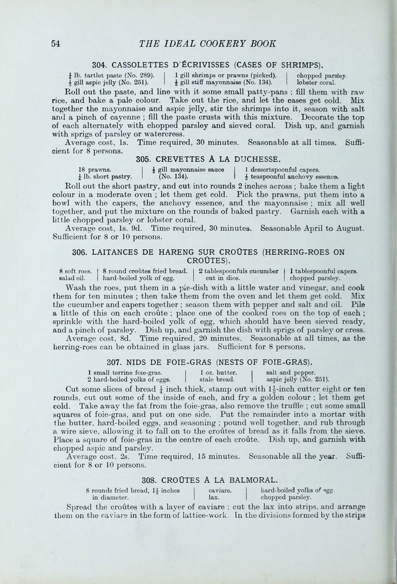 304. CASSOLETTES D’fiCRIVISSES (CASES OF SHRIMPS). J lb. tartlet paste (No. 289). I 1 gill shrimps or prawns (picked). I chopped parsley. i gill aspic jelly (No. 261). I ^ giU stiff mayonnaise (No. 134). I lobster coral. Roll out the paste, and line with it some small patty-pans ; fill them with raw rice, and bake a pale colour. Take out the rice, and let the cases get cold. Mix together the mayonnaise and aspic jelly, stir the shrimps into it, season with salt and a pinch of cayenne ; fill the paste crusts with this mixture. Decorate the top of each alternately with chopped parsley and sieved coral. Dish up, and garnish with sprigs of parsley or watercress. Average cost. Is. Time required, 30 minutes. Seasonable at all times. Suffi- cient for 8 persons. 305. CREVETTES A LA DUCHESSE. 18 prawns. I J gill mayonnaise sauce 1 1 dessertspoonful capers. 1 lb. short pastry. I (No. 134). I ^ teaspoonful anchovy essence. Roll out the short pastry, and cut into rounds 2 inches across ; bake them a light colour in a moderate oven ; let them get cold. Pick the prawns, put them into a bowl with the capers, the anchovy essence, and the mayonnaise ; mix all well together, and put the mixture on the rounds of baked pastry. Garnish each with a little chopped parsley or lobster coral. Average cost. Is. 9d. Time required, 30 minutes. Seasonable April to August. Sufficient for 8 or 10 persons. 306. LAITANCES DE HARENG SUR CROOTES (HERRING-ROES ON croOtes). 8 soft roes. I 8 round croutes fried bread. I 2 tablespoonfuls cucumber I 1 tablespoonful capers, salad oil. | hard-boiled yolk of egg. | cut in dice. | chopped parsley. Wash the roes, put them in a pie-dish with a little water and vinegar, and cook them for ten minutes ; then take them from the oven and let them get cold. Mix the cucumber and capers together ; season them with pepper and salt and oil. Pile a little of this on each croute ; place one of the cooked roes on the top of each ; sprinkle with the hard-boiled yolk of egg, which should have been sieved ready, and a pinch of parsley. Dish up, and garnish the dish with sprigs of parsley or cress. Average cost, 8d. Time required, 20 minutes. Seasonable at all times, as the herring-roes can be obtained in glass jars. Sufficient for 8 persons. 307. NIDS DE FOIE-GRAS (NESTS OF FOIE-GRAS). 1 small terrine foie-gras. I 1 oz. butter. 1 salt and pepper. 2 hard-boiled yolks of eggs. I stale bread. | aspic jelly (No. 251). Cut some slices of bread j inch thick, stamp out vdth l|-inch cutter eight or ten roimds, cut out some of the inside of each, and fry a golden colour ; let them get cold. Take away the fat from the foie-gras, also remove the truffle ; cut some small squares of foie-gras, and put on one side. Put the remainder into a mortar with the butter, hard-boiled eggs, and seasoning ; pound well together, and rub through a. wire sieve, allowing it to fall on to the croutes of bread as it falls from the sieve. Place a square of foie-gras in the centre of each croute. Dish up, and garnish with chopped aspic and parsley. Average cost, 2s. Time required, 15 minutes. Seasonable all the year. Suffi- cient for 8 or 10 persons. 308. croOtes A la Balmoral. 8 rounds fried bread, 1^ inches I caviare. I hard-boiled yolks of egg. in diameter. I lax. | chopped parsley. Spread the croutes with a layer of caviare : cut the lax into strips, and arrange them on the caviai’e in the form of lattice-work. In the divisions formed by the strips