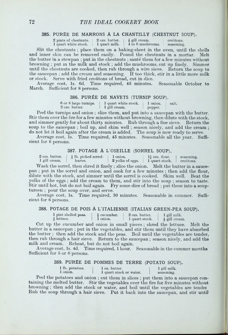 385. PUREE DE MARRONS A LA CHANTILLY (CHESTNUT SOUP). 2 pints of chestnuts. 2 ozs. butter. 1 \ gill cream. croutons. 1 quart white stock. i 1 quart milk. | 4 to 6 mushrooms. seasoning. Slit the chestnuts ; place them on a baking-sheet in the oven, until the shells and inner skin can be removed easily. Pound the chestnuts in a mortar. Melt the butter in a stewpan ; put in the chestnuts ; saute them for a few minutes without browning ; put m the milk and stock ; add the mushrooms, cut up finely. Simmer until the chestnuts are cooked, then rub through a wire sieve. Return the soup to the saucepan ; add the cream and seasoning. If too thick, stir in a little more milk or stock. Serve with fried croutons of bread, cut in dice. Average cost. Is. 6d. Time required, 45 minutes. Seasonable October to March. Sufficient for 8 persons. 386. PUREE DE NAVETS (TURNIP SOUP). 6 or 8 large turnips. I 1 quart white stock, j 1 onion. ' salt. 2 ozs. butter. | 1 gill cream. ' pepper. Peel the turnips and onion ; shce them, and put into a saucepan with the butter. Stir them over the fire for a few minutes without browming, then dilute with the stock, and simmer gently for about thirt}^ minutes. Rub through a fine sieve. Return the soup to the saucepan ; boil up, and skim well ; season nicely, and add the cream ; do not let it boil again after the cream is added. The soup is now ready to serve. Average cost. Is. Time required, 45 minutes. Seasonable all the year. Suffi- cient for 6 persons. 387. POTAGE A L’OSEILLE (SORREL SOUP). 2 ozs. butter. 1 \ lb. picked sorrel- 1 1 onion. IJ ozs. flour. 1 seasoning. 1 gill cream. 1 leaves. 2 yolks of eggs. 1 1 quart stock. 1 croutons. Wash the sorrel, then shred it finely ; slice the onion. Melt the butter in a sauce- pan ; put in the sorrel and onion, and cook for a few minutes ; then add the flour, dilute with the stock, and simmer imtil the sorrel is cooked. Skim well. Beat the yolks of the eggs ; add the cream to them, and stir into the soup ; season to taste. Stir until hot, but do not boil again. Fry some dice of bread ; put these into a soup- tureen ; pour the soup over, and serve. Average cost. Is. Time required, 30 minutes. Seasonable in summer. Suffi- cient for 6 persons. 388. POTAGE DE POIS A LTTALIENNE (ITALIAN GREEN-PEA SOUP). 1 pint shelled peas. I ^ cucumber. I 2 ozs. butter. | 1 giU milk. J lettuce. I 1 onion. I 1 quart stock. | ^ giU cream. Cut up the cucumber and onion in small pieces ; shred the lettuce. Melt the butter in a saucepan ; put in the vegetables, and stir them until they have absorbed the butter ; then add the stock and the peas. Boil until the vegetables are tender, then rub through a hair sieve. Return to the saucepan ; season nicely, and add the milk and cream. Reheat, but do not boil again. Average cost. Is. 4d. Time required, 1 hour. Seasonable in the summer months Sufficient for 5 or 6 persons. 389. PUREE DE POMMES DE TERRE (POTATO SOUP). 1 lb. potatoes. I 1 oz. butter. 1 1 giU milk. 1 onion. | 1 quart stock or water. 1 seasoning. Peel the potatoes and onion ; cut them in shces ; put them into a saucepan con- taining the melted butter. Stir the vegetables over the fire for five minutes without browning ; then add the stock or water, and boil imtil the vegetables are tender Rub the soup through a hair sieve. Put it back into the saucepan, and stir until