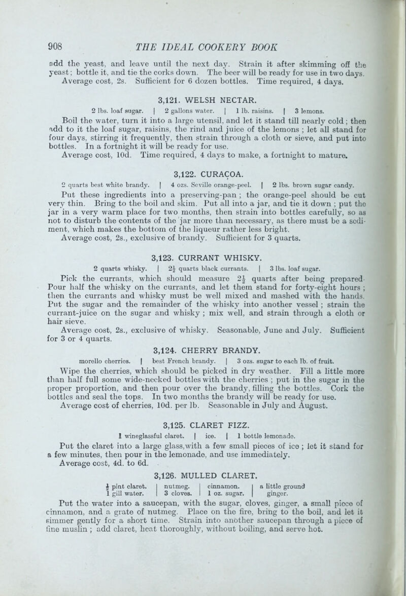 odd the yeast, and leave until the next day. Strain it after skimming oS the yeast; bottle it, and tie the corks down. The beer will be ready for use in two days. Average cost, 2s. Sufficient for 6 dozen bottles. Time required, 4 days. 3,121. WELSH NECTAR. 2 lbs. loaf sugar. | 2 gallons water. | 1 lb. raisins. | 3 lemons. Boil the water, turn it into a large utensil, and let it stand till nearly cold; then add to it the loaf sugar, raisins, the rind and juice of the lemons ; let all stand for four days, stirring it frequently, then strain through a cloth or sieve, and put into bottles. In a fortnight it will be ready for use. Average cost, lOd. Time required, 4 days to make, a fortnight to mature. 3,122. CURACOA. 2 quarts best white brandy. | 4 ozs. Seville orange-peel. | 2 lbs. brown sugar candy. Put these ingredients into a preserving-pan ; the orange-peel should be cut very thin. Bring to the boil and skim. Put all into a jar, and tie it down ; put the jar in a very warm place for two months, then strain into bottles carefully, so as not to disturb the contents of the jar more than necessary, as there must be a sedi- ment, which makes the bottom of the liqueur rather less bright. Average cost, 2s., exclusive of brandy. Sufficient for 3 quarts. 3.123. CURRANT WHISKY. 2 quarts whisky. | 2J quarts black currants. | 3 lbs. loaf sugar. Pick the currants, which should measure 2^ quarts after being prepared- Pour half the whisky on the currants, and let them stand for forty-eight hours ; then the currants and whisky must be well mixed and mashed with the hands. Put the sugar and the remainder of the whisky into another vessel ; strain the currant-juice on the sugar and whisky ; mix well, and strain through a cloth or hair sieve. Average cost, 2s., exclusive of whisky. Seasonable, June and July. Sufficient for 3 or 4 quarts. 3.124. CHERRY BRANDY. morello cherries. | best French brandy. | 3 ozs. sugar to each lb. of fruit. Wipe the cherries, which should be picked in dry weather. Fill a little more than half fuU some wide-necked bottles with the cherries ; put in the sugar in the proper proportion, and then pour over the brandy, filling the bottles. Cork the bottles and seal the tops. In two months the brandy wiU be ready for use. Average cost of cherries, lOd. per lb. Seasonable in July and August. 3,125. CLARET FIZZ. 1 wineglassful claret. | ice. | 1 bottle lemonade. Put the claret into a large glass,with a few small pieces of ice ; let it stand for a few minutes, then pour in the lemonade, and use immediately. Average cost, 4d. to 6d. 3,126. MULLED CLARET. J pint claret. I nutmeg. I cinnamon. I a little ground 1 gill water. | 3 cloves. 1 1 oz. sugar. | ginger. Put the water into a saucepan, with the sugar, cloves, ginger, a small piece of cinnamon, and a grate of nutmeg. Place on the fire, bring to the boil, and let it simmer gently for a short time. Strain into another saucepan through a piece of fine muslin ; add claret, heat thoroughly, without boiling, and serve hot.
