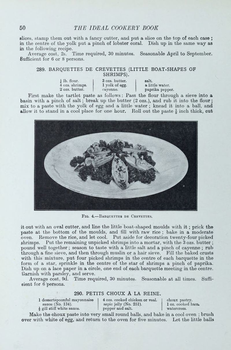 slices, stamp them out with a fancy cutter, and put a shoe on the top of each case ; in the centre of the yolk put a pinch of lobster coral. Dish up in the same way as in the following recipe. Average cost, 2s. Time required, 30 minutes. Seasonable April to September. Sufficient for 6 or 8 persons. 289. BARQUETTES DE CREVETTES (LITTLE BOAT-SHAPES OF SHRIMPS). £ lb. flour. 4 ozs. shrimps. 2 ozs. butter. 3 ozs. butter. 1 yolk of egg. cayenne. salt. a little water, paprika pepper. First make the tartlet paste as follows: Pass the flour through a sieve into a basin with a pinch of salt; break up the butter (2 ozs.), and rub it into the flour; mix to a paste with the yolk of egg and a little water ; knead it into a ball, and allow it to stand in a cool place for one hour. Roll out the paste £ inch thick, cut Fig. 4.—Barquettes de Crevettes. it out with an oval cutter, and line the little boat-shaped moulds with it ; prick the paste at the bottom of the moulds, and fill with raw rice ; bake in a moderate oven. Remove the rice, and let cool. Put aside for decoration twenty-four picked shrimps. Put the remaining unpicked shrimps into a mortar, with the 3 ozs. butter ; pound well together ; season to taste with a little salt and a pinch of cayenne ; rub through a fine sieve, and then through muslin or a hair sieve. Fill the baked crusts with this mixture, put four picked shrimps in the centre of each barquette in the form of a star, sprinkle in the centre of the star of shrimps a pinch of paprika. Dish up on a lace paper in a circle, one end of each barquette meeting in the centre. Garnish with parsley, and serve. Average cost, 9d. Time required, 30 minutes. Seasonable at all times. Suffi- cient for 6 persons. 290. PETITS CHOUX A LA REINE. 1 dessertspoonful mayonnaise sauoe (No. 134). I gill stiff white sauce. 4 ozs. cooked chioken or veal, aspic jelly (No. 251). pepper and salt. choux pastry. 1 oz. cooked ham. watercress. Make the choux paste into very small round balls, and bake in a cool oven ; brush over with white of egg, and return to the oven for five minutes. Let the little balls