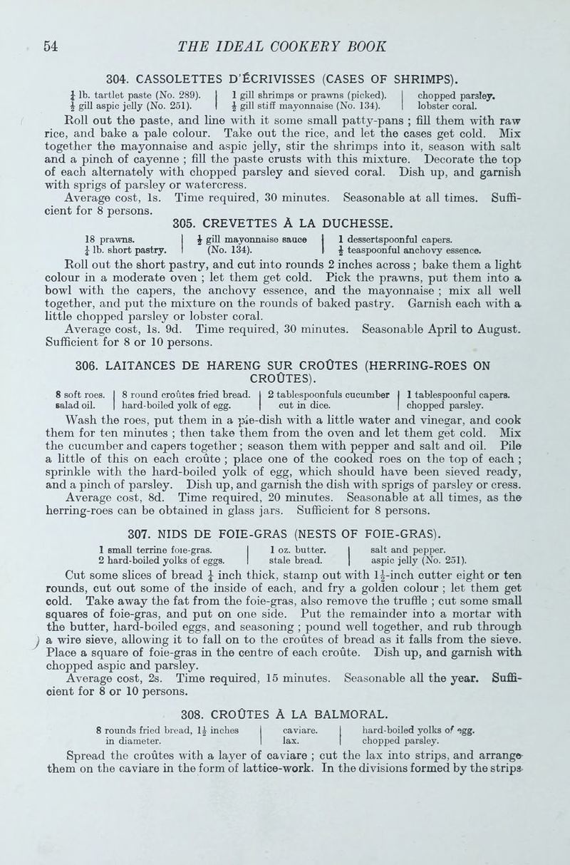 304. CASSOLETTES D’ECRIVISSES (CASES OF SHRIMPS). \ lb. tartlet paste (No. 289). I 1 gill shrimps or prawns (picked). I chopped parsley. | gill aspic jelly (No. 251). I £ gill stiff mayonnaise (No. 134). | lobster coral. Roll out the paste, and line with it some small patty-pans ; fill them with raw rice, and bake a pale colour. Take out the rice, and let the cases get cold. Mix together the mayonnaise and aspic jelly, stir the shrimps into it, season with salt and a pinch of cayenne ; fill the paste crusts with this mixture. Decorate the top of each alternately with chopped parsley and sieved coral. Dish up, and garnish with sprigs of parsley or watercress. Average cost, Is. Time required, 30 minutes. Seasonable at all times. Suffi- cient for 8 persons. 305. CREVETTES A LA DUCHESSE. 18 prawns. I £ gill mayonnaise sauce I 1 dessertspoonful capers. \ lb. short pastry. I (No. 134). 1 £ teaspoonful anchovy essence. Roll out the short pastry, and cut into rounds 2 inches across ; bake them a light colour in a moderate oven ; let them get cold. Pick the prawns, put them into a bowl with the capers, the anchovy essence, and the mayonnaise ; mix all well together, and put the mixture on the rounds of baked pastry. Garnish each with a little chopped parsley or lobster coral. Average cost, Is. 9d. Time required, 30 minutes. Seasonable April to August. Sufficient for 8 or 10 persons. 306. LAITANCES DE HARENG SUR CROOTES (HERRING-ROES ON CROUTES). 8 soft roes. I 8 round croutes fried bread. | 2 tablespoonfuls cucumber I 1 tablespoonful capers, salad oil. | hard-boiled yolk of egg. | cut in dice. | chopped parsley. Wash the roes, put them in a pie-dish with a little water and vinegar, and cook them for ten minutes ; then take them from the oven and let them get cold. Mix the cucumber and capers together ; season them with pepper and salt and oil. Pile a little of this on each croute ; place one of the cooked roes on the top of each ; sprinkle with the hard-boiled yolk of egg, which should have been sieved ready, and a pinch of parsley. Dish up, and garnish the dish with sprigs of parsley or cress. Average cost, 8d. Time required, 20 minutes. Seasonable at all times, as the herring-roes can be obtained in glass jars. Sufficient for 8 persons. 307. NIDS DE FOIE-GRAS (NESTS OF FOIE-GRAS). 1 small terrine foie-gras. I 1 oz. butter. I salt and pepper. 2 hard-boiled yolks of eggs. I stale bread. | aspic jelly (No. 251). Cut some slices of bread \ inch thick, stamp out with 1^-inch cutter eight or ten rounds, cut out some of the inside of each, and fry a golden colour ; let them get cold. Take away the fat from the foie-gras, also remove the truffle ; cut some small squares of foie-gras, and put on one side. Put the remainder into a mortar with the butter, hard-boiled eggs, and seasoning ; pound well together, and rub through a wire sieve, allowing it to fall on to the croutes of bread as it falls from the sieve. Place a square of foie-gras in the centre of each croute. Dish up, and garnish with chopped aspic and parsley. Average cost, 2s. Time required, 15 minutes. Seasonable all the year. Suffi- cient for 8 or 10 persons. 308. CROUTES A LA BALMORAL. 8 rounds fried bread, inches | caviare. | hard-boiled yolks of egg. in diameter. I lax. | chopped parsley. Spread the croutes with a layer of caviare ; cut the lax into strips, and arrange- them on the caviare in the form of lattice-work. In the divisions formed by the strips