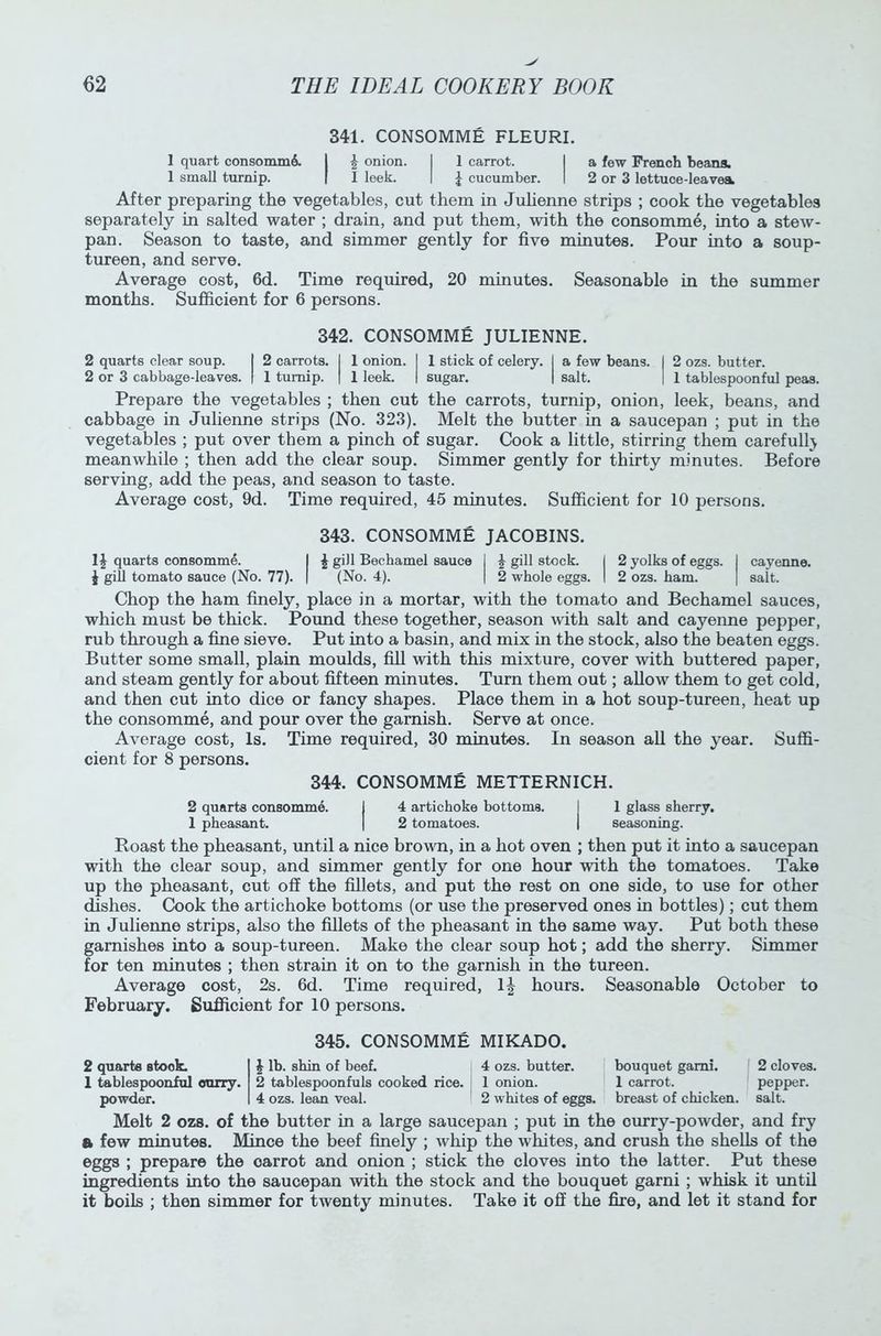 341. CONSOMME FLEURI. 1 quart consommS. I £ onion. I 1 carrot. I a few French beans. 1 small turnip. | 1 leek. I \ cucumber. I 2 or 3 lettuce-leavea After preparing the vegetables, cut them in Julienne strips ; cook the vegetables separately in salted water ; drain, and put them, with the consomme, into a stew- pan. Season to taste, and simmer gently for five minutes. Pour into a soup- tureen, and serve. Average cost, 6d. Time required, 20 minutes. Seasonable in the summer months. Sufficient for 6 persons. 342. CONSOMME JULIENNE. 2 quarts clear soup. I 2 carrots. I 1 onion. I 1 stick of celery. I a few beans. I 2 ozs. butter. 2 or 3 cabbage-leaves. | 1 turnip. | 1 leek. | sugar. | salt. | 1 tablespoonful peas. Prepare the vegetables ; then cut the carrots, turnip, onion, leek, beans, and cabbage in Julienne strips (No. 323). Melt the butter in a saucepan ; put in the vegetables ; put over them a pinch of sugar. Cook a little, stirring them carefully meanwhile ; then add the clear soup. Simmer gently for thirty minutes. Before serving, add the peas, and season to taste. Average cost, 9d. Time required, 45 minutes. Sufficient for 10 persons. 343. CONSOMME JACOBINS. If quarts consomme. I £ gill Bechamel sauce I £ gill stock. j 2 yolks of eggs. I cayenne. $ gill tomato sauce (No. 77). | (No. 4). | 2 whole eggs. I 2 ozs. ham. | salt. Chop the ham finely, place in a mortar, with the tomato and Bechamel sauces, which must be thick. Pound these together, season with salt and cayenne pepper, rub through a fine sieve. Put into a basin, and mix in the stock, also the beaten eggs. Butter some small, plain moulds, fill with this mixture, cover with buttered paper, and steam gently for about fifteen minutes. Turn them out; allow them to get cold, and then cut into dice or fancy shapes. Place them in a hot soup-tureen, heat up the consomme, and pour over the garnish. Serve at once. Average cost, Is. Time required, 30 minutes. In season all the year. Suffi- cient for 8 persons. 344. CONSOMME METTERNICH. 2 quarts consomme. ) 4 artichoke bottoms. I 1 glass sherry. 1 pheasant. | 2 tomatoes. | seasoning. Roast the pheasant, until a nice brown, in a hot oven ; then put it into a saucepan with the clear soup, and simmer gently for one hour with the tomatoes. Take up the pheasant, cut off the fillets, and put the rest on one side, to use for other dishes. Cook the artichoke bottoms (or use the preserved ones in bottles); cut them in Julienne strips, also the fillets of the pheasant in the same way. Put both these garnishes into a soup-tureen. Make the clear soup hot; add the sherry. Simmer for ten minutes ; then strain it on to the garnish in the tureen. Average cost, 2s. 6d. Time required, lj hours. Seasonable October to February. Sufficient for 10 persons. 345. CONSOMME MIKADO. 2 quarts stook. 1 tablespoonful carry, powder. J lb. shin of beef. 2 tablespoonfuls cooked rice. 4 ozs. lean veal. 4 ozs. butter. bouquet garni. 2 cloves. 1 onion. 1 carrot. pepper. 2 whites of eggs, breast of chicken, salt. Melt 2 ozs. of the butter in a large saucepan ; put in the curry-powder, and fry a few minutes. Mince the beef finely ; whip the whites, and crush the shells of the eggs ; prepare the oarrot and onion ; stick the cloves into the latter. Put these ingredients into the saucepan with the stock and the bouquet garni ; whisk it until it boils ; then simmer for twenty minutes. Take it off the fire, and let it stand for