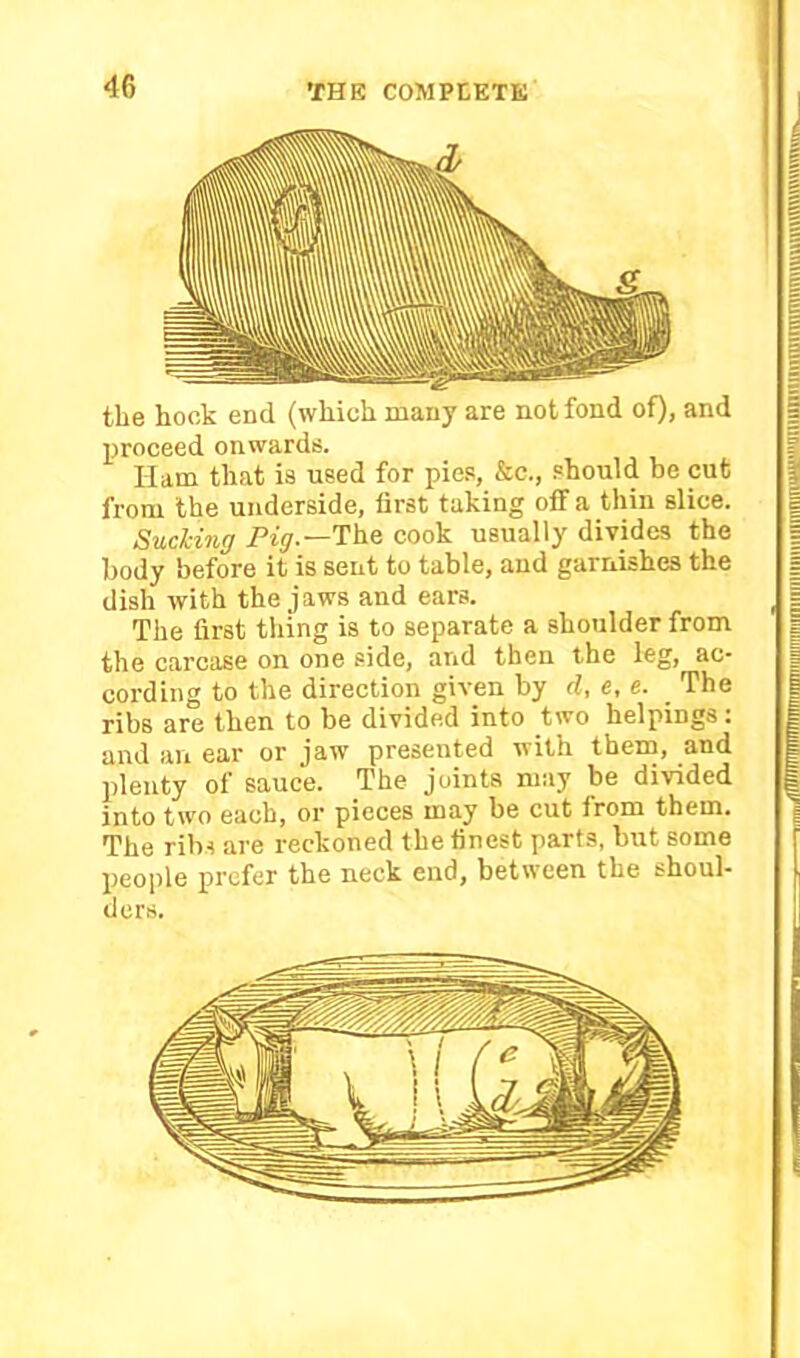 the hock end (which many are not fond of), and proceed onwards. Ham that is used for pies, &c., should be cut from the underside, first taking off a thin slice. Sucking Pig-—The cook usually divides the body before it is sent to table, and garnishes the dish with the jaws and ears. The first thing is to separate a shoulder from the carcase on one side, and then the leg, ac- cording to the direction given by cl, e, e. The ribs are then to be divided into two helpings: and an ear or jaw presented with them, and plenty of sauce. The joints may be divided into two each, or pieces may be cut from them. The ribs are reckoned the finest parts, but some people prefer the neck end, between the shoul- ders.