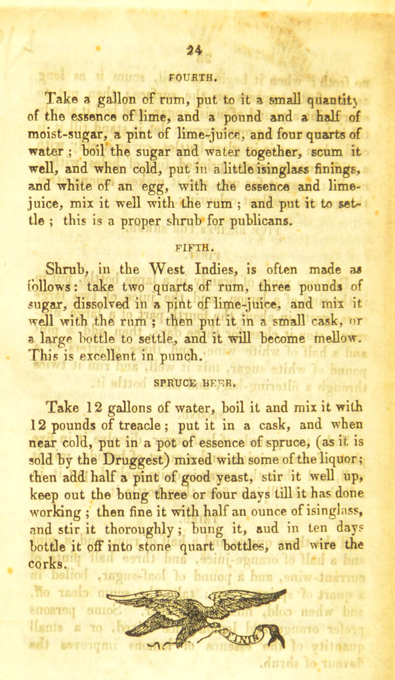 FOURTH. Take a gallon of rum, put to it a small quantity of the essence of lime, and a pound and a half of moist-sugar, a pint of lime-juice, and four quarts of water ; boil the sugar and water together, scum it well, and when cold, put in a little isinglass finings, and white of an egg, with the essence and lime- juice, mix it well with the rum ; and put it to set- tle ; this is a proper shrub for publicans. FIFTH. Shrub, in the West Indies, is often made as follows: take two quarts of rum, three pounds of sugar, dissolved in a pint of lime-juice, and mix it well with the rum ; then put it in a small cask, or a large bottle to settle, and it will become mellow. This is excellent in punch. SPRUCE BEER. Take 12 gallons of water, boil it and mix it with 12 pounds of treacle ; put it in a cask, and when near cold, put in a pot of essence of spruce, (as it is sold by the Druggest) mixed with some of the liquor; then add half a pint of good yeast, stir it well up, keep out the bung three or four days till it has done working ; then fine it with half an ounce of isinglass, and stir it thoroughly; bung it, aud in ten days bottle it off into stone quart bottles, and wire the corks.